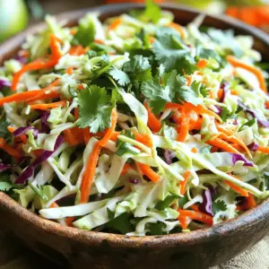 - 4 cups green cabbage - 1 cup red cabbage - 1 large carrot - 1/2 red bell pepper - 1/4 cup fresh cilantro - 2 tablespoons lime juice - 1 tablespoon olive oil - 1 teaspoon honey - Seasoning options For this slaw, I love using fresh vegetables. The green cabbage brings a crisp texture. Red cabbage adds a pop of color. Carrots give it a slight sweetness. The red bell pepper adds crunch and flavor. Fresh cilantro is a must for that bright taste. Lime juice gives it zing, while honey adds a touch of sweetness. Olive oil keeps everything moist and flavorful. - Vegan options: Use agave syrup instead of honey. You can also skip the honey altogether. - Low-sodium alternatives: Choose low-sodium soy sauce if you like. These swaps make the slaw fit different diets. You can easily adjust it to your taste. - Calories: Approximately 100 calories - Macros breakdown: - Fat: 5g - Carbs: 12g - Protein: 2g Cilantro lime slaw is not just tasty; it's good for you too! Cabbage is high in fiber. It helps with digestion and keeps you full. Cilantro is rich in vitamins A and C. Lime juice boosts your immune system. Overall, this slaw is a crunchy, refreshing dish that adds nutrition to any meal. For the full recipe, check the link above. To start, we need to prepare the vegetables. First, take your green and red cabbage. Cut them into thin strips to make the slaw crunchy. Aim for four cups of green cabbage and one cup of red cabbage. Use a sharp knife or a mandoline for even cuts. Next, grab a large carrot. Use a box grater or a food processor to grate it. You want one large carrot for the best color and taste. The carrot adds a nice crunch and sweetness to the slaw. Finally, slice half a red bell pepper into thin strips. This adds a pop of color and flavor. Make sure the slices are even so they mix well with the other veggies. Now, let’s make the dressing. In a small bowl, squeeze the juice from fresh limes. You need two tablespoons of this lime juice. Add one tablespoon of extra virgin olive oil for richness. Next, stir in one teaspoon of honey or agave syrup if you want a vegan option. Then, add half a teaspoon of ground cumin. This spice gives a warm flavor to the dressing. Finish by adding a pinch of sea salt and freshly cracked black pepper. To mix, use a whisk. Whisk the ingredients well until the dressing is smooth. If you want a creamier texture, whisk a bit longer. Now it’s time to combine everything. In a large mixing bowl, add the shredded cabbage, grated carrot, and sliced bell pepper. Pour the dressing over the veggies. Don’t forget to sprinkle in the chopped cilantro for fresh flavor. Using tongs or two large forks, toss the mixture gently. Make sure all the veggies are coated with the dressing. This step is key to getting all the flavors together. Let the slaw rest for 10-15 minutes. This allows the flavors to blend and the veggies to soften slightly. After resting, serve it chilled or at room temperature. Enjoy your fresh and flavorful cilantro lime slaw with tacos or as a side dish. For the full recipe, check out the section above. To get the best taste from your cilantro lime slaw, marinate it for about 10 to 15 minutes. This time allows the flavors to blend well. If you serve it too soon, the taste will not be as vibrant. I also suggest serving the slaw chilled or at room temperature. It pairs wonderfully with tacos or grilled chicken. You can boost the flavor by adding more herbs or spices. Fresh mint or parsley works well. If you want to get creative, consider incorporating fruits like diced mango or pineapple. They add a nice sweetness that balances the tangy lime. One big mistake is overmixing the ingredients. If you mix too hard, the vegetables can become mushy. Also, avoid using stale or wilted vegetables. Freshness is key to a great slaw. Always pick crisp cabbage and bright peppers for the best results. For the full recipe, click here: [Full Recipe]. {{image_4}} Customizing your cilantro lime slaw can make it fit your taste and diet. You can add protein like chicken or tofu. Both options make the dish heartier. If you need gluten-free choices, this slaw is perfect as is. All the main ingredients are naturally gluten-free. For flavor variations, you can spice things up. Turn your slaw into a spicy cilantro lime slaw by adding diced jalapeños or a splash of hot sauce. Want to sweeten it? Try adding fruits like mango or pineapple for a twist. They bring a new level of freshness and sweetness. You can also adapt this slaw to different regions. A Southwest-style slaw could use black beans and corn. This adds a nice crunch and a hearty feel. For an Asian-inspired twist, include sesame oil and thinly sliced radishes. This gives a unique flavor that pairs well with Asian dishes. For more details, check out the Full Recipe for the base cilantro lime slaw. To keep your Cilantro Lime Slaw fresh, store it in the fridge. Use airtight containers to prevent moisture loss. Glass containers work well, but plastic ones are just fine too. Make sure the lid seals tightly to keep out air. This slaw lasts about three days in the fridge. After that, it may lose its crunch. Look for signs of spoilage. If you see wilting or an off smell, it’s best to toss it. Cilantro Lime Slaw is best served cold. If you need to refresh it, add a splash of lime juice or a drizzle of olive oil. Toss it lightly to mix. This revitalizes the flavors and keeps it tasty and bright. To make great slaw, you should shred the cabbage. Use a sharp knife or a box grater for this. Cut the cabbage in half first, then slice each half into thin strips. For a quick method, try a food processor with a shredding disk. This makes the process fast and easy, giving you nice, even pieces. Remember, the thinner the strips, the better the texture in your slaw. Yes, you can prepare the slaw ahead. It tastes even better after some time in the fridge. If you want to make it a day in advance, just keep the dressing separate until serving. This helps keep the cabbage crisp. If you mix it early, the veggies may get soggy. Aim to combine it about 30 minutes before serving for the best flavor. You can change the flavor easily. If you want it sweeter, add more honey or a splash of orange juice. For more zing, try extra lime juice or even vinegar. If you like spice, add a pinch of chili powder or diced jalapeños. Each change can bring a new twist to the slaw, making it truly your own. Cilantro lime slaw is easy to make and delicious. You learned about the key ingredients and steps for great taste. I shared tips to enhance flavor and avoid common mistakes. You can also customize this slaw for different diets and flavor preferences. Remember, freshness matters, so store leftovers well. With these ideas, you can enjoy this slaw any time. Dive in and make your own version!