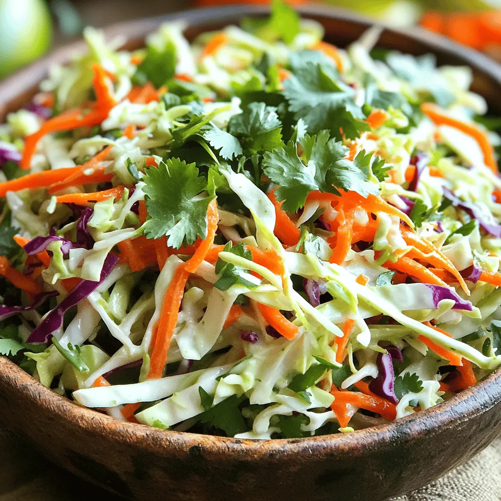 - 4 cups green cabbage - 1 cup red cabbage - 1 large carrot - 1/2 red bell pepper - 1/4 cup fresh cilantro - 2 tablespoons lime juice - 1 tablespoon olive oil - 1 teaspoon honey - Seasoning options For this slaw, I love using fresh vegetables. The green cabbage brings a crisp texture. Red cabbage adds a pop of color. Carrots give it a slight sweetness. The red bell pepper adds crunch and flavor. Fresh cilantro is a must for that bright taste. Lime juice gives it zing, while honey adds a touch of sweetness. Olive oil keeps everything moist and flavorful. - Vegan options: Use agave syrup instead of honey. You can also skip the honey altogether. - Low-sodium alternatives: Choose low-sodium soy sauce if you like. These swaps make the slaw fit different diets. You can easily adjust it to your taste. - Calories: Approximately 100 calories - Macros breakdown: - Fat: 5g - Carbs: 12g - Protein: 2g Cilantro lime slaw is not just tasty; it's good for you too! Cabbage is high in fiber. It helps with digestion and keeps you full. Cilantro is rich in vitamins A and C. Lime juice boosts your immune system. Overall, this slaw is a crunchy, refreshing dish that adds nutrition to any meal. For the full recipe, check the link above. To start, we need to prepare the vegetables. First, take your green and red cabbage. Cut them into thin strips to make the slaw crunchy. Aim for four cups of green cabbage and one cup of red cabbage. Use a sharp knife or a mandoline for even cuts. Next, grab a large carrot. Use a box grater or a food processor to grate it. You want one large carrot for the best color and taste. The carrot adds a nice crunch and sweetness to the slaw. Finally, slice half a red bell pepper into thin strips. This adds a pop of color and flavor. Make sure the slices are even so they mix well with the other veggies. Now, let’s make the dressing. In a small bowl, squeeze the juice from fresh limes. You need two tablespoons of this lime juice. Add one tablespoon of extra virgin olive oil for richness. Next, stir in one teaspoon of honey or agave syrup if you want a vegan option. Then, add half a teaspoon of ground cumin. This spice gives a warm flavor to the dressing. Finish by adding a pinch of sea salt and freshly cracked black pepper. To mix, use a whisk. Whisk the ingredients well until the dressing is smooth. If you want a creamier texture, whisk a bit longer. Now it’s time to combine everything. In a large mixing bowl, add the shredded cabbage, grated carrot, and sliced bell pepper. Pour the dressing over the veggies. Don’t forget to sprinkle in the chopped cilantro for fresh flavor. Using tongs or two large forks, toss the mixture gently. Make sure all the veggies are coated with the dressing. This step is key to getting all the flavors together. Let the slaw rest for 10-15 minutes. This allows the flavors to blend and the veggies to soften slightly. After resting, serve it chilled or at room temperature. Enjoy your fresh and flavorful cilantro lime slaw with tacos or as a side dish. For the full recipe, check out the section above. To get the best taste from your cilantro lime slaw, marinate it for about 10 to 15 minutes. This time allows the flavors to blend well. If you serve it too soon, the taste will not be as vibrant. I also suggest serving the slaw chilled or at room temperature. It pairs wonderfully with tacos or grilled chicken. You can boost the flavor by adding more herbs or spices. Fresh mint or parsley works well. If you want to get creative, consider incorporating fruits like diced mango or pineapple. They add a nice sweetness that balances the tangy lime. One big mistake is overmixing the ingredients. If you mix too hard, the vegetables can become mushy. Also, avoid using stale or wilted vegetables. Freshness is key to a great slaw. Always pick crisp cabbage and bright peppers for the best results. For the full recipe, click here: [Full Recipe]. {{image_4}} Customizing your cilantro lime slaw can make it fit your taste and diet. You can add protein like chicken or tofu. Both options make the dish heartier. If you need gluten-free choices, this slaw is perfect as is. All the main ingredients are naturally gluten-free. For flavor variations, you can spice things up. Turn your slaw into a spicy cilantro lime slaw by adding diced jalapeños or a splash of hot sauce. Want to sweeten it? Try adding fruits like mango or pineapple for a twist. They bring a new level of freshness and sweetness. You can also adapt this slaw to different regions. A Southwest-style slaw could use black beans and corn. This adds a nice crunch and a hearty feel. For an Asian-inspired twist, include sesame oil and thinly sliced radishes. This gives a unique flavor that pairs well with Asian dishes. For more details, check out the Full Recipe for the base cilantro lime slaw. To keep your Cilantro Lime Slaw fresh, store it in the fridge. Use airtight containers to prevent moisture loss. Glass containers work well, but plastic ones are just fine too. Make sure the lid seals tightly to keep out air. This slaw lasts about three days in the fridge. After that, it may lose its crunch. Look for signs of spoilage. If you see wilting or an off smell, it’s best to toss it. Cilantro Lime Slaw is best served cold. If you need to refresh it, add a splash of lime juice or a drizzle of olive oil. Toss it lightly to mix. This revitalizes the flavors and keeps it tasty and bright. To make great slaw, you should shred the cabbage. Use a sharp knife or a box grater for this. Cut the cabbage in half first, then slice each half into thin strips. For a quick method, try a food processor with a shredding disk. This makes the process fast and easy, giving you nice, even pieces. Remember, the thinner the strips, the better the texture in your slaw. Yes, you can prepare the slaw ahead. It tastes even better after some time in the fridge. If you want to make it a day in advance, just keep the dressing separate until serving. This helps keep the cabbage crisp. If you mix it early, the veggies may get soggy. Aim to combine it about 30 minutes before serving for the best flavor. You can change the flavor easily. If you want it sweeter, add more honey or a splash of orange juice. For more zing, try extra lime juice or even vinegar. If you like spice, add a pinch of chili powder or diced jalapeños. Each change can bring a new twist to the slaw, making it truly your own. Cilantro lime slaw is easy to make and delicious. You learned about the key ingredients and steps for great taste. I shared tips to enhance flavor and avoid common mistakes. You can also customize this slaw for different diets and flavor preferences. Remember, freshness matters, so store leftovers well. With these ideas, you can enjoy this slaw any time. Dive in and make your own version!