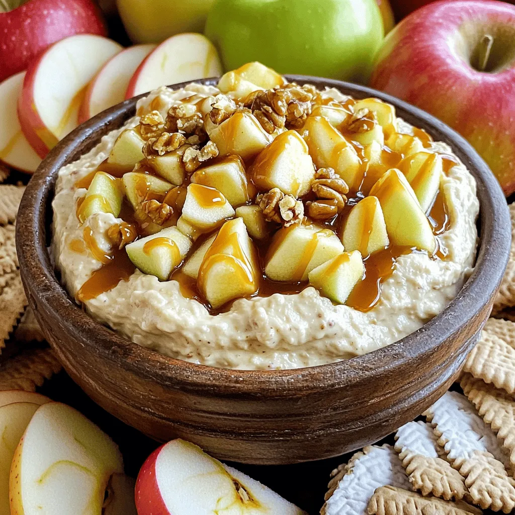 - 8 oz cream cheese, softened - 1/2 cup powdered sugar - 1 tsp pure vanilla extract - 1/2 cup sour cream - 1/2 tsp ground cinnamon - 1 cup diced apples (Granny Smith recommended) - 1/2 cup caramel sauce (store-bought or homemade) - 1/4 cup chopped walnuts - Serving suggestions: sliced apples, graham crackers, or vanilla wafers To make the cream cheese base, start with softened cream cheese. This helps it blend smoothly. Next, mix in the powdered sugar until fully combined. The sugar adds sweetness and a nice texture. Then, add vanilla extract and sour cream. This gives the dip its rich and creamy taste. For flavor enhancers, sprinkle in ground cinnamon. This spice adds warmth and depth. Diced apples give a fresh crunch. I love using Granny Smith apples for their tartness. Finally, drizzle in caramel sauce. It brings sweetness and sticky goodness. If you want extra texture, add chopped walnuts. They give a nice crunch and flavor. For serving, I suggest sliced apples, graham crackers, or vanilla wafers. Each option pairs well with the dip. Enjoy the mix of flavors and textures! - First, take 8 oz of softened cream cheese. Place it in a large bowl. - Use an electric mixer on medium speed. Whip the cream cheese until it's very smooth. - Next, add 1/2 cup of powdered sugar. Mix it gradually into the cream cheese. - Keep mixing until everything is creamy and there are no lumps. - Now, it's time to boost the taste. Add 1 tsp of pure vanilla extract. - Mix in 1/2 cup of sour cream. Blend it until smooth and creamy. - Then, sprinkle in 1/2 tsp of ground cinnamon. - Add 1 cup of diced apples. I love using Granny Smith for their tartness. - Gently fold the apples into the mix using a spatula. Make sure they are evenly spread. - Spoon the creamy mixture into a serving bowl. Smooth the top with a spatula. - Drizzle 1/2 cup of caramel sauce over the top. Let it run down the sides for a nice look. - If you like, sprinkle 1/4 cup of chopped walnuts on top. This adds a nice crunch. - Serve right away with sliced apples, graham crackers, or vanilla wafers for dipping. To make your dip smooth, start with cream cheese at room temperature. Cold cream cheese will not mix well. Use an electric mixer to whip it until creamy. Then, add powdered sugar slowly. This step helps avoid lumps and keeps the dip light. You can change the flavor of your dip by using different apple types. Try Fuji or Honeycrisp apples for a sweeter taste. For a deeper flavor, adjust the caramel sauce. Use less sauce if you prefer a less sweet dip. You can also add spices like nutmeg for a twist. Make your dip look great for serving. Arrange sliced apples, graham crackers, or vanilla wafers around the bowl. Garnish the dip with whole apple slices or a sprinkle of cinnamon. This adds beauty and invites people to dig in. {{image_4}} You can change the flavor of this dip to fit the season. For fall, add pumpkin spice. Just a teaspoon can create a warm, cozy taste. This twist makes the dip perfect for autumn gatherings. Another fun idea is a chocolate caramel version. Swap half of the caramel sauce for chocolate sauce. This makes the dip rich and sweet, perfect for chocolate lovers. You can make this dip healthier too. Swap the cream cheese for Greek yogurt. This change cuts calories and adds protein without losing creaminess. Another option is to use low-sugar caramel sauce. This keeps the sweet flavor but cuts down on sugar. It’s a great choice for those watching their sugar intake. If you need a nut-free version, just leave out the walnuts. The dip will still taste great without them. For a dairy-free option, use plant-based cream cheese. This way, everyone can enjoy the dip, even those who can’t have dairy. To store leftovers in the fridge, place the dip in an airtight container. This keeps it fresh and prevents any strong odors from other foods affecting it. It will stay good for up to three days. Always check for any changes in smell or texture before serving. Yes, you can freeze this dip, but it may change in texture. To freeze, transfer the dip to a freezer-safe container. Leave some space at the top for expansion. It can last for up to two months in the freezer. When ready to eat, thaw it overnight in the fridge. Mix well before serving to restore the creamy texture. Before serving, you may want to refresh the dip. If it seems thick, stir in a little sour cream. This helps with texture and flavor. For added appeal, drizzle more caramel sauce on top. This makes it look fresh and inviting, even after storage. Caramel Apple Cheesecake Dip stays fresh in the fridge for about 3 to 5 days. Store it in an airtight container to keep it from drying out. Make sure to cover it well to avoid any fridge odors. If you notice any off smells or changes in texture, it’s best to toss it. Yes, you can make this dip ahead of time. Prepare it a day or two before your event. After mixing it, store it in the fridge. Keep the caramel sauce separate until you're ready to serve. This way, the dip stays fresh and creamy. You can serve this dip with various dippers. Here are some fun ideas: - Sliced apples (Granny Smith are great) - Graham crackers - Vanilla wafers - Pretzels for a salty twist - Cinnamon sugar pita chips for extra flavor Feel free to mix and match! This blog post showed how to make a tasty caramel apple cheesecake dip. We covered the creamy base, flavor enhancers, and optional add-ons. I shared tips for perfect texture and customization options. You can even explore seasonal flavors and healthier alternatives. With the right storage tips, leftovers can stay fresh. This dip is easy to make and fun to serve. Enjoy making it for your next gathering or snack!