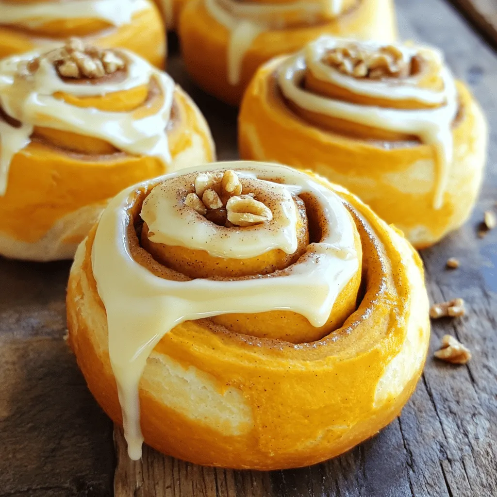 - 2 ½ cups all-purpose flour - 1 packet (2 ¼ teaspoons) active dry yeast - ½ cup warm milk (about 110°F) - ¼ cup granulated sugar - ½ teaspoon salt - 2 tablespoons unsalted butter, melted - 1 large egg - 1 cup pure pumpkin puree - 1 teaspoon ground cinnamon - ½ teaspoon ground nutmeg - ¼ teaspoon ground ginger - ¼ teaspoon ground cloves - ½ cup brown sugar (filling) - 4 tablespoons unsalted butter, softened (filling) - ½ cup chopped walnuts or pecans (optional) - 1 cup powdered sugar (frosting) - 2 tablespoons cream cheese, softened (frosting) - 2 tablespoons milk (frosting) - 1 teaspoon vanilla extract (frosting) To create the best pumpkin cinnamon rolls, you need the right ingredients. The base starts with all-purpose flour and active dry yeast. The warm milk helps to activate the yeast. This step is vital for fluffy rolls. Next, you add flavor with sugar, salt, and melted butter. The egg and pumpkin puree give moisture and richness. Spices like cinnamon, nutmeg, ginger, and cloves create a warm, cozy flavor. For the filling, brown sugar and softened butter mix to a paste. You can add nuts for a nice crunch. The frosting is a mix of powdered sugar, cream cheese, milk, and vanilla. This sweet topping makes the rolls extra special. For the full recipe, check out the details. Enjoy making these delicious treats! - Warm the milk and activate the yeast: Begin by heating the milk. It should be warm, about 110°F. Sprinkle the yeast into the milk and stir gently. Let this sit for five minutes. You want it to get frothy, which shows the yeast is ready to work. - Mix wet ingredients for the dough: In a large bowl, combine the frothy yeast mixture with melted butter, pumpkin puree, sugar, and the egg. Whisk these together until they blend well. - Combine wet and dry ingredients: Gradually add the flour, salt, cinnamon, nutmeg, ginger, and cloves. Stir with a wooden spoon until a soft dough forms. - Knead the dough to perfection: Transfer the dough to a floured surface. Knead it for about five to seven minutes. You want it to feel smooth and elastic. - First rise: doubling in size: Place the dough in a greased bowl. Cover it with a damp towel. Let it rise in a warm spot for about one hour, or until it doubles in size. - Prepare and spread the filling: In a small bowl, mix brown sugar, softened butter, and nuts if you want. Blend these until you have a spreadable paste. - Roll out the dough into a rectangle: After the dough rises, punch it down gently. Roll it out on a floured surface into a 12x18 inch rectangle. - Spread the filling evenly: Take your filling and spread it over the dough. Leave a small border around the edges to avoid spills. - Slice and arrange for the second rise: Starting at one long side, roll the dough tightly into a log. Slice the log into one-inch pieces. Place them in a greased baking dish for the second rise. - Preheat the oven: While the rolls rise for about 30 minutes, preheat your oven to 350°F (175°C). - Bake until golden brown: Once they have risen, bake the rolls for 25 to 30 minutes. They should be golden brown on top. - Prepare and apply the frosting: While the rolls bake, whisk together powdered sugar, cream cheese, milk, and vanilla for your frosting. After the rolls cool slightly, frost them well with the warm frosting. This recipe gives you soft, sweet pumpkin cinnamon rolls. Enjoy them warm or at room temperature! Check out the Full Recipe for more details. To make great pumpkin cinnamon rolls, the dough should feel soft but not sticky. The ideal texture is smooth and elastic. When kneading, avoid overworking the dough; this can make it tough. Aim for about 5-7 minutes of kneading. Let your dough rise in a warm spot. It should double in size within about an hour. This rise helps make your rolls light and fluffy. Set your oven to 350°F (175°C) for the best results. This temperature allows the rolls to bake evenly. Check for doneness by looking for a golden top. You can also tap the bottom; it should sound hollow. To keep your rolls soft, cover them with a towel right after baking. This traps moisture and prevents them from drying out. Make your rolls look special with simple toppings. A dusting of cinnamon or a sprinkle of chopped nuts can enhance their look. For gatherings, serve them on a nice platter with a bowl of extra frosting for dipping. Store any leftovers in an airtight container. Reheat them in the microwave for about 15 seconds to enjoy their warm, soft texture again. For all the details, check out the Full Recipe. {{image_4}} You can enjoy pumpkin cinnamon rolls even if you need a gluten-free option. To start, use gluten-free all-purpose flour. This flour often comes with a blend of rice flour, potato starch, and xanthan gum. You may need to add an extra tablespoon of water or milk to keep the dough moist. For baking, gluten-free dough does not rise as much. So, check your rolls after about 20-25 minutes. If they look golden brown, they are ready. Making vegan pumpkin cinnamon rolls is simple and fun! Replace the egg with a flax egg. Mix one tablespoon of flaxseed meal with three tablespoons of water. Let it sit for five minutes until it thickens. For the dairy, swap out the milk with almond or oat milk. Use a vegan butter substitute for the melted butter and frosting. To enhance flavor, add a teaspoon of vanilla extract to your filling. Want to take your pumpkin cinnamon rolls to the next level? You can add dried fruits like cranberries or raisins to the filling. They add a nice chew and tartness. For spices, consider adding cardamom or allspice for extra warmth. If you want to get fancy, top your rolls with maple cream cheese frosting instead of the regular frosting. You can mix maple syrup into your cream cheese frosting for a delightful twist. Try these variations to make the recipe your own! Check out the Full Recipe for detailed instructions. To keep your pumpkin cinnamon rolls fresh, refrigerate them. Place the rolls in an airtight container. If you do not have one, wrap them tightly in plastic wrap. This keeps them soft and tasty. Be sure to let them cool completely before storing. This way, moisture does not build up inside the container. You can freeze the rolls before or after baking. To freeze before baking, slice the rolls and place them in a single layer on a baking sheet. Freeze until firm, then transfer to a freezer-safe bag. If you freeze them after baking, let them cool first. Wrap them tightly in plastic wrap and then in foil. For thawing, take the rolls out of the freezer and let them sit in the fridge overnight. This helps maintain their texture. If you need them faster, leave them at room temperature for 1-2 hours. Warm them in the oven for about 10 minutes to regain their softness. Pumpkin cinnamon rolls can stay fresh in the fridge for about 3-5 days. Always check for signs of spoilage. If you see mold or if they smell off, it’s best to throw them away. For frozen rolls, they last about 2-3 months in the freezer. Keep an eye on their appearance and smell to ensure they are still safe to eat. For the full recipe, check out the details above. Enjoy your baking! To make pumpkin cinnamon rolls from scratch, you start by warming milk and activating yeast. Then, mix wet ingredients like pumpkin puree, sugar, and an egg. Combine this with flour and spices to form a dough. Knead it until smooth and let it rise. After it doubles in size, roll it out and spread the filling. Roll, slice, and let the rolls rise again before baking. This method ensures soft, flavorful rolls with a rich pumpkin taste. Yes, you can use canned pumpkin puree instead of fresh. Canned pumpkin is convenient and saves time. It has a consistent texture and flavor. Just make sure to choose pure pumpkin, not pumpkin pie filling. Canned puree often has a rich taste, perfect for cinnamon rolls. Fresh pumpkin requires cooking and pureeing, which takes longer. Canned is a great choice for quick recipes. To keep the rolls moist, use sufficient butter in the dough and filling. Cover the rolls with a damp towel while they rise. This keeps moisture in. Bake them just until golden brown to avoid overbaking. After baking, frost them while warm. The frosting adds moisture and flavor. Store any leftovers in an airtight container to keep them fresh. If you need a cream cheese substitute, consider using Greek yogurt or mascarpone. Both options provide a creamy texture. You can also use a dairy-free cream cheese for a vegan option. For a lighter frosting, try whipped cream. Adjust the sugar to taste if you switch the base. Each option gives a unique flavor but keeps the frosting delicious. Yes, you can make the dough ahead of time. Prepare it and let it rise once. After the first rise, cover it tightly and place it in the fridge. It can stay there for up to 24 hours. When ready, shape and bake the rolls. This method allows the flavors to develop. Just remember to let the dough come to room temperature before rolling it out. For the full recipe, check out the details above. In this post, I covered how to make delicious pumpkin cinnamon rolls. I shared the essential ingredients and provided step-by-step instructions for preparing, baking, and frosting. I also gave tips for achieving the perfect dough texture, presented variations for gluten-free and vegan diets, and offered storage advice. These rolls are great for any gathering. Try them out to impress your friends and family. Enjoy baking and tasting this fall favorite!