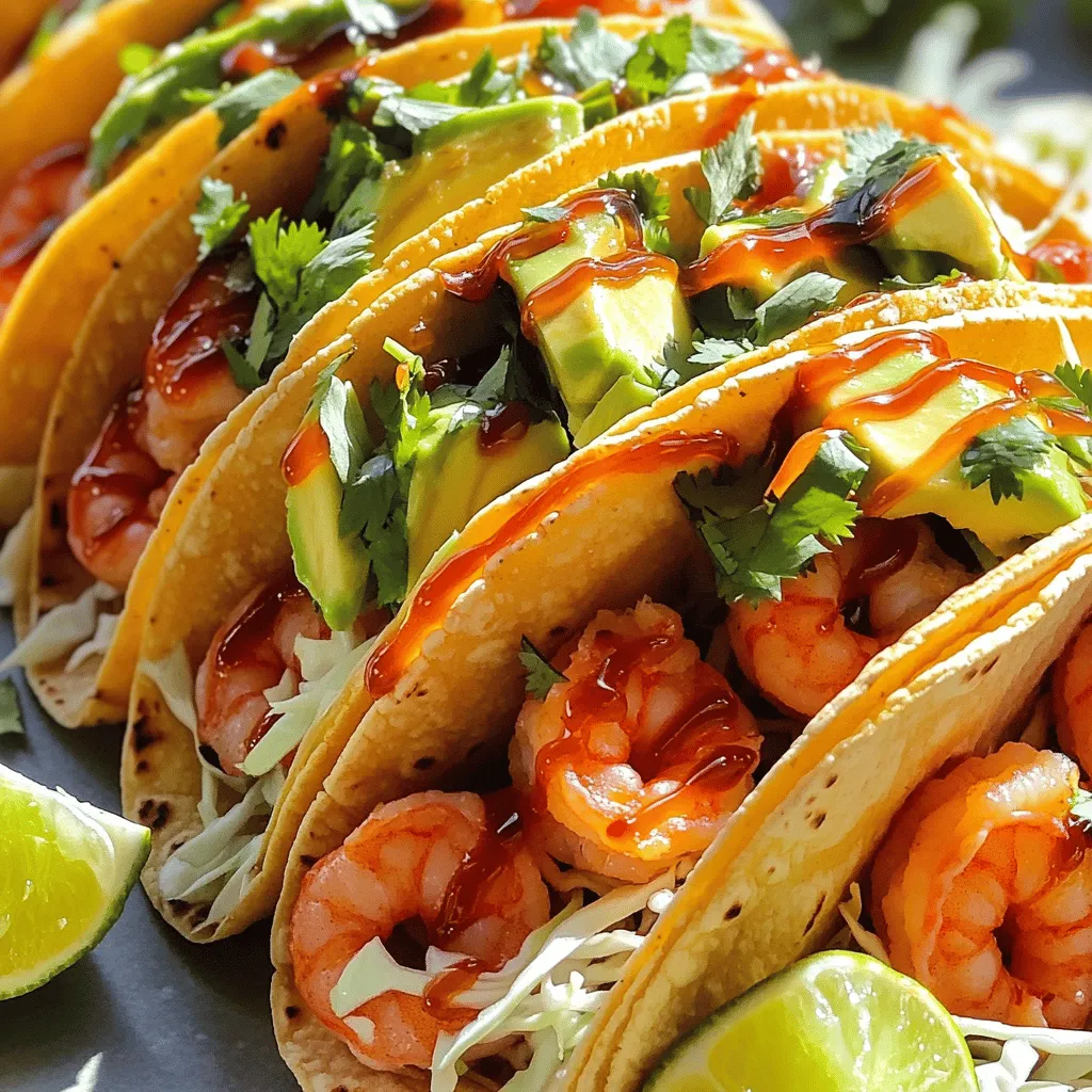 To make Spicy Honey Sriracha Shrimp Tacos, gather these key ingredients: - 1 pound large shrimp, peeled and deveined - 2 tablespoons honey - 2 tablespoons Sriracha sauce - 1 tablespoon fresh lime juice (about 1 lime) - 1 tablespoon olive oil - 1 teaspoon garlic powder - 1 teaspoon smoked paprika - Salt and freshly cracked black pepper, to taste - 8 small corn or flour tortillas - 1 cup cabbage, finely shredded - 1 ripe avocado, thinly sliced - 1/4 cup fresh cilantro, roughly chopped - Lime wedges for serving These ingredients work together to create a perfect mix of sweet and spicy flavors. Feel free to add extras to your tacos for more flavor: - Diced tomatoes for freshness - Sliced jalapeños for extra heat - Crumbled feta cheese for creaminess - Sour cream or Greek yogurt for a cool touch These add-ins can take your tacos to a new level of enjoyment. Using good-quality ingredients makes a difference. Here are my top picks: - For shrimp, look for Wild American Shrimp or Fresh Frozen Shrimp. - Use local honey for the best flavor. - Try Huy Fong Sriracha for authentic taste. - For tortillas, Mission or La Tortilla Factory brands work well. Choosing quality ingredients ensures you get the best taste from your tacos. Start by grabbing a medium mixing bowl. In the bowl, whisk together 2 tablespoons of honey and 2 tablespoons of Sriracha sauce. Add 1 tablespoon of fresh lime juice and 1 tablespoon of olive oil. Then, sprinkle in 1 teaspoon of garlic powder and 1 teaspoon of smoked paprika. Don’t forget a pinch of salt and freshly cracked black pepper. This mixture will be your zesty marinade. Now, take 1 pound of peeled and deveined shrimp. Add them to the bowl with the marinade. Toss gently to coat each shrimp well. Cover the bowl and let it sit for at least 15 minutes. This lets the shrimp soak up all those bold flavors. You can even marinate them longer for more taste. While the shrimp marinates, preheat a non-stick skillet over medium-high heat. Once hot, lay the marinated shrimp in a single layer in the skillet. Cook them for about 2-3 minutes on each side. You want them to turn pink and opaque. When done, remove them from heat and set them aside. This quick cooking time keeps the shrimp juicy and tender. For perfect shrimp, cook them just right. Start with fresh, large shrimp. When you heat your skillet, make sure it's hot. Place the shrimp in a single layer. Cook for 2-3 minutes on each side. Once they turn pink and opaque, they're done. Overcooking makes shrimp tough, so watch closely. A touch of garlic powder and smoked paprika adds great flavor. Warming tortillas is easy and quick. You can use a skillet or microwave. For a skillet, heat each tortilla for 30 seconds on both sides. This keeps them soft and pliable. If you prefer the microwave, wrap the tortillas in a damp paper towel. Heat them for about 20 seconds. This method keeps them moist and tasty. Tacos are all about flavor and texture. Besides cabbage and avocado, try adding fresh toppings. Sliced jalapeños give a kick. A dollop of sour cream adds creaminess. You can also sprinkle feta cheese for a salty touch. Fresh cilantro brightens the dish. Lime wedges are perfect for squeezing over the tacos. Each topping adds a new layer of flavor. Enjoy mixing and matching to find your favorite combo! {{image_4}} You can easily make these tacos vegetarian. Swap the shrimp for marinated tofu or chickpeas. Both options soak up flavors well. Just marinate them like you do for the shrimp. Cook them until they are golden and crisp. You can also use grilled vegetables like bell peppers and zucchini. This gives your tacos a great texture and delicious flavor. Feel free to play with different sauces for your tacos. If you want a milder taste, try a sweet chili sauce instead of Sriracha. For a creamy touch, mix Sriracha with plain yogurt or sour cream. This adds a nice coolness to balance the heat. You could also try a mango salsa for a fruity twist. This adds sweetness and freshness to each bite. Want to change up how you serve these tacos? Try taco bowls! Use rice or quinoa as the base. Layer in cabbage, shrimp, and toppings like avocado and cilantro. This is a filling and fun way to enjoy the flavors. If you prefer something lighter, use lettuce wraps. Butter lettuce works great as it holds the filling well. This adds crunch and a fresh taste to your meal. Store leftover tacos in an airtight container. Keep shrimp and tortillas separate. This helps maintain freshness. Place the shrimp in the fridge for up to 2 days. If you mix them, the tortillas get soggy. To reheat shrimp, use a skillet. Heat over medium heat for about 2-3 minutes. Stir gently until warm. Avoid high heat to prevent rubbery shrimp. You can also use the microwave. Heat in short bursts for about 30 seconds. You can freeze the shrimp before cooking. Place them in a freezer-safe bag. Be sure to remove excess air. The shrimp can last for up to 3 months. Cooked shrimp do not freeze well, so it’s best to eat them fresh. If you freeze tortillas, wrap them tightly. They can last up to 2 months in the freezer. Yes, you can use frozen shrimp. Just make sure to thaw them first. Place the shrimp in cold water for about 20 minutes. Once they are thawed, peel and devein them if needed. The shrimp will still taste great in your tacos. If you don’t have Sriracha, try using another hot sauce. You might also mix chili paste with a bit of honey to mimic the sweet and spicy flavor. For a milder option, use sweet chili sauce. Each option will change the taste a little, but your tacos will still be delicious. To reduce the heat, use less Sriracha in the marinade. You can also add more honey to balance the spice. Another option is to use a mild sauce like barbecue or a yogurt-based sauce. Adding toppings like avocado or sour cream can also help cool down the spice. This article covered important steps for making shrimp tacos. We discussed essential ingredients and their quality brands. I shared how to prepare the marinade and cook shrimp perfectly. You learned tips for cooking and warming tortillas safely. We explored variations, like vegetarian options and different sauces. Lastly, I provided easy storage info and answered common questions. You now have all you need to create tasty shrimp tacos at home. Enjoy your cooking journey!