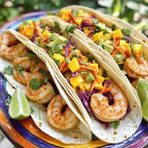 - 1 lb shrimp, peeled and deveined - Seasonings: chili powder, cumin, smoked paprika, cayenne pepper - Fresh produce: red cabbage, mango, carrots, cilantro, lime, avocado For these spicy shrimp tacos, I focus on fresh, vibrant ingredients. The shrimp is the star of the show, so make sure you pick good quality, peeled, and deveined shrimp. The seasonings bring out the flavor. Chili powder adds warmth, cumin adds earthiness, while smoked paprika gives a nice depth. Adjust the cayenne to your liking for heat. The mango slaw is key to balancing the spice. I love using red cabbage for its color and crunch. The mango adds sweetness, while grated carrots bring in a bit of texture. Fresh cilantro brightens everything up. Don't forget the lime juice; it adds a zesty kick! - Small corn tortillas - Alternative tortilla suggestions for gluten-free or low-carb options I prefer small corn tortillas for these tacos. They hold everything together perfectly. If you're gluten-free, look for corn or cassava flour options. For a low-carb choice, try lettuce wraps or even jicama slices as a fresh alternative. - Lime wedges - Additional cilantro leaves for presentation Garnishing makes a big difference! Lime wedges add a burst of flavor. A sprinkle of fresh cilantro on top looks pretty and adds more flavor. You can also add sliced avocado for creaminess. These small touches elevate your taco game! To start, take 1 pound of peeled and deveined shrimp. In a medium bowl, mix these shrimp with 1 tablespoon of olive oil. Add 2 teaspoons of chili powder, 1 teaspoon of ground cumin, and 1/2 teaspoon of smoked paprika. For a kick, sprinkle in 1/4 teaspoon of cayenne pepper. Don’t forget to add salt and black pepper to taste. Toss everything together until the shrimp are fully coated. Next, heat a skillet over medium-high heat until hot. Carefully add the seasoned shrimp to the skillet. Cook each side for about 2 to 3 minutes. You want them to turn pink and opaque. Once done, remove them from heat and set aside. Now, let’s create the mango slaw. In a new bowl, combine 1 cup of finely shredded red cabbage, 1 ripe mango cut into thin matchsticks, and 1/2 cup of freshly grated carrots. Add in 1/4 cup of roughly chopped cilantro. Squeeze in 2 tablespoons of lime juice and mix in 1 tablespoon of honey or agave syrup. Toss all the ingredients gently. This helps the flavors blend beautifully. For the tortillas, warm 8 small corn tortillas in a dry skillet over medium heat. Do this for about 30 seconds on each side. This makes them pliable and slightly toasted. Now, it’s time to assemble the tacos. Place a generous spoonful of the cooked shrimp right in the center of each warmed tortilla. Top with a hearty scoop of the tropical mango slaw. For a creamy touch, add a few slices of avocado on top. Serve your tacos right away, with lime wedges on the side for an extra burst of flavor. Enjoy! - Timing for tender shrimp: Cook shrimp for just 2-3 minutes on each side. You want them pink and opaque. Don’t overcook! This keeps them juicy and tender. - Adjusting spice levels to preference: If you like it hot, add more cayenne pepper. For milder tacos, cut back on the cayenne. Always taste as you go. This way, you can find your perfect spice level. - Ingredient swaps for flavor variations: Try adding diced bell peppers or jalapeños for a kick. You can also use red onion for more zing. Don’t be scared to mix it up! - Additional toppings for crunch: Top your tacos with toasted nuts or crispy tortilla strips. These add a nice crunch and extra flavor to your dish. - Plating ideas for appealing taco presentation: Arrange the tacos on a colorful platter. Use fresh cilantro leaves to add a pop of green. Serve lime wedges on the side for a bright touch. This makes your dish look as good as it tastes! {{image_4}} You can switch up the shrimp for chicken, fish, or tofu. Each protein gives a new taste. For chicken, use the same spices but cook until it reaches 165°F. For fish, a firm type like cod works well. For tofu, press it first to remove extra water. You can season tofu with the same spices. Adjust cooking times based on the protein you choose. Get creative with your slaw! You can add fruits like pineapple or jicama for extra sweetness. Toss in bell peppers for crunch or even mango for a fruit twist. For the dressing, try a bit of yogurt or a spicy mayo for a creamy touch. You can also use apple cider vinegar instead of lime juice for a tangy flavor. Want a low-carb meal? Swap the tortillas for leafy greens like romaine or collard greens. They add a nice crunch and freshness. If you prefer flour tortillas, use whole wheat or spinach for a different taste. You might even try a corn and chia seed tortilla for added nutrients! Each option gives a unique twist to your tacos. To keep your shrimp and slaw fresh, store them in separate containers. Use airtight containers to avoid moisture. Leftover shrimp can last up to 2 days in the fridge. The mango slaw stays fresh for about 1 day. When reheating shrimp, use a skillet over medium heat. This method helps keep the shrimp juicy. For tortillas, warm them in a dry pan for 30 seconds. This keeps them soft and pliable for your tacos. You can freeze shrimp and slaw, but do it separately. Place shrimp in a freezer bag and remove as much air as possible. For slaw, use a container that seals tightly. To thaw, place them in the fridge overnight. Reheat shrimp in a skillet and enjoy fresh slaw right away. Yes, you can prep shrimp tacos ahead of time. However, for the best taste, cook the shrimp just before serving. You can marinate the shrimp a few hours in advance. This allows the flavors to soak in. Prepare the mango slaw up to a day before. Store it in the fridge in an airtight container. Warm the tortillas right before serving. This keeps them soft and tasty. To create a full meal, serve your tacos with a few tasty sides. Consider fresh guacamole for a creamy dip. Black bean salad brings a nice contrast. A side of corn on the cob adds sweetness. You can also serve tortilla chips with salsa. These sides complement the shrimp tacos well and enhance the meal. To add more heat to your tacos, increase the cayenne pepper in the shrimp mix. You can also add sliced jalapeños for a fresh kick. Try a spicy hot sauce on top for extra flavor. If you like it really hot, consider using habanero or serrano peppers in the slaw. Adjust these according to your spice level preference. This blog post covered how to make delicious shrimp tacos. We discussed key ingredients like shrimp, spices, and fresh produce. You learned about different tortilla options and how to prepare a tasty mango slaw. I shared tips for cooking shrimp and enhancing your slaw, plus creative variations for proteins and toppings. In conclusion, you have all the tools for tasty tacos. Enjoy experimenting with flavors and impressing friends and family!