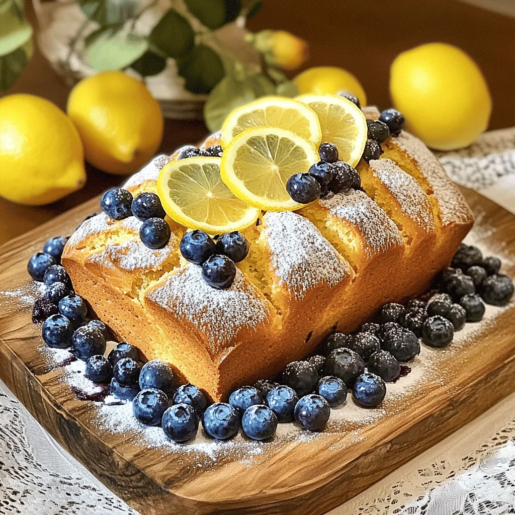 - 1 ½ cups all-purpose flour - 1 teaspoon baking powder - ½ teaspoon baking soda - ¼ teaspoon salt - ½ cup unsalted butter, softened to room temperature - 1 cup granulated sugar - 2 large eggs, at room temperature - 1 teaspoon vanilla extract - Zest of 1 lemon - ¼ cup freshly squeezed lemon juice - ½ cup Greek yogurt - 1 cup fresh blueberries (or frozen if necessary) - 2 tablespoons powdered sugar - 1 tablespoon lemon juice The ingredients for this lemon blueberry bread make it truly special. The all-purpose flour gives it structure. Baking powder and baking soda help it rise, while salt enhances the flavor. Unsalted butter adds richness, and granulated sugar adds sweetness. Using eggs at room temperature helps with mixing. Vanilla extract brings warmth, and lemon zest brightens the bread. Lemon juice adds a tangy kick, while Greek yogurt keeps it moist. Finally, blueberries burst with flavor and color, making each slice delightful. If you want to add a glaze, powdered sugar and lemon juice create a sweet finish. This step is optional but adds a nice touch. Each ingredient plays a role, making this bread a tasty treat everyone will love. Start by preheating your oven to 350°F (175°C). While it heats up, grab a 9x5-inch loaf pan. Grease it well with butter or line it with parchment paper. This makes it easy to take out the bread later. In a medium bowl, add 1 ½ cups of all-purpose flour, 1 teaspoon of baking powder, ½ teaspoon of baking soda, and ¼ teaspoon of salt. Use a whisk to mix them well. This step is crucial for even flavor and texture. In a large bowl, take ½ cup of softened unsalted butter and 1 cup of granulated sugar. Use an electric mixer to beat them together. Mix for 3 to 4 minutes until the mixture is light and fluffy. This creates a nice base for your bread. Next, add 2 large eggs to the butter mixture. Add them one at a time, mixing well after each. Then, stir in 1 teaspoon of vanilla extract, the zest of 1 lemon, and ¼ cup of freshly squeezed lemon juice. This adds great flavor to your bread. Now, it's time to combine everything. Gradually add the dry mixture to the wet mixture. Alternate with ½ cup of Greek yogurt. Start with dry, then wet, and end with dry. Mix until just combined to keep the bread soft. Once mixed, carefully fold in 1 cup of fresh blueberries. Transfer the batter to the prepared loaf pan. Smooth the top with a spatula. Bake in the oven for 50 to 60 minutes. A toothpick should come out clean when inserted in the center. After baking, take the bread out of the oven. Let it cool in the pan for about 10 minutes. Then, move it to a wire rack to cool completely. If you want a glaze, mix 2 tablespoons of powdered sugar with 1 tablespoon of lemon juice. Drizzle it over the cooled bread for a sweet finish. Using room temperature ingredients is key. Cold butter and eggs can make the bread dense. Softened butter blends better with sugar, creating a light texture. Room temperature eggs help the mixture rise well. Always take your butter and eggs out ahead of time. This small step can make a big difference. To fold in blueberries, use a gentle touch. Start with your batter in a bowl. Add the blueberries and use a silicone spatula to mix. Be careful not to smash the berries. This keeps them whole and juicy in your bread. The goal is to have blueberries spread throughout, not sunk to the bottom. If your bread is dense, it may be overmixed. Mix just until combined for the best rise. Dry bread can come from baking too long. Check for doneness with a toothpick inserted in the center. If it comes out clean, the bread is ready. Adjust your baking time based on your oven for future bakes. {{image_4}} You can make this bread gluten-free with a few simple swaps. Use gluten-free all-purpose flour instead of regular flour. Look for a mix that has xanthan gum. This will help give the bread structure. I also like to add a bit of almond flour for extra moisture and flavor. Just replace half of the gluten-free flour with almond flour. If you need a dairy-free version, swap the butter for coconut oil or a dairy-free butter substitute. For yogurt, try using a plant-based yogurt. Almond or coconut yogurt works well. This keeps the bread moist and tasty without dairy. You can change the flavor of your bread easily. Add nuts like walnuts or pecans for a nice crunch. You can also add spices like cinnamon or nutmeg to enhance the flavor. If you want to switch up the fruit, try raspberries or chopped strawberries instead of blueberries. This keeps your bread fun and fresh! To keep lemon blueberry bread fresh, wrap it well. Use plastic wrap or aluminum foil. This keeps moisture in and air out. You can also store it in an airtight container. Always place it at room temperature. Avoid the fridge, as this can dry it out. To freeze your lemon blueberry bread, first cool it completely. Then, wrap it tightly in plastic wrap. Next, place the wrapped bread in a freezer bag. Remove as much air as possible before sealing. You can freeze it for up to three months. To thaw, take it out of the freezer and leave it at room temperature overnight. For faster thawing, you can slice the bread and let the pieces sit at room temperature for 1-2 hours. Lemon blueberry bread stays fresh for about three to four days when stored properly. If you keep it sealed, the flavor will remain bright. For the best taste, try to eat it within the first two days. This is when it tastes its best! Yes, you can use frozen blueberries. They work well in this recipe. Just be aware that they may release extra juice. This can make your bread a bit more moist but still delicious. If using frozen, do not thaw them. Add them straight to the batter. This helps keep the berries intact and bright. To check if your bread is done, look for a few signs. First, the bread should be golden brown on top. Then, insert a toothpick into the center. If it comes out clean, your bread is ready. You can also gently press the top. If it springs back, it’s done. If it leaves an indent, it needs more time. If you don’t have Greek yogurt, there are good swaps. You can use regular yogurt, sour cream, or even apple sauce. Each option changes texture slightly. Use regular yogurt for a similar taste. Sour cream adds richness. Apple sauce makes the bread sweeter and moist. Just keep the same amount as the recipe calls for. There are many great ways to serve this bread. Slice it and place it on a nice platter. For a fun touch, dust with powdered sugar. You can also drizzle with the optional lemon glaze. Serve it with a cup of tea or coffee for a tasty snack. For breakfast, add a side of yogurt or fresh fruit. This article covered how to bake a delicious Lemon Blueberry Bread. You learned about key ingredients, step-by-step instructions, and tips for success. We explored tasty variations and storage tips to keep your bread fresh. Enjoy making this bread with fresh flavors. Remember, using the right ingredients and techniques ensures a moist treat every time. Happy baking!