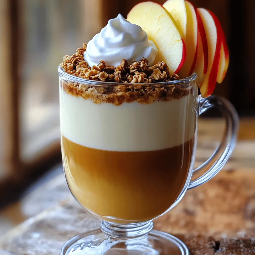 To make this warm drink, gather these ingredients: - 1 cup strong brewed coffee or espresso - 1/2 cup milk (use dairy or your favorite non-dairy alternative) - 1/4 cup apple cider - 1 tablespoon pure maple syrup - 1/2 teaspoon ground cinnamon - 1/4 teaspoon ground nutmeg - 1/4 cup granola (preferably flavored with apple or cinnamon) - Fresh apple slices, for garnish - Whipped cream (optional but recommended) If you need to make changes, here are some easy swaps: - Milk: Use almond, oat, or soy milk for a non-dairy option. - Maple Syrup: Honey or agave syrup can replace maple syrup. - Granola: Any crunchy topping works, like crushed nuts or cereal. - Cinnamon and Nutmeg: You can skip these spices if you want a milder flavor. This drink offers a cozy treat without too many calories. Here's a rough breakdown: - Calories: About 250 - Protein: 7g - Fat: 7g - Carbohydrates: 40g - Fiber: 2g - Sugar: 25g This information helps you enjoy your Apple Crisp Macchiato while keeping an eye on your diet. For the full recipe, check out the instructions later. Start by brewing your coffee or espresso. Use a strong brew for the best taste. I like to use a dark roast to give it depth. Once brewed, set it aside to cool down a bit. This will help keep the milk from curdling later. Next, grab a small saucepan and add the apple cider, maple syrup, ground cinnamon, and ground nutmeg. Place the pan over medium heat. Stir the mix often to stop it from sticking. After a few minutes, the mixture will start to simmer and smell amazing. Remove it from heat and stir in the milk. This creates a smooth, creamy base for your drink. Now, it’s time to put everything together. First, pour the brewed coffee or espresso into your favorite mug. The rich flavor should fill the bottom. Next, carefully pour the frothed milk mixture over the coffee. Let it layer nicely on top. Then, spoon the warm apple cider mix over the frothy milk. This adds a fun flavor burst. Finally, sprinkle some granola on top for that crunchy apple crisp touch. You can also garnish with fresh apple slices and whipped cream if you like. Enjoy your Apple Crisp Macchiato! Frothing milk adds creaminess to your drink. To froth without a frother, you can use a few simple methods. First, heat your milk in a saucepan. Make sure it is warm but not boiling. Then, pour the warm milk into a jar with a lid. Shake it up for 30 seconds. This will create a nice foam. You can also use a whisk. Vigorously whisk the warm milk until it is frothy. Both methods work well for your Apple Crisp Macchiato. To get the best taste, balance the sweet and spicy flavors. The maple syrup adds sweetness. The cinnamon and nutmeg give warmth and spice. Adjust the maple syrup to your taste. If you like it sweeter, add more. If you prefer less sweet, use less syrup. Also, make sure to use a strong coffee or espresso. It adds depth and richness to your drink. The apple cider brings a refreshing twist. This combination creates a cozy, fall-inspired flavor. How you serve your Apple Crisp Macchiato matters. Use a clear glass to show off the layers. Start with the dark coffee at the bottom. Then, pour in the frothed milk carefully. This creates a beautiful contrast. Top it with the warm apple cider mixture. Finally, sprinkle granola on top. Add apple slices for a pop of color. If you like, add whipped cream for extra indulgence. This not only tastes great but also looks amazing. Your friends will love it! For the full recipe, check the details above. {{image_4}} You can make an iced version of this drink. Start by brewing your coffee or espresso, then let it cool. Instead of hot milk, use cold milk or a non-dairy alternative. Pour the chilled coffee over ice. Add the apple cider mixture and stir well. This drink is refreshing for warm days. You can customize your Apple Crisp Macchiato by adding flavors. Caramel syrup gives a sweet touch that pairs well with apple. A splash of vanilla extract adds warmth and depth. You could also try adding a pinch of ginger for a spicy kick. Mix and match to find your favorite! Sweetness is key in this drink. If you prefer a sweeter taste, add more maple syrup. For less sweetness, skip the syrup or reduce it. You can also use unsweetened apple cider for a lighter flavor. Taste as you go to find your perfect balance. For the full recipe, check out the complete details above. To keep your ingredients fresh, store them separately. Place leftover apple cider in an airtight container in the fridge. It should last about five days. If you have extra milk, seal it tightly too. Milk can stay good for about a week, depending on freshness. Granola should go in a cool, dry place. It can last for several weeks if sealed well. You can prepare some parts ahead of time. Brew your coffee or espresso in advance and store it in the fridge. This makes morning prep quicker. You can also make the apple cider mixture ahead. Just heat it up when you're ready to serve. This method keeps flavors fresh and allows you to enjoy your drink faster. Once made, enjoy your Apple Crisp Macchiato right away for the best taste. If you must store it, keep it in the fridge and drink it within 24 hours. The layers may mix, but it will still taste good. Reheat gently on the stove or microwave. Avoid boiling it, as this can change the texture. For more details on how to make this drink, check the full recipe. Yes, you can use decaf coffee. This drink still tastes great with decaf. The apple and spices shine through, giving you that cozy fall flavor. Just brew your favorite decaf coffee or espresso as you would normally. Yes, the Apple Crisp Macchiato is gluten-free. None of the ingredients contain gluten. Just ensure your granola is gluten-free if you choose to add it. Most brands offer gluten-free options. You can find the Apple Crisp Macchiato in many popular cafes. Big coffee chains often serve seasonal drinks like this. Check your local menu or ask the barista. They might have their own version of this cozy drink. If you want to recreate it at home, you can follow the [Full Recipe]. In this blog post, we explored the Apple Crisp Macchiato from ingredients to variations. You learned how to brew coffee, prepare flavors, and arrange the drink nicely. I shared tips for perfecting taste and presentation. You can even try different flavors or make it iced. Remember to store leftovers properly to keep things fresh. Enjoy making this drink at home. You'll impress your friends and family with your skills!