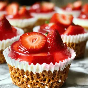 To make the delightful Strawberry Pretzel Salad Cups, gather these key ingredients: - 1 cup crushed pretzels - 1/4 cup granulated sugar - 1/2 cup unsalted butter, melted - 8 oz cream cheese, softened to room temperature - 1 cup powdered sugar - 1 cup whipped topping (or homemade whipped cream) - 2 cups fresh strawberries, sliced - 1/2 cup strawberry gelatin powder - 1 1/2 cups boiling water - 1 cup cold water These ingredients create a perfect blend of salty, sweet, and creamy flavors. The crushed pretzels form a crunchy base that contrasts with the smooth cream cheese layer. Fresh strawberries add a burst of color and taste. The gelatin gives the dessert a lovely, firm texture. Each bite is a mix of sweetness and a hint of salt. Using fresh strawberries is key. They bring a natural sweetness and brightness to the cups. If you want to use other fruits, feel free! Blueberries or raspberries could work well, too. You can find all these items at your local grocery store. Make sure to check if your cream cheese is soft enough. It helps create a smoother filling. Enjoy preparing this fun treat! 1. Start by mixing the crushed pretzels, granulated sugar, and melted butter in a bowl. This step is key for flavor. 2. Stir the mixture well until all pretzels are coated. You want every piece to shine with butter and sugar. 3. Line a muffin tin with muffin liners. Press the pretzel mix into the bottom of each liner. Aim for an even layer for a nice crust. 4. Bake the pretzel crusts in a preheated oven at 350°F (175°C) for about 10 minutes. You want them golden but not burnt. 5. Once baked, take them out and let them cool completely. This cooling step helps them firm up. 1. Grab a separate bowl and beat the softened cream cheese with the powdered sugar. Use an electric mixer for a smooth blend. 2. Mix until the cream cheese is creamy and free of lumps. This makes for a rich flavor. 3. Next, gently fold in the whipped topping. Make sure to mix until it is fluffy. This lightens the cream cheese layer. 1. Use a spoon to fill each cooled pretzel crust with the cream cheese mixture. Smooth the tops for an even finish. 2. Now, prepare the strawberry topping. In another bowl, mix the strawberry gelatin powder with 1 1/2 cups boiling water. Stir until dissolved. 3. Once dissolved, add the cold water to the gelatin mixture. Stir well to combine. 4. Let the mixture cool a bit, then fold in the sliced strawberries. This keeps them from getting mushy. 5. Carefully pour the strawberry mixture over the cream cheese layer in each cup. Fill them to the top. 1. Place the cups in the refrigerator and chill for at least 2-3 hours. This helps the gelatin set firmly. 2. When ready to serve, carefully remove the cups from the muffin tin. They should come out easily if cooled properly. 3. Serve them chilled for the best taste. Enjoy the mix of flavors and textures! To keep your crust from getting soggy, bake it until golden. This helps it stay crisp. After baking, let it cool completely. If you rush this step, the crust may not hold well. - How to avoid sogginess: Bake at 350°F (175°C) for 10 minutes. Let cool fully. - Suggested baking tips: Use a firm press when forming the crust. This helps it stay together. For a smooth and fluffy cream cheese layer, ensure your cream cheese is at room temperature. This makes mixing easier. Use an electric mixer for best results. - How to achieve a smooth and fluffy texture: Beat cream cheese and powdered sugar well until no lumps remain. - Tips for accurate measurements: Use measuring cups for both sugars. Level off the powdered sugar for accuracy. To make your cups look even better, add a fresh strawberry slice on top. A dollop of whipped topping adds a nice touch, too. - Garnishing ideas: Top with a fresh strawberry slice and whipped topping. - Serving suggestions with additional toppings: Consider sprinkling crushed pretzels on top for added crunch. {{image_4}} You can make Strawberry Pretzel Salad Cups even more fun. Try using different fruits like blueberries or raspberries. These fruits add color and new flavors. You can also mix in citrus notes. Adding lemon or lime zest gives a fresh zing. The bright flavors will surprise your taste buds. If you need gluten-free options, use gluten-free pretzels. They work great and keep the crunchy texture. For a healthier choice, you can swap granulated sugar for a low-sugar alternative. Sweeteners like stevia or monk fruit can help cut calories. These swaps let everyone enjoy the treat without worry. Let’s talk about how to make your cups look special. You can use different cup sizes or shapes. Mini cups are cute for parties. You can also layer the ingredients for a pretty look. Start with the pretzel crust, then add the cream cheese layer, and top with strawberries. These layers make a beautiful dessert that looks as good as it tastes. You can store Strawberry Pretzel Salad Cups in the fridge for about 3-5 days. To keep them fresh, cover each cup with plastic wrap or place them in an airtight container. This helps prevent the pretzel crust from getting soggy. Yes, you can freeze these cups! To do this, first, let them chill completely in the fridge. After they are set, wrap each cup tightly in plastic wrap and then place them in a freezer-safe bag. When you're ready to eat them, thaw the cups in the fridge overnight. Avoid thawing them at room temperature, as this may cause the gelatin to separate. If you have leftover cups, you can refresh them easily. Simply place them back in the fridge for an hour before serving. If they seem a bit soft, you can add a new layer of whipped topping or fresh strawberries on top. This adds color and flavor back into the cups, making them feel fresh and exciting! Strawberry Pretzel Salad Cups are a fun dessert. They mix sweet and salty flavors. The dish has a crunchy pretzel crust, a creamy cheese layer, and a fruity topping. This dessert comes from the Midwest, where people love layered salads. It is perfect for picnics or gatherings. The bright strawberries make it look beautiful and taste fresh. Yes, you can make these cups ahead of time. I suggest preparing them up to 24 hours in advance. Just keep them in the fridge. This lets the flavors blend nicely. Plus, it saves you time on the day you plan to serve them. You can tell the gelatin is set when it feels firm to the touch. It should not jiggle much. When you press it lightly, it should hold its shape. A perfectly set gelatin layer is smooth and shiny. It will hold the strawberries well without spilling. If you want a substitute for whipped topping, try homemade whipped cream. Just whip heavy cream until fluffy. For a dairy-free option, use coconut whipped cream. Both will taste great and keep the cups creamy. This article walked you through making tasty Strawberry Pretzel Salad Cups. We covered the needed ingredients, step-by-step instructions, and tips for success. You learned about variations and storage tips to keep your dessert fresh. My final thought? Get creative! Use different fruits and flavors to make it your own. Enjoy making and sharing this fun treat. It’s sure to impress.