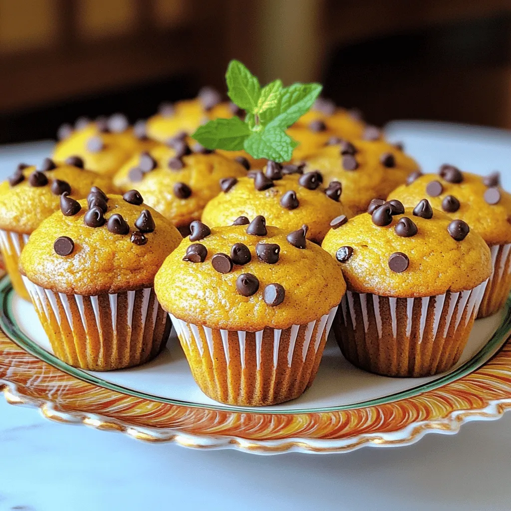- 1 cup canned pumpkin puree - 1 cup chocolate chip cookie mix - 1 cup mini chocolate chips - Spices (cinnamon, nutmeg) - Nuts (walnuts, pecans) - Sweeteners (honey, maple syrup) The main ingredients for these muffins are simple and easy to find. Canned pumpkin puree gives the muffins a rich flavor and moist texture. The chocolate chip cookie mix adds sweetness and structure. Mini chocolate chips bring extra chocolate goodness in every bite. You can also customize your muffins with optional ingredients. Adding spices like cinnamon or nutmeg can enhance the fall vibe. Nuts, such as walnuts or pecans, add a nice crunch. If you want more sweetness, consider honey or maple syrup. Feel free to experiment with these variations to make the muffins your own. You can find the full recipe for these delightful treats in the section above. First, preheat your oven to 350°F (175°C). This step is crucial for even baking. While the oven heats, line your muffin tin with paper liners or grease each cup with cooking spray. This helps the muffins come out easily after baking. In a large mixing bowl, combine the pumpkin puree and chocolate chip cookie mix. Stir until they blend well. You want a thick and slightly sticky mixture. Next, fold in the mini chocolate chips. Make sure they get mixed evenly throughout the batter. This ensures each muffin has sweet chocolate bits. Now it’s time to fill the muffin cups. Use a spoon or an ice cream scoop to fill each cup about two-thirds full. This allows space for the muffins to rise nicely. Place the muffin tin in the preheated oven and bake for 18-20 minutes. To check if they are done, insert a toothpick into the center of a muffin. If it comes out clean, they are ready. Enjoy the aroma of fresh muffins while they cool! For the full recipe, check the earlier section. To get the best texture for your muffins, keep a few things in mind. First, avoid over-mixing the batter. When you mix too much, muffins can turn tough. Just stir until the ingredients blend. It’s okay if there are a few lumps! Next, measure your ingredients accurately. Use measuring cups for dry ingredients and a liquid measuring cup for the pumpkin puree. This step helps ensure the right balance, which leads to perfect muffins every time. After baking, let your muffins cool for about five minutes in the tin. This helps them firm up a bit. Then, move them to a wire rack to cool completely. This step is key for a soft texture. For serving, arrange the muffins on a pretty platter. To make them look even more inviting, sprinkle a few mini chocolate chips on top. A small sprig of fresh mint adds a lovely touch of color. These simple steps make your muffins look as good as they taste! {{image_4}} To make these muffins even tastier, you can add spices. Cinnamon and nutmeg work great. These spices give a warm, cozy flavor. You can start with one teaspoon of each spice. Mix it into your batter for that fall vibe. You can also try different types of chocolate. Instead of mini chocolate chips, use dark chocolate or white chocolate. Chunks of chocolate can add a fun twist too. Choose your favorite kind and experiment with it. If you're gluten-free, you can still enjoy these muffins. Look for a gluten-free cookie mix. Many brands offer good options. Check the label to ensure it’s safe for your diet. For vegan muffins, swap the cookie mix for a vegan kind. You can also use flaxseed meal instead of eggs. To make flax eggs, mix one tablespoon of flaxseed meal with three tablespoons of water. Let it sit for a few minutes until it thickens. This gives the muffins the right texture without using eggs. For the full recipe, check the earlier sections. To keep your muffins fresh at room temperature, place them in a sealed container. Use a container that has a tight lid to keep air out. You can store them for up to three days this way. If you want them to stay soft, add a slice of bread to the container. The bread keeps the muffins moist. Do not store them in the fridge, as cold air can dry them out. If you want to enjoy your muffins later, freezing is a great option. To freeze, place the muffins in a freezer-safe bag. Try to remove as much air as possible before sealing. Label the bag with the date and freeze for up to three months. When you’re ready to eat them, take out the muffins and place them in the fridge overnight. To reheat, preheat your oven to 350°F (175°C). Place the muffins on a baking sheet and warm them for about 10 minutes. You can also use the microwave. Heat each muffin for about 15-20 seconds. This makes them soft and tasty again. Enjoy your muffins any time! For the full recipe, check the earlier section. To make these muffins, start by mixing the pumpkin puree and cookie mix. Stir until they blend well. Then, fold in the mini chocolate chips. This creates a thick, tasty batter. Next, fill the muffin cups two-thirds full. Bake them at 350°F (175°C) for 18-20 minutes. Check with a toothpick to see if they are done. Let them cool before enjoying. For the full recipe, refer to the section above. Yes! You can add spices like cinnamon or nutmeg for warmth. Nuts such as walnuts or pecans add crunch. If you want more sweetness, try honey or maple syrup. Each of these options can change the flavor and make the muffins even better. Get creative! Homemade muffins usually stay fresh for about 3-5 days at room temperature. Make sure to store them in a sealed container. If you want them to last longer, freeze them. They can stay in the freezer for up to 3 months. When ready to eat, just thaw them at room temperature or warm them in the oven. This blog post covered how to make easy and tasty chocolate chip pumpkin muffins. You learned the needed ingredients, key steps, and tips for great texture. We also explored ways to mix in flavors or adapt the recipe for your diet. Remember to store extra muffins properly to enjoy later. Baking should be fun and creative, so feel free to experiment. The kitchen is your space to make sweet treats that everyone will love. Enjoy baking and sharing your new muffin creations!