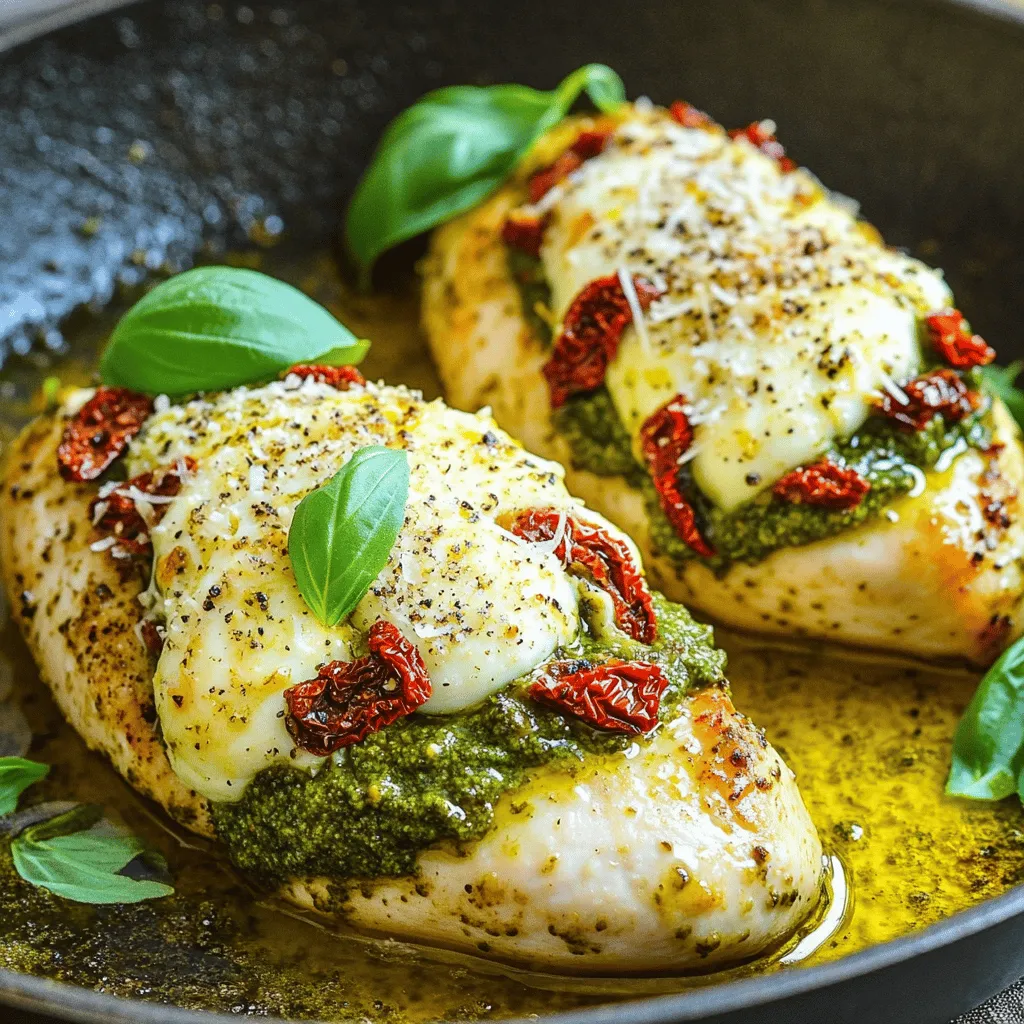 - 4 boneless, skinless chicken breasts - 1 cup fresh basil pesto - 1 cup mozzarella cheese, shredded - 1/2 cup sun-dried tomatoes, finely chopped - 1/4 cup grated Parmesan cheese - 2 tablespoons extra virgin olive oil - Salt and freshly ground black pepper to taste - Fresh basil leaves for garnish When I create Pesto Mozzarella Stuffed Chicken, I focus on using fresh and high-quality ingredients. The chicken breasts form the base of this dish. They need to be boneless and skinless for easy stuffing. This choice makes the chicken tender and juicy. For the stuffing, fresh basil pesto adds a bright flavor. I always use a cup of it. It blends perfectly with the shredded mozzarella cheese. This cheese melts beautifully, adding a rich and creamy texture to the dish. To enhance the flavor, I add sun-dried tomatoes. They give a sweet and tangy bite that complements the pesto. A sprinkle of grated Parmesan cheese also adds depth. I love the salty notes it brings to the mix. Using extra virgin olive oil is key for searing the chicken. It helps create a lovely golden crust. Finally, seasoning with salt and freshly ground black pepper is essential. It brings out the best in all the flavors. Top the dish with fresh basil leaves before serving for a pop of color and freshness. This simple touch makes a big difference! - Preheat the oven to 375°F (190°C). - In a bowl, mix the mozzarella, sun-dried tomatoes, and half the pesto. Stir well. - Take each chicken breast. Slice it horizontally to make a pocket. - Fill each pocket with the pesto mozzarella mix. Spread it evenly inside. - Heat olive oil in a skillet over medium heat. - Place the stuffed chicken in the skillet. Sear for 3-4 minutes on each side until golden. - Spread the remaining pesto on top of each chicken breast. Add grated Parmesan cheese. - Move the skillet to the oven. Bake for 20-25 minutes until the chicken is 165°F (75°C). - Let the chicken rest for a few minutes after baking. This keeps it juicy. - Garnish with fresh basil leaves before serving. Enjoy the vibrant look! To ensure even seasoning, sprinkle salt and pepper on both sides of the chicken. This simple step helps bring out the flavors. Cook the chicken on medium heat to avoid burning, and flip it only once for the best crust. Resting the chicken before serving is key. It allows juices to settle, making each bite juicy and tender. You can elevate the taste with extra herbs like thyme or oregano. A pinch of red pepper flakes adds a nice kick. For sides, try roasted veggies or a fresh salad. Both pair well with the rich flavors of the stuffed chicken. For searing, I recommend using a cast iron skillet or a non-stick skillet. These allow for even cooking and easy cleanup. A meat thermometer is a must-have! It ensures your chicken reaches 165°F (75°C) for safe eating. {{image_4}} You can switch up the cheese in this dish. Try using provolone or gouda for a new flavor. You can also make your own pesto at home. Just blend fresh basil, garlic, nuts, cheese, and olive oil. Adding seasonal vegetables can enhance the stuffing. For example, try chopped spinach or roasted bell peppers. These veggies add color and flavor, making the dish even better. If you want a smoky flavor, try grilling the chicken instead. Just marinate it first to keep it juicy. An air fryer is another quick method. It gives you crispy edges while keeping the inside moist. For a meatless option, consider stuffing bell peppers or zucchini. Use the same cheese and pesto mix to keep the flavor. This makes a great vegetarian dish. Pair this dish with a fresh side salad. A simple green salad with a lemon vinaigrette works well. You can also serve it with pasta topped with marinara sauce. For meal prep, slice the stuffed chicken and store it in containers. It makes a great lunch for work or school. Just add some veggies or grains for a balanced meal. To keep your pesto mozzarella stuffed chicken fresh, store it in the fridge. First, let the chicken cool to room temperature. Then, place it in a container with a tight lid. This will help keep the flavors intact. You should eat the leftovers within three to four days. When you want to enjoy the leftovers, you need to reheat them carefully. The best way is to use an oven or a skillet. Preheat your oven to 350°F (175°C). Place the chicken on a baking sheet. Heat it for 15-20 minutes or until warm. If using a skillet, warm it over low heat, turning the chicken until heated through. This keeps the chicken juicy and tasty. If you want to save the stuffed chicken for later, freezing is a great choice. First, let it cool completely. Wrap each piece tightly in plastic wrap, then place them in a freezer bag. Remove as much air as possible. This helps prevent freezer burn. To thaw, move the chicken to the fridge for several hours or overnight. Once thawed, you can reheat as mentioned above. Enjoy the flavors again! Using a meat thermometer is key. Insert it into the thickest part of the chicken. Aim for an internal temperature of 165°F (75°C). This ensures safety and juicy chicken. Cooking times may vary based on thickness, so the thermometer helps you avoid undercooking. Let the chicken rest after cooking. It allows juices to settle, making it tastier. Yes, you can use frozen chicken breasts! Just remember to defrost them first. The best way is to leave them in the fridge overnight. If you’re in a hurry, use the cold water method. Place the sealed chicken in cold water, changing it every 30 minutes. Once thawed, follow the recipe as usual. Cooking from frozen takes longer, so adjust your cooking time. You can keep leftovers in the fridge for up to three days. Store them in an airtight container to maintain freshness. If you want to keep them longer, consider freezing them. Just make sure to label the container with the date. This will help you track how long they’ve been stored. Always check for signs of spoilage before eating. This blog post shared how to make delicious pesto mozzarella stuffed chicken. You learned about the key ingredients like chicken, pesto, and cheese. I covered step-by-step instructions to ensure tasty results. Tips helped you cook evenly and enhance flavors. Variations let you customize the dish to your taste. Cooking is fun, and this recipe is easy to follow. With the right tools and tips, you can create a meal everyone will love. Enjoy your cooking and share this dish with friends!