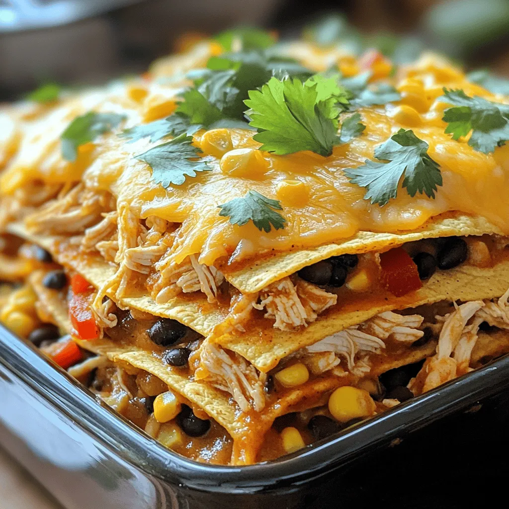 - 2 cups cooked chicken, shredded - 1 can (10 oz) spicy enchilada sauce - 1 can (15 oz) black beans, drained and rinsed - 1 cup corn kernels (frozen or fresh) - 1 red bell pepper, diced - 1 small onion, finely chopped - 2 cups shredded cheese - 6-8 corn tortillas, cut into strips - 1 teaspoon ground cumin - 1 teaspoon chili powder - Salt and pepper to taste - Fresh cilantro for garnish - Sour cream for serving - Sliced avocados - Jalapeños I love using simple and fresh ingredients for my Hearty Crockpot Chicken Enchilada Casserole. It’s all about making a dish that warms your heart. The key is to start with good cooked chicken. You can roast it, grill it, or even use leftovers from another meal. Shredded chicken gives the dish a nice texture. The spicy enchilada sauce adds a kick. It’s the magic that brings everything together. I often use a can because it saves time. Black beans are a must. They add protein and fiber, making the dish filling. Don't skip the corn; it adds sweetness and color. Fresh veggies bring life to the casserole. Diced red bell pepper and chopped onions give crunch and flavor. I love the way they blend with the cheese and tortillas. Speaking of cheese, you can choose a tasty cheddar or a Mexican blend for that gooey goodness. Corn tortillas are a fun twist. Cut them into strips and layer them in the dish. They soak up the sauce and become soft and delicious. Seasoning is important, too. Ground cumin and chili powder add depth. A pinch of salt and pepper balances all the flavors. For serving, I like to add fresh cilantro. It brightens the dish and adds a burst of freshness. If you want to make it even richer, sour cream and sliced avocados work wonders. You can even add jalapeños for those who love heat. This recipe is simple and customizable. You can find the Full Recipe to make your own variation. So gather these ingredients, and let’s get cooking! - First, grab a large mixing bowl. - Combine all the ingredients from the recipe. - Mix until everything is well blended and coated. - Next, grease the inside of your crockpot. - Start by adding half of the chicken mixture to the crockpot. - Spread it evenly across the bottom. - Next, layer half of the tortilla strips over the chicken. - Sprinkle about 1 cup of cheese on top of the tortilla strips. - Repeat this with the remaining chicken mixture and tortilla strips. - Finish with another layer of cheese on top. - Secure the lid on the crockpot. - Set it to low for about 6 hours or high for 3 hours. - Cook until the casserole is hot and the cheese is melted. - When done, carefully lift the lid—watch out for steam! - Let it sit for 10 minutes before serving. This step-by-step guide makes your cooking easier. Enjoy the process and the delicious meal! For the complete recipe, check out the [Full Recipe]. To prevent sticking, always grease the crockpot. Use cooking spray or olive oil. This simple step helps your casserole come out easily. If you skip this, you may face a messy cleanup. For perfect cheese melt, choose a blend of cheeses. Cheddar and Mexican blend work well. Add cheese in layers for better melting. This makes every bite cheesy and delicious. Garnish your casserole for a vibrant look. Fresh cilantro adds color and taste. You can also add a dollop of sour cream on top. This gives the dish a creamy finish. Consider pairing it with side dishes. Sliced avocados or guacamole complement the flavors. A fresh salad also works well and adds crunch. Feel free to adjust ingredients. Swap black beans for pinto beans if you prefer. You can also use rotisserie chicken to save time. Spice level adjustments are easy too. Add jalapeños for heat or keep it mild. Taste as you cook to find your perfect level. {{image_4}} You can easily switch the chicken for beef or turkey. Ground beef works well and adds a rich flavor. Ground turkey is leaner and still tasty. For a vegetarian twist, use black beans, lentils, or mushrooms. These options keep the dish hearty and filling. Adding spices can kick up the taste. Try more chili powder or paprika for heat. You can also mix in garlic powder or onion powder for depth. Fresh herbs like cilantro or parsley add a fresh touch. Including veggies like zucchini or spinach boosts nutrition and color. You can serve this casserole as a taco filling. Just scoop it into taco shells and add your favorite toppings. For breakfast, turn it into a breakfast enchilada casserole. Add scrambled eggs and serve it with salsa. Each option offers a fun twist on the classic dish. For the full recipe, check out the details above. You can keep leftover Hearty Crockpot Chicken Enchilada Casserole in the fridge for about three to four days. Make sure to cover it tightly with plastic wrap or put it in an airtight container. This keeps the flavors fresh and prevents drying out. If you want to save some for later, freezing is a great option. Portion the leftovers into freezer-safe containers. Label each container with the date, so you know when to use it. This casserole can last for up to three months in the freezer. When you’re ready to eat, thaw it overnight in the fridge. For quick thawing, you can use the microwave on the defrost setting. To reheat, the best method is in the oven. Preheat it to 350°F (175°C). Place the casserole in an oven-safe dish, cover it with foil, and heat for about 20-30 minutes. This keeps the texture nice and prevents it from drying out. You can also reheat individual portions in the microwave for about 2-3 minutes. Just make sure to check that it’s heated all the way through before serving. Yes, you can use uncooked chicken. However, you must adjust the cooking time. Raw chicken needs longer to cook. If you use uncooked chicken, cook it on high for about 4 hours. Make sure it reaches an internal temperature of 165°F. This way, the chicken will be safe to eat and tender. To add heat, use spicy enchilada sauce. You can also add sliced jalapeños or extra chili powder. If you want more kick, try adding diced green chilies. You can also top the finished dish with hot sauce. Adjust to your taste for the perfect spice level. Yes! This casserole is great for meal prep. You can mix the ingredients a day ahead. Just store them in the fridge overnight. In the morning, layer them in the crockpot and start cooking. This saves time on busy days, making dinner easy and quick. This casserole pairs well with many sides. You can serve it with a fresh salad or some guacamole. Rice is also a good choice for a hearty meal. For a crunchy touch, add tortilla chips on the side. A dollop of sour cream on top adds creaminess too. This blog post explored how to make a tasty crockpot chicken enchilada casserole. We covered key ingredients, from shredded chicken and spicy enchilada sauce to optional toppings like sour cream. You learned step-by-step instructions for preparation and cooking. Tips helped you avoid sticking and perfect cheese melt. You can customize the dish with various proteins and spices. Enjoy this dish fresh, or store leftovers well for later meals. Cooking should be fun and easy. I hope you feel ready to make this delicious recipe!