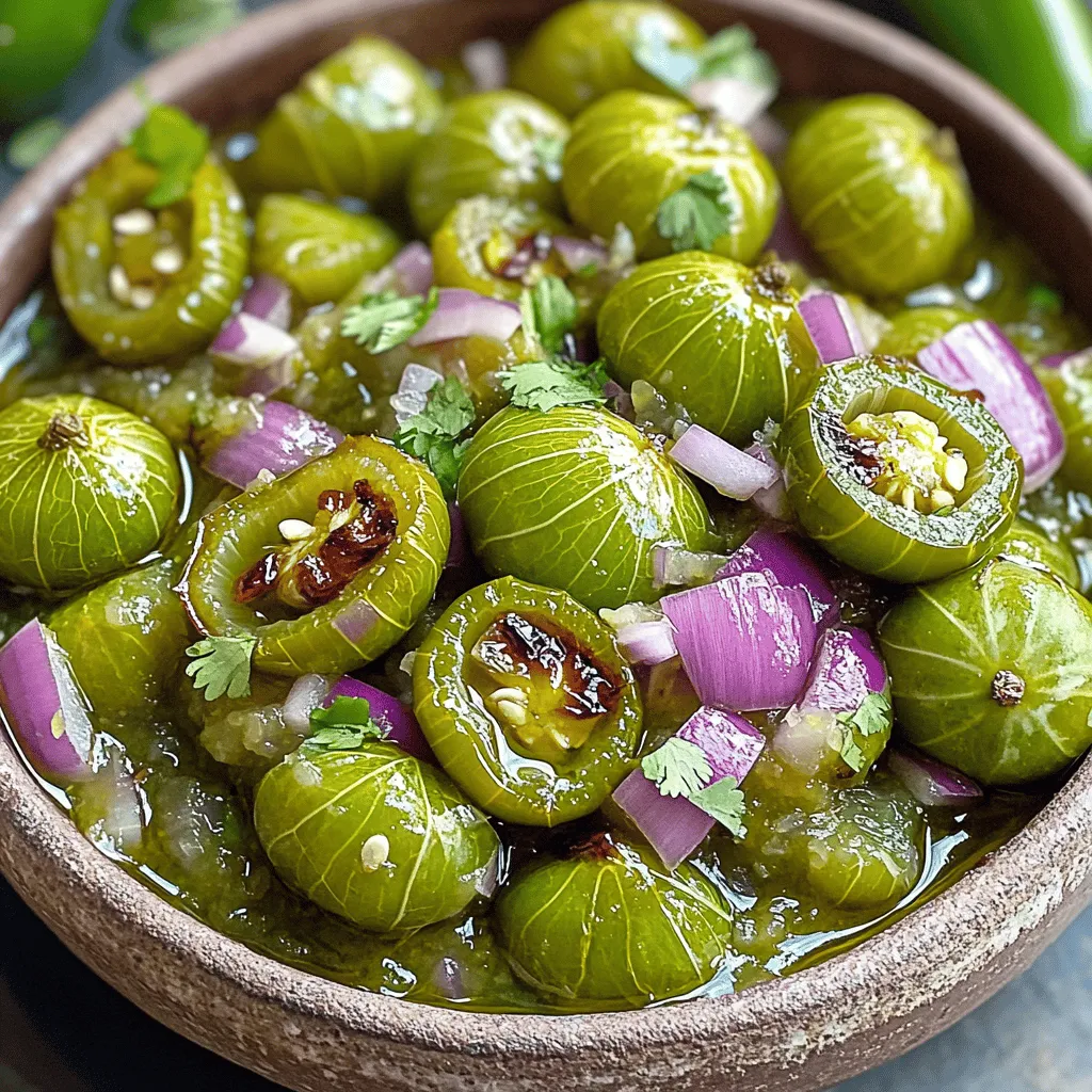 To make this salsa, you need fresh ingredients. Here’s what you will need: - 10 tomatillos, husked and cut into quarters - 1 medium red onion, cut into quarters - 2 cloves garlic, left unpeeled - 1-2 jalapeños, halved and seeds removed - 1 tablespoon olive oil - Sea salt, to taste - ¼ cup fresh cilantro, finely chopped - Juice of 1 fresh lime These ingredients bring bright flavors and a fresh taste to your salsa. The tomatillos give a tangy punch, while the onions add sweetness. Garlic adds depth, and jalapeños bring the heat. If you can’t find some ingredients, don't worry. Here are some easy swaps: - Tomatillos: Green tomatoes or yellow tomatoes can work in a pinch. - Red onion: Use yellow onion for a milder taste. - Jalapeños: Substitute with serrano peppers for more heat or bell peppers for less spice. - Cilantro: If you dislike cilantro, parsley is a good alternative. These substitutions keep the dish flavorful and fun. Feel free to experiment based on what you have. Choosing the right tomatillos is key. Here are some tips: - Look for firm, bright green tomatillos. They should feel heavy for their size. - Avoid ones with brown spots or wrinkles. These may be overripe. - The husk should be dry and not torn or dark. Fresh tomatillos will give your salsa the amazing taste it deserves. Trust your eyes and hands when selecting them. Start by preheating your oven to 425°F (220°C). This heat will help the tomatillos roast perfectly. Next, prepare your veggies. On a baking sheet, place the quartered tomatillos, red onion, unpeeled garlic cloves, and halved jalapeños. Spread them out in a single layer. This helps them roast evenly. Drizzle olive oil on top and sprinkle with sea salt. Toss everything together with your hands. Make sure all the pieces are coated well. Now, it’s time to roast! Put the baking sheet in the oven. Roast the vegetables for about 20-25 minutes. You want the tomatillos to soften, and their skin should get a bit charred. This charring gives the salsa a great flavor. Once they’re done, carefully take the baking sheet out of the oven. Let the veggies cool for a few minutes. When they are cool enough, peel the skin off the roasted garlic. For blending, grab a blender or food processor. Add the roasted tomatillos, onion, peeled garlic, jalapeños, chopped cilantro, and lime juice. Blend until you reach your desired texture, whether smooth or slightly chunky. Taste your salsa and add more salt or lime juice if needed. Let it rest in a bowl for at least 30 minutes. This helps the flavors meld together. For the full recipe, check out the details above. Enjoy your fresh salsa with chips or on tacos! To create the best taste, think about the mix of ingredients. You want sweet, sour, and spicy. The tomatillos add a tangy flavor. The lime juice brightens it up. The jalapeños bring the heat. Taste as you blend, and adjust the salt and lime. A little more lime can add freshness. A pinch more salt can enhance all the flavors. One common mistake is skipping the roasting step. Roasting gives the salsa depth and richness. Also, don’t over-blend the salsa. You want some texture. If you blend too much, it may turn into a puree. Remember to cool the veggies slightly before blending. This step helps to keep the flavors intact. Serve your salsa with tortilla chips for a fun snack. It also pairs well with grilled chicken or fish. Try using it as a topping for tacos or burritos. You can even mix it into scrambled eggs for a zesty breakfast. For a beautiful presentation, garnish with cilantro and lime wedges. This adds color and invites everyone to dig in. For the full recipe, check out the instructions above! {{image_4}} You can change your salsa by adding fruits. Mango or pineapple works well. These sweet fruits balance the salsa's tartness. You can also use roasted bell peppers for a smoky flavor. Experimenting with different veggies adds depth to your salsa. Try zucchini or corn for a fresh twist. This keeps your dish exciting and unique. Spice is a big part of salsa. You can control it easily. If you want mild salsa, use less jalapeño. Remove the seeds for less heat. For more spice, add more jalapeños or a serrano pepper. You can even sprinkle in some cayenne pepper. Taste as you go, so you get it just right. Herbs can change the taste of your salsa. Cilantro is classic, but you can try others too. Fresh mint adds a cool touch, while basil gives a sweet flavor. Parsley is a great option if you want something milder. Mix and match herbs to find your favorite blend. Each herb brings its own flair, making your salsa even better. For the full recipe, check out the details above. After making your easy roasted tomatillo salsa, let it cool. Store it in an airtight container in the fridge. This keeps the salsa fresh and tasty. It’s best to use it within a week for the best flavor. You can freeze your salsa if you want to keep it longer. Place the salsa in a freezer-safe container or a zip-top bag. Be sure to leave some space for the salsa to expand. It can last up to three months in the freezer. When you’re ready to use it, just thaw it in the fridge overnight. Freshly made tomatillo salsa lasts about 5 to 7 days in the fridge. If you freeze it, enjoy it within three months. You may notice slight changes in texture after freezing, but the taste stays great. For the full recipe, check out the details above. Yes, you can use unroasted tomatillos. However, roasting them brings out their best flavor. Roasting adds a nice char and sweetness. If you skip roasting, the salsa will taste more raw and tart. It won’t have that deep, rich taste that makes roasted tomatillo salsa special. Tomatillo salsa is great with many dishes. Here are some ideas: - Tacos: It adds a fresh kick. - Grilled chicken: The salsa brightens the dish. - Quesadillas: It creates a tasty dip. - Nachos: Pour it over your chips for extra flavor. - Burritos: A drizzle makes them more exciting. You can use it to spice up any meal! To make your salsa spicier, here are a few options: - Add more jalapeños: Use 3 or 4 instead of 1 or 2. - Try serrano peppers: They are hotter than jalapeños. - Include a pinch of cayenne pepper: This adds heat without changing the flavor. - Let it sit longer: Sometimes, flavors intensify over time, so wait before tasting. Feel free to adjust the spice level to fit your taste! For the full recipe, check out the [Full Recipe]. In this article, we explored how to make easy roasted tomatillo salsa. We covered essential ingredients, substitutions, and tips for selecting fresh tomatillos. The step-by-step instructions guided you through preparation, roasting, and blending. I shared tips for flavor balance and common mistakes to avoid. You also learned storage practices and answered common questions. Making salsa from tomatillos is not just fun. It opens doors to many flavors. Enjoy experimenting, and don’t forget to share your creations!