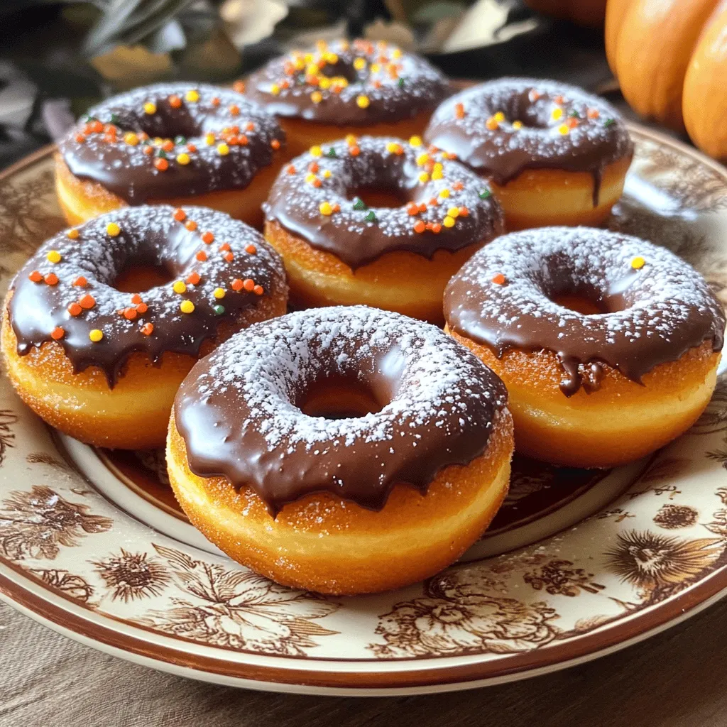 To make gluten-free pumpkin donuts, start with key ingredients. Here’s what you need: - 1 cup gluten-free all-purpose flour - 1/2 cup pumpkin puree - 1/2 cup almond flour - 1/2 cup sugar (coconut sugar works well) - 1/4 cup pure maple syrup - 1 teaspoon baking powder - 1/2 teaspoon baking soda - 1 teaspoon ground cinnamon - 1/4 teaspoon ground nutmeg - 1/4 teaspoon ground cloves - 1/2 teaspoon salt - 2 large eggs - 1/4 cup melted coconut oil or unsalted butter - 1 teaspoon pure vanilla extract These ingredients create a moist and flavorful treat. The pumpkin puree brings warmth, while spices give that cozy fall vibe. If you want to mix things up, try different gluten-free flours. Here are some good options: - Oat flour - Brown rice flour - Cassava flour Each flour has its own taste and texture. Oat flour adds a nutty flavor, while cassava flour keeps it light and fluffy. You can take your donuts to the next level with these optional ingredients: - Chocolate glaze for a sweet touch - Maple glaze for a classic flavor - Chopped nuts for crunch These extras allow you to customize your donuts. I love adding a chocolate glaze for a rich taste. You can find the full recipe for these delicious gluten-free pumpkin donuts in the main article. Enjoy experimenting! Start with gathering all your ingredients. This makes cooking easier and more fun. Here’s what you need: - 1 cup gluten-free all-purpose flour - 1/2 cup pumpkin puree - 1/2 cup almond flour - 1/2 cup sugar - 1/4 cup pure maple syrup - 1 teaspoon baking powder - 1/2 teaspoon baking soda - 1 teaspoon ground cinnamon - 1/4 teaspoon ground nutmeg - 1/4 teaspoon ground cloves - 1/2 teaspoon salt - 2 large eggs - 1/4 cup melted coconut oil or unsalted butter - 1 teaspoon pure vanilla extract - Optional: Chocolate glaze or maple glaze for topping Make sure everything is fresh. Preheat your oven to 350°F (175°C). Grease your donut pan with coconut oil or baking spray. This step helps the donuts come out easily. In a large bowl, mix the dry ingredients first. Combine the gluten-free flour, almond flour, sugar, baking powder, baking soda, cinnamon, nutmeg, cloves, and salt. Whisk them until well blended. In a separate bowl, whisk the wet ingredients. Mix the pumpkin puree, maple syrup, eggs, melted coconut oil, and vanilla. Keep whisking until it is smooth and creamy. Now, pour the wet mixture into the dry ingredients. Stir gently. Be careful not to overmix; this keeps your donuts soft. Transfer your donut batter into a piping bag or a ziplock bag. Snip off one corner for easy filling. Pipe the batter into the donut pan, filling each cavity about 2/3 full. This allows space for the donuts to rise while baking. Place the pan in your preheated oven. Bake for 12-15 minutes. Check if they’re done by inserting a toothpick in the center. If it comes out clean, they are ready! Once baked, take the pan out and let the donuts cool for about 5 minutes. Then, move them to a wire rack to cool completely. If you want, dip the tops in chocolate or maple glaze for a tasty touch. Enjoy your flavorful fall treat! For the full recipe, check the earlier section. To get fluffy gluten-free pumpkin donuts, use a mix of flours. I suggest both gluten-free all-purpose flour and almond flour. This blend gives a nice balance of lightness and moisture. Make sure you measure your flour correctly. Too much flour can make your donuts dense. Always spoon flour into your measuring cup and level it off. One common mistake is overmixing the batter. Mix just until combined to keep the donuts light. Another pitfall is using too much pumpkin puree. Stick to a half cup for the best texture. Also, remember to check your oven's temperature. An oven that is too hot can cause donuts to bake too fast and become dry. Glazing adds an extra touch to your donuts. Let your donuts cool completely before glazing. This way, the glaze won't slide off. For a good glaze, dip the tops of the donuts into your chosen glaze. Move them quickly for a nice, even coat. You can even sprinkle some toppings right after glazing to make them more fun. For the full recipe, check out the complete instructions. {{image_4}} You can make these donuts even more fun with flavor add-ins. Here are a few ideas: - Chopped nuts: Walnuts or pecans add a nice crunch. - Chocolate chips: Dark or dairy-free chips bring a rich sweetness. - Dried fruit: Cranberries or raisins give a chewy texture. - Zest: Grated orange or lemon zest brightens the flavors. Try mixing in one or more of these for a unique twist! For a vegan version, you can easily swap a few ingredients. Use flax eggs instead of regular eggs. Mix 1 tablespoon of ground flaxseed with 3 tablespoons of water for each egg. You can also use plant-based milk in place of any dairy. This keeps the donuts soft and moist. Plus, use coconut oil or a vegan butter substitute for the fat. These swaps ensure everyone can enjoy these tasty treats. If you want bite-sized donuts, a mini donut pan is your friend. Simply follow the same recipe but fill the mini pan cavities only halfway. Bake for about 8-10 minutes instead of the longer time needed for regular donuts. Mini donuts are perfect for parties or snacks. They are easy to grab and eat, plus they look adorable on a platter! For the full recipe, check out the Spooky Gluten-Free Pumpkin Donuts section. To keep your gluten-free pumpkin donuts fresh, store them in an airtight container. This helps lock in moisture and flavor. Place a piece of parchment paper between layers to avoid sticking. You can keep them at room temperature for up to three days. If you want them to last longer, refrigerate them. Just make sure to let them cool before sealing. If you want to freeze your donuts, it’s best to do so without glaze. Allow them to cool completely, then wrap each donut tightly in plastic wrap. Place them in a freezer bag and label it with the date. They can last up to three months in the freezer. To reheat, take one out and let it thaw. You can warm it in the microwave for about 10-15 seconds. This brings back the soft texture. Homemade gluten-free donuts taste best when fresh. However, they can stay good for a few days. Check for any signs of spoilage before eating. If they start to smell off or have a strange texture, it’s best to toss them. Enjoy your donuts at their peak freshness for the best taste experience! For the full recipe, follow the link here: [Full Recipe]. Yes, you can use applesauce or mashed banana instead of pumpkin puree. Both options add moisture and sweetness. However, they will change the taste of the donuts. If you prefer a milder flavor, applesauce works well. You can also try butternut squash puree for a similar taste and texture. Your gluten-free donuts are ready when they are golden brown and spring back when touched. You can also use a toothpick to check. Insert it into the center of a donut. If it comes out clean, the donuts are done. Keep an eye on them during baking. Overbaking can make them dry. To frost your gluten-free donuts, wait until they cool completely. You can dip the tops in chocolate glaze or maple glaze. For a simple glaze, mix powdered sugar with a splash of milk or water until smooth. Drizzle the glaze on top for a fun look. Add sprinkles for extra flair! For more tips, check out the Full Recipe. These gluten-free pumpkin donuts are both fun and easy to make. We explored key ingredients, including fun flavor add-ins and different flours. We also discussed baking steps, ensuring the perfect texture, and avoiding common mistakes. Plus, you learned how to store your donuts for freshness. In the end, you can create tasty variations to fit your diet. Enjoy these sweet treats without worry! Try making them your own with simple tweaks.