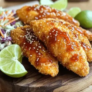 For this tasty dish, gather these simple items: - 1 lb chicken tenders - 1/2 cup all-purpose flour - 1 teaspoon garlic powder - 1 teaspoon onion powder - 1/2 teaspoon salt - 1/4 teaspoon black pepper - 2 large eggs - 3/4 cup breadcrumbs (panko for extra crunch) Next, prepare the sweet and spicy sauce with: - 1/4 cup honey - 3 tablespoons Sriracha sauce - 1 tablespoon soy sauce - 1 teaspoon sesame oil To make your meal complete, consider these sides: - Fresh lime wedges for brightness - A sprinkle of sesame seeds for crunch - Crispy coleslaw for freshness These ingredients come together to create a dish that bursts with flavor. Each bite offers a perfect balance of sweet and spicy, making it a favorite for any occasion. Start by gathering your breading station. You need three bowls. In the first bowl, mix together: - 1/2 cup all-purpose flour - 1 teaspoon garlic powder - 1 teaspoon onion powder - 1/2 teaspoon salt - 1/4 teaspoon black pepper In the second bowl, whisk two large eggs until smooth. The last bowl holds your breadcrumbs. I recommend using 3/4 cup panko breadcrumbs for extra crunch. Take one chicken tender and dip it into the flour mix. Make sure it’s fully coated. Shake off any extra flour. Next, dip it in the egg mixture, letting the excess drip off. Finally, roll the tender in the breadcrumbs until it's fully covered. Place the breaded tenders on a clean plate and repeat for all. Heat cooking oil in a large skillet over medium heat. You can test if the oil is ready by dropping in a breadcrumb; it should sizzle. Carefully add the breaded chicken tenders in batches. Fry each tender for 4-5 minutes on each side. They should turn golden brown and reach an internal temp of 165°F (75°C). In a small bowl, mix together: - 1/4 cup honey - 3 tablespoons Sriracha sauce - 1 tablespoon soy sauce - 1 teaspoon sesame oil Whisk until it’s well mixed. Save a few tablespoons of this sauce for later. Once all the chicken is cooked, place them in a large bowl and pour the sauce over them. Toss gently to coat each piece evenly. Arrange the chicken tenders on a serving platter. Drizzle the reserved sauce on top for added flavor. For a colorful presentation, serve with fresh lime wedges and a sprinkle of sesame seeds. You might also pair them with crispy coleslaw for a refreshing crunch. Enjoy your tasty dish! The prep time for Sriracha Honey Chicken Tenders is 15 minutes. This includes gathering your ingredients and getting everything ready to cook. Make sure to set up your breading station first. This way, you can coat the chicken tenders without any mess. The total time to make these chicken tenders is 30 minutes. Here’s how it breaks down: - Prep time: 15 minutes - Cooking time: 15 minutes This means you can get a tasty meal on the table in half an hour! This recipe serves 4 people. Each person gets about 4 chicken tenders. If you have a big group, you can easily double the ingredients. Just make sure to fry in batches to keep them crispy. Enjoy your meal with friends or family! {{image_4}} To get a crispy coating, use panko breadcrumbs. They fry up crunchier than regular ones. Make sure the chicken is dry before coating. Pat it with a paper towel. This helps the coating stick better. When you bread the chicken, shake off extra flour. This step keeps the coating light and crispy. Finally, fry in hot oil. A good test is to drop a breadcrumb in. If it sizzles, your oil is ready. You can change the sauce to suit your taste. Add more Sriracha for extra heat. If you like a sweeter flavor, add more honey. You can mix in lime juice for a zesty touch. Try adding garlic or ginger to the sauce for a unique twist. You can also use different oils, like coconut oil, for a new flavor profile. Experiment with spices like paprika or cayenne in the flour mix to add depth. Frying gives the best texture. However, you can bake these tenders for a healthier option. To bake, preheat your oven to 400°F. Place the coated chicken on a baking sheet. Spray it with cooking oil to help it crisp up. Bake for about 20-25 minutes, flipping halfway through. You can also air fry the tenders. This method uses less oil and still keeps them crispy. Cook them at 380°F for about 12-15 minutes. If you love heat, you can boost the spice level. Add extra Sriracha to the sauce. Try using a hot chili sauce, like sambal oelek. You can also sprinkle red pepper flakes into the flour mix for added heat. These changes will make your chicken tenders fiery and exciting! To change the flavor of your sauce, swap honey for maple syrup or agave nectar. You can also use brown sugar for a deeper sweetness. If you want a fruity twist, try adding a splash of orange juice or pineapple juice. Each option will add a new taste to your chicken tenders. To make this dish gluten-free, use gluten-free flour and breadcrumbs. You can also skip the frying. Baking the chicken tenders will keep them healthier. Place them on a baking sheet lined with parchment paper. Bake at 400°F until golden brown and cooked through, about 20-25 minutes. These changes will suit many dietary needs while keeping the dish tasty! Yes, you can bake these chicken tenders. Preheat your oven to 400°F (200°C). Arrange the breaded tenders on a baking sheet lined with parchment paper. Spray them lightly with cooking oil for a crispy finish. Bake for 20-25 minutes, flipping halfway through. This method gives you a healthier option while keeping the flavors intact. To store leftover chicken tenders, let them cool to room temperature. Place them in an airtight container. They will last in the fridge for 3-4 days. When ready to eat, reheat them in the oven for the best texture. You can also microwave them, but they may lose some crunch. If you don’t have Sriracha, hot sauce can work too. You could also mix chili paste with honey for a similar flavor. Adjust the amount to match your spice level. If you want a milder taste, use sweet chili sauce instead. This will give you sweetness without too much heat. Yes, you can use chicken breasts. Cut them into strips to make them similar in size to tenders. Keep in mind that cooking time may vary. Make sure the internal temperature reaches 165°F (75°C) for safe eating. The flavor will still shine through, and you’ll have a tasty dish. This blog post covered how to make Sriracha honey chicken tenders. We looked at the main and additional ingredients and examined each cooking step. You learned about cooking times, serving sizes, and tasty tips to perfect your dish. Try the variations for more flavor options. Remember, cooking should be fun and creative. Enjoy your tasty chicken tenders, and don't hesitate to get playful with the sauce!