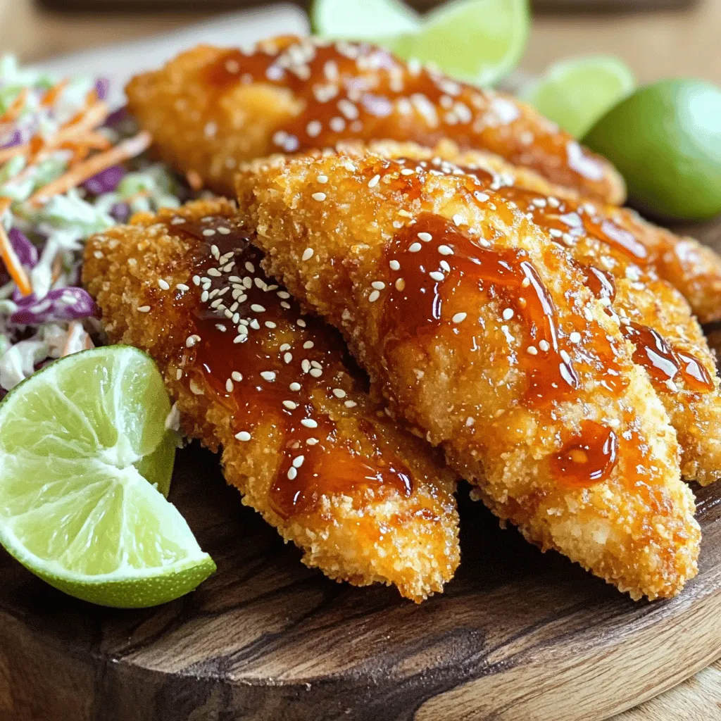 For this tasty dish, gather these simple items: - 1 lb chicken tenders - 1/2 cup all-purpose flour - 1 teaspoon garlic powder - 1 teaspoon onion powder - 1/2 teaspoon salt - 1/4 teaspoon black pepper - 2 large eggs - 3/4 cup breadcrumbs (panko for extra crunch) Next, prepare the sweet and spicy sauce with: - 1/4 cup honey - 3 tablespoons Sriracha sauce - 1 tablespoon soy sauce - 1 teaspoon sesame oil To make your meal complete, consider these sides: - Fresh lime wedges for brightness - A sprinkle of sesame seeds for crunch - Crispy coleslaw for freshness These ingredients come together to create a dish that bursts with flavor. Each bite offers a perfect balance of sweet and spicy, making it a favorite for any occasion. Start by gathering your breading station. You need three bowls. In the first bowl, mix together: - 1/2 cup all-purpose flour - 1 teaspoon garlic powder - 1 teaspoon onion powder - 1/2 teaspoon salt - 1/4 teaspoon black pepper In the second bowl, whisk two large eggs until smooth. The last bowl holds your breadcrumbs. I recommend using 3/4 cup panko breadcrumbs for extra crunch. Take one chicken tender and dip it into the flour mix. Make sure it’s fully coated. Shake off any extra flour. Next, dip it in the egg mixture, letting the excess drip off. Finally, roll the tender in the breadcrumbs until it's fully covered. Place the breaded tenders on a clean plate and repeat for all. Heat cooking oil in a large skillet over medium heat. You can test if the oil is ready by dropping in a breadcrumb; it should sizzle. Carefully add the breaded chicken tenders in batches. Fry each tender for 4-5 minutes on each side. They should turn golden brown and reach an internal temp of 165°F (75°C). In a small bowl, mix together: - 1/4 cup honey - 3 tablespoons Sriracha sauce - 1 tablespoon soy sauce - 1 teaspoon sesame oil Whisk until it’s well mixed. Save a few tablespoons of this sauce for later. Once all the chicken is cooked, place them in a large bowl and pour the sauce over them. Toss gently to coat each piece evenly. Arrange the chicken tenders on a serving platter. Drizzle the reserved sauce on top for added flavor. For a colorful presentation, serve with fresh lime wedges and a sprinkle of sesame seeds. You might also pair them with crispy coleslaw for a refreshing crunch. Enjoy your tasty dish! The prep time for Sriracha Honey Chicken Tenders is 15 minutes. This includes gathering your ingredients and getting everything ready to cook. Make sure to set up your breading station first. This way, you can coat the chicken tenders without any mess. The total time to make these chicken tenders is 30 minutes. Here’s how it breaks down: - Prep time: 15 minutes - Cooking time: 15 minutes This means you can get a tasty meal on the table in half an hour! This recipe serves 4 people. Each person gets about 4 chicken tenders. If you have a big group, you can easily double the ingredients. Just make sure to fry in batches to keep them crispy. Enjoy your meal with friends or family! {{image_4}} To get a crispy coating, use panko breadcrumbs. They fry up crunchier than regular ones. Make sure the chicken is dry before coating. Pat it with a paper towel. This helps the coating stick better. When you bread the chicken, shake off extra flour. This step keeps the coating light and crispy. Finally, fry in hot oil. A good test is to drop a breadcrumb in. If it sizzles, your oil is ready. You can change the sauce to suit your taste. Add more Sriracha for extra heat. If you like a sweeter flavor, add more honey. You can mix in lime juice for a zesty touch. Try adding garlic or ginger to the sauce for a unique twist. You can also use different oils, like coconut oil, for a new flavor profile. Experiment with spices like paprika or cayenne in the flour mix to add depth. Frying gives the best texture. However, you can bake these tenders for a healthier option. To bake, preheat your oven to 400°F. Place the coated chicken on a baking sheet. Spray it with cooking oil to help it crisp up. Bake for about 20-25 minutes, flipping halfway through. You can also air fry the tenders. This method uses less oil and still keeps them crispy. Cook them at 380°F for about 12-15 minutes. If you love heat, you can boost the spice level. Add extra Sriracha to the sauce. Try using a hot chili sauce, like sambal oelek. You can also sprinkle red pepper flakes into the flour mix for added heat. These changes will make your chicken tenders fiery and exciting! To change the flavor of your sauce, swap honey for maple syrup or agave nectar. You can also use brown sugar for a deeper sweetness. If you want a fruity twist, try adding a splash of orange juice or pineapple juice. Each option will add a new taste to your chicken tenders. To make this dish gluten-free, use gluten-free flour and breadcrumbs. You can also skip the frying. Baking the chicken tenders will keep them healthier. Place them on a baking sheet lined with parchment paper. Bake at 400°F until golden brown and cooked through, about 20-25 minutes. These changes will suit many dietary needs while keeping the dish tasty! Yes, you can bake these chicken tenders. Preheat your oven to 400°F (200°C). Arrange the breaded tenders on a baking sheet lined with parchment paper. Spray them lightly with cooking oil for a crispy finish. Bake for 20-25 minutes, flipping halfway through. This method gives you a healthier option while keeping the flavors intact. To store leftover chicken tenders, let them cool to room temperature. Place them in an airtight container. They will last in the fridge for 3-4 days. When ready to eat, reheat them in the oven for the best texture. You can also microwave them, but they may lose some crunch. If you don’t have Sriracha, hot sauce can work too. You could also mix chili paste with honey for a similar flavor. Adjust the amount to match your spice level. If you want a milder taste, use sweet chili sauce instead. This will give you sweetness without too much heat. Yes, you can use chicken breasts. Cut them into strips to make them similar in size to tenders. Keep in mind that cooking time may vary. Make sure the internal temperature reaches 165°F (75°C) for safe eating. The flavor will still shine through, and you’ll have a tasty dish. This blog post covered how to make Sriracha honey chicken tenders. We looked at the main and additional ingredients and examined each cooking step. You learned about cooking times, serving sizes, and tasty tips to perfect your dish. Try the variations for more flavor options. Remember, cooking should be fun and creative. Enjoy your tasty chicken tenders, and don't hesitate to get playful with the sauce!