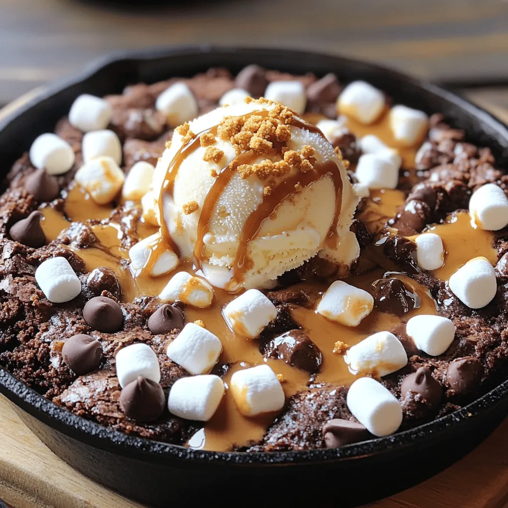 S'mores Brownie Skillet is simple to make. You need some key ingredients to create this delicious treat. Here’s the list: - 1 cup unsalted butter, melted - 1 1/4 cups granulated sugar - 3/4 cup packed brown sugar - 4 large eggs - 1 teaspoon pure vanilla extract - 1 cup all-purpose flour - 1 cup unsweetened cocoa powder - 1/2 teaspoon baking powder - 1/2 teaspoon fine sea salt - 1 cup mini marshmallows - 1 cup graham cracker crumbs - 1/2 cup semi-sweet or milk chocolate chips - Additional mini marshmallows and graham cracker crumbs for topping Each ingredient plays a big role. The butter gives a rich flavor. The sugar makes it sweet and gooey. The eggs help hold it all together. Flour and cocoa powder form the base of the brownie. Baking powder makes it rise just right. Sea salt enhances the taste, while marshmallows and chocolate chips add fun texture and flavor. Lastly, graham crackers give that classic s'mores crunch. Feel free to gather these ingredients before you start. The more prepared you are, the easier it will be to whip up this tasty dessert! Set your oven to 350°F (175°C). This step warms the oven and helps the brownies bake evenly. Grease a 10-inch cast iron skillet with butter or spray. This keeps the brownies from sticking. In a big bowl, mix the melted butter with granulated sugar and brown sugar. Use a whisk to stir until it looks smooth. This blend gives the brownies a rich flavor. In a different bowl, sift together flour, cocoa powder, baking powder, and salt. Slowly add this mix to the wet ingredients. Stir gently until just combined. Don’t mix too much or the brownies will be tough. Now, fold in the mini marshmallows, graham cracker crumbs, and chocolate chips. This step adds fun textures and flavors. Make sure everything is evenly mixed throughout the batter. Pour the batter into your greased skillet. Spread it evenly across the bottom. This ensures all parts of the brownies bake at the same time. Place the skillet in the oven. Bake for 25-30 minutes. Check by putting a toothpick in the center. It should come out with some moist crumbs. Avoid overbaking, as this makes brownies dry. After baking, sprinkle extra mini marshmallows and graham cracker crumbs on top. Switch to broil and toast for 1-2 minutes. Keep a close watch to avoid burning. Let the skillet cool for a few minutes before serving. This helps the brownies set up. Cut into pieces and enjoy warm, topped with ice cream if you like. To get the best texture in your S’mores Brownie Skillet, don’t overmix the batter. Mix just until the dry ingredients blend in. Overmixing can lead to tough brownies. You want them soft and chewy. Adding mini marshmallows also helps with the soft texture. They melt and create gooey pockets in every bite. When baking, always preheat your oven to 350°F (175°C). This ensures even cooking. Use a 10-inch cast iron skillet or an oven-safe pan to help with heat distribution. Grease the pan well to prevent sticking. Check your brownies at 25 minutes. If a toothpick comes out with a few moist crumbs, they are done. Serve the brownies warm from the oven for the best taste. Top them with more mini marshmallows and graham cracker crumbs. For a delicious treat, add a scoop of vanilla ice cream on top. Drizzle with chocolate sauce for extra sweetness. Enjoy the mix of warm, gooey chocolate with crunchy bits. {{image_4}} You can switch out the chocolate in these brownies. Use dark chocolate for a richer taste. If you want something sweeter, use milk chocolate. You can also try white chocolate chips for a fun twist. Each option gives a unique flavor to your S’mores Brownie Skillet. To make this treat gluten-free, swap all-purpose flour for a gluten-free blend. Look for blends that include xanthan gum. This keeps the texture light and fluffy. You can also check if the graham cracker crumbs are gluten-free. These swaps let everyone enjoy this dessert. Want to jazz up your brownies? Add a teaspoon of espresso powder to boost the chocolate flavor. You could mix in peanut butter chips for a creamy touch. Try crushed nuts for some crunch. Each addition adds its twist, so feel free to get creative! To store your S'mores Brownie Skillet, let it cool first. Once cooled, cover it tightly with plastic wrap or foil. You can also transfer it to an airtight container. This keeps the brownies fresh for up to three days at room temperature. When you're ready to enjoy leftovers, preheat your oven to 350°F (175°C). Place the skillet in the oven for about 10-15 minutes. This warms the brownies without drying them out. Alternatively, you can microwave a slice for 20-30 seconds. Pair it with ice cream for a warm treat! If you want to save some for later, freezing works well. Cut the brownies into squares and wrap each piece in plastic wrap. Place them in a freezer bag or container. The brownies can stay frozen for up to three months. When you're ready, let them thaw in the fridge overnight or warm them up directly from the freezer. You can tell the brownies are ready when a toothpick comes out with a few moist crumbs. This means they are still soft inside. If the toothpick comes out clean, they may be overbaked. Aim for 25-30 minutes of baking time, but start checking at 25 minutes. Yes, you can use any oven-safe pan. A square or round baking dish works well too. Just adjust the baking time if the pan is larger or smaller. A larger pan may bake faster, while a smaller one may take longer. If you don’t have marshmallows, try using whipped cream or meringue instead. You can also use chocolate spread for extra richness. Consider adding nuts for texture if you like a little crunch. You can prepare the brownie batter and store it in the fridge for up to a day. Just make sure to cover it tightly. When you're ready to bake, let it sit at room temperature for about 30 minutes before baking. You can add extra chocolate chips or nuts for a delightful crunch. Drizzling chocolate or caramel sauce on top adds sweetness. Fresh fruits like raspberries or strawberries make it look fancy and taste fresh. Consider adding whipped cream for a creamy finish! You've learned how to make delicious brownies with simple steps. We covered ingredients, mixing methods, and baking tips. Remember, following the right steps leads to great results. Don't forget to try different flavors or adapt for dietary needs. Store leftovers properly to enjoy later. Baking is easy and fun! Enjoy your sweet treats!