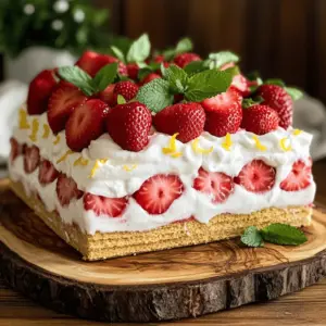 - 2 cups fresh strawberries, hulled and thinly sliced - 1 tablespoon granulated sugar - 2 cups heavy whipping cream - 1 teaspoon pure vanilla extract - 1/2 cup powdered sugar - 1 package of graham crackers (14-16 sheets) - Zest of 1 lemon - Optional: Fresh mint leaves for garnish Gathering fresh ingredients is key for great flavor. I love using ripe strawberries. They add sweetness and juiciness. The lemon zest brightens the cream. It brings a bit of zing to the dish. You will need heavy whipping cream for the fluffy texture. The granulated sugar helps to sweeten the strawberries. It also adds depth to the whipped cream. Graham crackers form the base. They soften and soak up the flavors. This makes the cake creamy and delicious. Feel free to add mint leaves for garnish. They look lovely on top. They also add a fresh taste. Each ingredient plays a special role. They work together to create a delightful dessert. Choose quality ingredients for the best results. Enjoy the process of creating this tasty icebox cake! - In a medium bowl, combine 2 cups of sliced strawberries with 1 tablespoon of granulated sugar. - Gently toss the strawberries to coat them well. - Let them sit for 15 to 20 minutes. This process is called macerating. It helps the strawberries release their juice and form a sweet syrup. - In a large bowl, pour in 2 cups of heavy whipping cream. - Using an electric mixer, whip the cream on medium speed until it starts to thicken. - Add 1 teaspoon of pure vanilla extract and 1/2 cup of powdered sugar. - Keep mixing until soft peaks form. You want a light and fluffy cream. - Fold in the zest of 1 lemon. This adds a nice flavor without making it too sweet. - Choose a 9x13 inch baking dish. - Start with a single layer of graham crackers at the bottom. - Spread half of the whipped cream over the crackers. Smooth it out evenly. - Spoon half of the macerated strawberries on top, along with some syrup. - Repeat the layers: another layer of graham crackers, the rest of the whipped cream, and the remaining strawberries. - Once all layers are in the dish, cover it tightly with plastic wrap. - Place it in the refrigerator for at least 4 hours. For the best taste, let it chill overnight. - This waiting time allows the flavors to blend and the graham crackers to soften, creating a lovely cake-like texture. To make the best whipped cream, start with cold heavy cream. Pour it into a large bowl. Then, mix it on medium speed. Watch closely as it starts to thicken. You want to stop when soft peaks form. This means the cream holds its shape but is still fluffy. Add the powdered sugar slowly. This step is key. Gradually mixing in the sugar helps the cream stay stable. If you add it too fast, you may end up with grainy cream. This makes a big difference in texture. When it's time to serve your cake, make it pretty! Use a decorative platter or glass cups. This makes each serving look fancy. Drizzle some extra strawberry juice around each piece. It adds a nice touch and makes it look even yummier. If you don’t have mint, try lemon balm or a sprinkle of zest. These options still add freshness and color to your dish. Sometimes, issues pop up while making whipped cream. If you over-whip it, it can turn buttery. To fix this, gently fold in a bit of fresh cream. This can save your whipped cream from disaster. For graham crackers, ensure they soften just right. If they are too crunchy, the cake won't hold together well. A longer chill time helps them soften into a lovely cake-like texture. Aim for at least four hours, but overnight is best. {{image_4}} You can make this dessert even more exciting by adding different fruits. Blueberries and raspberries work great. Just mix them in with the strawberries. You can also play with flavor extracts. Almond or lemon can add a nice twist. Simply stir a few drops into your whipped cream for a new taste. If you need a gluten-free option, use gluten-free graham crackers. They are easy to find in stores. For a vegan version, swap out heavy cream for coconut cream. Chill the coconut cream overnight. Then whip it just like regular cream for a creamy texture. You can serve the cake in two ways. Either layer it in a dish or use individual cups. Cups are great for parties. They make serving easy and fun. You can also combine the cake with ice cream or other desserts. A scoop of vanilla ice cream on the side adds extra joy to each bite. Store your Strawberry Shortcake Icebox Cake in an airtight container. This keeps it fresh and tasty. Make sure to cover the cake well with plastic wrap before placing it in the container. This helps prevent air from getting in and drying it out. If you can, use a container that fits the cake snugly. You can freeze this cake if you want to save some for later. First, cut the cake into squares. Then, wrap each piece tightly in plastic wrap. Place the wrapped pieces in a freezer bag or container. This helps keep out moisture and keeps the cake from getting freezer burn. To thaw, just take a piece out and let it sit in the fridge overnight. This helps keep the taste and texture nice. In the fridge, your cake will last about 3 to 4 days. After that, it may start to lose its flavor and texture. Look for signs of spoilage, like an off smell or a change in texture. If the whipped cream starts to separate or looks watery, it is best to throw it away. Enjoy your cake while it’s fresh for the best taste! Yes, you can make this cake a day ahead. The longer it sits, the better the flavors blend. I recommend chilling it overnight. This gives the graham crackers time to soften and soak up the strawberry juices. You can use vanilla wafers or shortbread cookies instead of graham crackers. They add a different flavor but still work well. If you need a gluten-free option, try gluten-free graham crackers or almond flour cookies. Store leftovers in the fridge for up to three days. Cover it tightly with plastic wrap or a lid to keep it fresh. After three days, the texture may change, and it may not taste as good. Yes, you can use frozen strawberries! Just thaw them first and drain any excess liquid. This will help keep your cake from getting soggy. Fresh strawberries give a brighter flavor, but frozen ones work in a pinch. Serve the cake chilled. Cut it into squares for easy serving. For a nice touch, add fresh mint leaves on top. You can also drizzle extra strawberry juice around the plate for a colorful presentation. This blog post showed you how to create a delightful Strawberry Shortcake Icebox Cake. We covered the ingredients, step-by-step instructions, and other tips for success. Remember to let the flavors meld by refrigerating the cake. Feel free to explore variations, like using other fruits or adapting for different diets. With proper storage, you can enjoy this treat for days. Now, you have all the tools to impress friends and family with this easy and tasty dessert!
