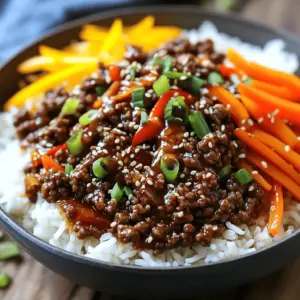 - 1 lb ground beef (or diced beef for a hearty bite) - 1 tablespoon vegetable oil - 3 cloves garlic, finely minced - 1 tablespoon fresh ginger, minced - 2 tablespoons soy sauce - 1 tablespoon gochujang (Korean chili paste for heat) - 1 tablespoon toasted sesame oil - 2 tablespoons brown sugar - 1 carrot, peeled and julienned - 1 bell pepper, sliced (red or yellow for a touch of sweetness) - 2 green onions, finely chopped - Sesame seeds, lightly toasted, for garnish Gather these ingredients before you start cooking. Each element adds flavor and texture. The ground beef gives protein. Garlic and ginger add a nice aroma. Gochujang brings the heat, while brown sugar balances it. Carrots and bell peppers add crunch and color. The green onions and sesame seeds finish the dish beautifully. - Heat the vegetable oil in a skillet. - Mince garlic and ginger. Start by heating the vegetable oil in a large skillet over medium-high heat. This will help the flavors pop. While the oil heats, mince your garlic and ginger. These two ingredients create a strong base for your dish. - Brown the ground beef evenly. - Drain excess fat if needed. Add the ground beef to the hot skillet. Use a spatula to break it up as it cooks. You want to brown it evenly for about 5 to 7 minutes. If there’s too much fat in the pan, drain it. This keeps your dish from becoming greasy. - Whisk soy sauce, gochujang, sesame oil, and brown sugar. - Pour sauce over browned beef. In a small bowl, whisk together the soy sauce, gochujang, sesame oil, and brown sugar. This sauce brings heat and sweetness. Once the beef is browned, pour the sauce over it. Stir well to coat every piece of meat. Let it simmer for 2 to 3 minutes to blend the flavors. - Stir in julienned carrots and bell peppers. - Cook until tender but crisp. Now, add the julienned carrots and sliced bell peppers to the skillet. Stir them into the beef mixture. Cook for another 2 to 3 minutes. You want the veggies tender yet still crisp. This adds a nice texture. - Season with salt and pepper. - Fold in chopped green onions. - Serve over cooked jasmine rice and garnish with sesame seeds. Finally, season the mixture with salt and pepper to taste. Remove it from heat and fold in the chopped green onions. To serve, scoop cooked jasmine rice into bowls. Top it with the spicy beef mix and sprinkle sesame seeds on top for crunch. Enjoy this vibrant and flavorful dish! - Use high heat for quick browning. This gives beef a nice crust. - Don’t overcrowd the skillet while cooking. This helps the beef brown better. - Add more gochujang for extra heat. You can adjust it to your taste. - Adjust sugar for desired sweetness. This helps balance the spice. - Serve with additional green onions. They add color and freshness. - Pair with pickled cucumbers or kimchi. This adds tang and crunch. {{image_4}} You can switch the ground beef for other proteins. Ground turkey or chicken works great. They provide a lighter option while still being tasty. If you want a vegetarian meal, use tofu. It soaks up flavors well and adds a nice texture. For a twist on rice, try quinoa or cauliflower rice. Quinoa adds protein and is gluten-free. Cauliflower rice is low in carbs and very healthy. If you prefer brown rice, it’s a great choice too. It adds a nutty flavor and extra fiber to your meal. Want to make your bowls even more fun? Add mushrooms or snap peas for extra crunch. Both vegetables add great flavor and color. A sprinkle of sesame seeds on top gives a nice crunch too. This small addition makes your dish look fancy and taste amazing. Store leftovers in an airtight container. This keeps them fresh and tasty. Best consumed within 3-4 days. After that, the flavors may fade, and the texture could change. You can freeze the beef mixture in portions. This makes for easy meals later. Just thaw overnight in the refrigerator before reheating. This way, you maintain the best flavor and texture. To reheat, I recommend using the stove. This gives you the best texture. If you’re in a hurry, use the microwave. Just cover the bowl to keep the moisture in. Enjoy your meal warm and delicious! Yes, you can prepare the beef mixture ahead and store it in the fridge. I often make it a day early. It keeps the flavors strong. When you’re ready, just reheat it on the stove. These bowls pair well with pickled vegetables or a side salad. I love adding pickled cucumbers for a tangy crunch. A simple green salad makes a nice balance too. Reduce the amount of gochujang or omit it for a milder taste. If you want some heat, try half a tablespoon. You still get flavor without too much spice. Yes, it holds up well in the fridge and can be reheated throughout the week. Pack it in containers with rice. It’s a quick lunch or dinner option. Gochujang is a Korean chili paste, usually found in Asian grocery stores or online. It adds heat and depth to dishes. Look for a red tub in the sauce aisle. This blog post covered an easy and tasty recipe for Spicy Korean Beef Bowls. You learned about key ingredients, step-by-step cooking, and useful tips. Remember, you can swap proteins and grains to fit your taste. Store leftovers for later meals and enjoy the flexibility of this dish. Cooking should be fun and rewarding. Try different vegetables or spices, and make it your own! Enjoy your delicious creation and impress your family and friends with this simple yet flavorful meal.