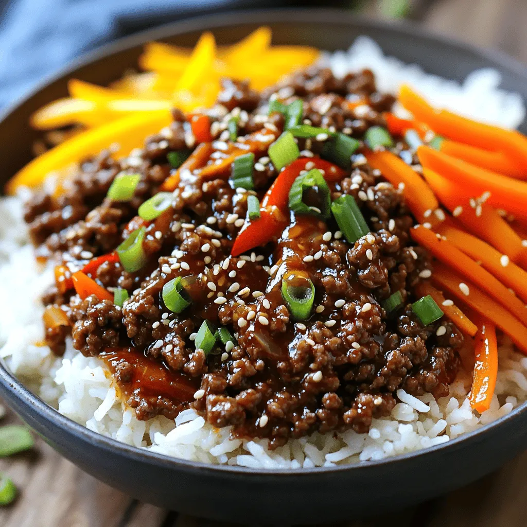 - 1 lb ground beef (or diced beef for a hearty bite) - 1 tablespoon vegetable oil - 3 cloves garlic, finely minced - 1 tablespoon fresh ginger, minced - 2 tablespoons soy sauce - 1 tablespoon gochujang (Korean chili paste for heat) - 1 tablespoon toasted sesame oil - 2 tablespoons brown sugar - 1 carrot, peeled and julienned - 1 bell pepper, sliced (red or yellow for a touch of sweetness) - 2 green onions, finely chopped - Sesame seeds, lightly toasted, for garnish Gather these ingredients before you start cooking. Each element adds flavor and texture. The ground beef gives protein. Garlic and ginger add a nice aroma. Gochujang brings the heat, while brown sugar balances it. Carrots and bell peppers add crunch and color. The green onions and sesame seeds finish the dish beautifully. - Heat the vegetable oil in a skillet. - Mince garlic and ginger. Start by heating the vegetable oil in a large skillet over medium-high heat. This will help the flavors pop. While the oil heats, mince your garlic and ginger. These two ingredients create a strong base for your dish. - Brown the ground beef evenly. - Drain excess fat if needed. Add the ground beef to the hot skillet. Use a spatula to break it up as it cooks. You want to brown it evenly for about 5 to 7 minutes. If there’s too much fat in the pan, drain it. This keeps your dish from becoming greasy. - Whisk soy sauce, gochujang, sesame oil, and brown sugar. - Pour sauce over browned beef. In a small bowl, whisk together the soy sauce, gochujang, sesame oil, and brown sugar. This sauce brings heat and sweetness. Once the beef is browned, pour the sauce over it. Stir well to coat every piece of meat. Let it simmer for 2 to 3 minutes to blend the flavors. - Stir in julienned carrots and bell peppers. - Cook until tender but crisp. Now, add the julienned carrots and sliced bell peppers to the skillet. Stir them into the beef mixture. Cook for another 2 to 3 minutes. You want the veggies tender yet still crisp. This adds a nice texture. - Season with salt and pepper. - Fold in chopped green onions. - Serve over cooked jasmine rice and garnish with sesame seeds. Finally, season the mixture with salt and pepper to taste. Remove it from heat and fold in the chopped green onions. To serve, scoop cooked jasmine rice into bowls. Top it with the spicy beef mix and sprinkle sesame seeds on top for crunch. Enjoy this vibrant and flavorful dish! - Use high heat for quick browning. This gives beef a nice crust. - Don’t overcrowd the skillet while cooking. This helps the beef brown better. - Add more gochujang for extra heat. You can adjust it to your taste. - Adjust sugar for desired sweetness. This helps balance the spice. - Serve with additional green onions. They add color and freshness. - Pair with pickled cucumbers or kimchi. This adds tang and crunch. {{image_4}} You can switch the ground beef for other proteins. Ground turkey or chicken works great. They provide a lighter option while still being tasty. If you want a vegetarian meal, use tofu. It soaks up flavors well and adds a nice texture. For a twist on rice, try quinoa or cauliflower rice. Quinoa adds protein and is gluten-free. Cauliflower rice is low in carbs and very healthy. If you prefer brown rice, it’s a great choice too. It adds a nutty flavor and extra fiber to your meal. Want to make your bowls even more fun? Add mushrooms or snap peas for extra crunch. Both vegetables add great flavor and color. A sprinkle of sesame seeds on top gives a nice crunch too. This small addition makes your dish look fancy and taste amazing. Store leftovers in an airtight container. This keeps them fresh and tasty. Best consumed within 3-4 days. After that, the flavors may fade, and the texture could change. You can freeze the beef mixture in portions. This makes for easy meals later. Just thaw overnight in the refrigerator before reheating. This way, you maintain the best flavor and texture. To reheat, I recommend using the stove. This gives you the best texture. If you’re in a hurry, use the microwave. Just cover the bowl to keep the moisture in. Enjoy your meal warm and delicious! Yes, you can prepare the beef mixture ahead and store it in the fridge. I often make it a day early. It keeps the flavors strong. When you’re ready, just reheat it on the stove. These bowls pair well with pickled vegetables or a side salad. I love adding pickled cucumbers for a tangy crunch. A simple green salad makes a nice balance too. Reduce the amount of gochujang or omit it for a milder taste. If you want some heat, try half a tablespoon. You still get flavor without too much spice. Yes, it holds up well in the fridge and can be reheated throughout the week. Pack it in containers with rice. It’s a quick lunch or dinner option. Gochujang is a Korean chili paste, usually found in Asian grocery stores or online. It adds heat and depth to dishes. Look for a red tub in the sauce aisle. This blog post covered an easy and tasty recipe for Spicy Korean Beef Bowls. You learned about key ingredients, step-by-step cooking, and useful tips. Remember, you can swap proteins and grains to fit your taste. Store leftovers for later meals and enjoy the flexibility of this dish. Cooking should be fun and rewarding. Try different vegetables or spices, and make it your own! Enjoy your delicious creation and impress your family and friends with this simple yet flavorful meal.