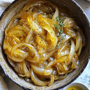 - 4 large yellow onions, thinly sliced - 2 tablespoons olive oil - 2 tablespoons unsalted butter - 1 teaspoon sugar (preferably brown sugar) - Salt, to taste - Freshly cracked black pepper, to taste These ingredients form the base for your caramelized onions. The yellow onions give a sweet flavor. The olive oil and butter create a rich taste and help with cooking. The sugar enhances the natural sweetness of the onions. - Fresh thyme leaves for garnish Adding fresh thyme can bring a nice herbal touch. It pairs well with the sweetness of the onions. You can also try adding balsamic vinegar or a splash of white wine for more depth. For caramelized onions, yellow onions work best. They are sweet and hold up well during cooking. You can also use sweet onions like Vidalia or Walla Walla. These varieties add even more sweetness. Red onions can be used too, but they will have a sharper taste. Remember, the type of onion you choose can change the flavor of the dish. Experiment to find your favorite! Start with four large yellow onions. Thinly slice them to help them cook evenly. Place a large skillet on medium heat. Add two tablespoons of olive oil and two tablespoons of unsalted butter. Wait for the butter to melt and bubble. This creates a rich base for the onions. Then, add the sliced onions to the skillet. Stir the onions gently with a spatula or wooden spoon. Ensure they are well-coated in the oil and butter. This step is key for flavor. Next, sprinkle one teaspoon of sugar over the onions. Brown sugar works best, but regular sugar is fine too. It helps enhance the natural sweetness in the onions. Now, lower the heat to medium-low. This will let the onions cook slowly. Set a timer for every 5-10 minutes. Stir the onions regularly to ensure even cooking. This helps prevent them from sticking or burning. After about 20-25 minutes, the onions will start to turn golden brown. Keep cooking for another 15-20 minutes. Stir often until they reach a deep caramel color. Once the onions are caramelized, season them with salt and freshly cracked black pepper. Stir well to mix in the seasoning. If you want extra flavor, add fresh thyme leaves as a garnish. This brings a fresh touch to the rich onions. Remove the skillet from the heat and let the onions cool slightly. Serve them warm as a topping for burgers or grilled steaks. You can also use them on toasted bread with cheese. Presentation matters, so use a decorative bowl and drizzle some olive oil on top for elegance. To get the best caramelized onions, start with a good skillet. I recommend using a large, heavy skillet. This helps spread the heat evenly. Use medium heat to melt two tablespoons of olive oil and two tablespoons of unsalted butter. This mix creates a rich base. Once the butter is bubbly, add four large, thinly sliced yellow onions. Stir them well. Now, here’s a tip: sprinkle one teaspoon of sugar over the onions. Brown sugar works best, but white sugar is fine, too. This small addition boosts sweetness and helps with caramelization. After that, lower the heat to medium-low. This slow cooking is key. It lets the onions soften and turn golden without burning. Stir every 5-10 minutes. This prevents sticking and burning. Keep cooking until they are a deep, rich brown. One common mistake is cooking on high heat. This can burn the onions and ruin the flavor. Remember, patience is essential for perfect caramelization. Another mistake is not stirring enough. Keep an eye on your onions. Stirring helps them cook evenly. Don’t skip the sugar! Some people think it’s unnecessary, but it truly helps. Also, don’t add salt too early. Adding salt too soon can draw out moisture and slow down cooking. Wait until the onions are caramelized to season. Once your onions reach that beautiful golden-brown color, it's time to season. Add salt and freshly cracked black pepper to taste. This brings out the flavor even more. If you like, sprinkle fresh thyme leaves over the top. Thyme adds a lovely herbal note that pairs well with the sweetness of the onions. You can also experiment with other herbs like rosemary or even a dash of balsamic vinegar for a tangy twist. These flavors can elevate your dish. Enjoy your caramelized onions as a topping on burgers, steaks, or even as a delicious spread on toasted bread! {{image_4}} Caramelized onions can be sweet or savory. For sweet onions, use yellow or Vidalia onions. Their natural sugars give a rich sweetness. For savory flavors, consider red onions. These have a stronger taste that pairs well with meats. You can even add a splash of balsamic vinegar for a tangy twist. This adds depth to the dish. While olive oil and unsalted butter are my go-to fats, you can mix it up. Try using avocado oil for a mild flavor. Coconut oil offers a sweet touch that works well, too. For a dairy-free option, use vegan butter. Each fat can change the taste slightly, so feel free to experiment. Herbs and spices can elevate your caramelized onions. Fresh thyme adds a lovely earthiness. For a kick, try adding red pepper flakes. A little nutmeg can bring warmth, while a dash of smoked paprika gives a nice depth. You can even sprinkle in some fresh parsley for a bright finish. The options are endless, so use your taste buds as a guide! To store your caramelized onions, let them cool first. This helps keep them fresh. Use an airtight container for storage. Place the cooled onions inside and seal it tight. Store them in the fridge. They can last up to one week this way. Reheating caramelized onions is simple. You can use a skillet or microwave. If using a skillet, add a little butter or oil and warm over low heat. Stir often to avoid burning. If using a microwave, place the onions in a bowl and cover with a damp paper towel. Heat in short bursts, stirring in between, until hot. Freezing is a great option for long-term storage. Start by letting the onions cool completely. Then, portion them into freezer bags or containers. Squeeze out excess air before sealing. Label the bags with the date. You can freeze them for up to three months. To use, thaw in the fridge overnight or reheat directly from the freezer. You know onions are perfectly caramelized when they turn a deep golden-brown. They should be soft and sweet. The sugar in the onions creates a rich flavor. You will see a glossy sheen on them. It takes about 35-45 minutes to reach this stage. Stir them every few minutes to keep them from burning. Yes, you can caramelize onions in advance. Once they cool, store them in an airtight container. They can last in the fridge for about a week. You can also freeze them for up to three months. This way, you always have some ready for your meals. Just reheat them in a skillet or microwave when needed. Caramelized onions add great flavor to many dishes. Here are a few ideas: - Top burgers or grilled steaks for extra richness. - Spread on toasted bread with cheese for a tasty appetizer. - Mix into soups for depth of flavor. - Add to pasta dishes for a sweet twist. - Use in quiches or omelets for a savory breakfast. These onions are very versatile and enhance many meals. Caramelized onions can elevate many dishes. We explored key ingredients, their preparation, and cooking tips. We also covered storage methods and answered common questions. By following these steps, you will craft perfect caramelized onions every time. Enjoy experimenting with different flavors and techniques. With practice, you'll impress everyone with your delicious results.