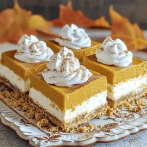 - 1 ½ cups graham cracker crumbs - ½ cup unsalted butter, melted - 1/3 cup granulated sugar - 8 oz cream cheese, softened - 1 cup canned pumpkin puree - 1 cup powdered sugar - 1 teaspoon vanilla extract - 1 teaspoon ground cinnamon - ½ teaspoon ground nutmeg - ½ teaspoon ground ginger - 1 cup whipped cream (plus extra for topping) - A pinch of salt Gathering the right ingredients is key for this no-bake pumpkin cheesecake bars recipe. Start with the graham cracker crumbs. They form the base for our dessert. The melted butter and granulated sugar will help bind the crumbs together. Next, you need cream cheese. It adds that rich, creamy texture. Make sure it's softened, so it mixes well. We also need canned pumpkin puree. This gives the bars their signature flavor. Powdered sugar adds sweetness and helps create a smooth filling. The vanilla extract brings warmth to the taste. Don't forget the spices! Ground cinnamon, nutmeg, and ginger give that cozy fall flavor. Lastly, whipped cream adds lightness to the filling. Keep some aside for topping later. With all these ingredients, you'll make something truly delightful and creamy. - Mix 1 ½ cups of graham cracker crumbs, ½ cup of melted unsalted butter, and 1/3 cup of granulated sugar in a bowl. - Stir until it looks like wet sand. - Pour the mixture into a lined 9x9 inch baking pan. - Press it down firmly with a measuring cup or your fingers. - Chill the crust in the fridge for about 15 minutes. - In a large bowl, beat 8 oz of softened cream cheese until smooth. - Add 1 cup of canned pumpkin puree, 1 cup of powdered sugar, 1 teaspoon of vanilla extract, and spices: 1 teaspoon of ground cinnamon, ½ teaspoon of ground nutmeg, ½ teaspoon of ground ginger, and a pinch of salt. - Mix on medium speed until it’s fully smooth and creamy. - Take 1 cup of whipped cream and gently fold it into the pumpkin mixture. - Use a spatula and mix slowly to keep it light and fluffy. - Spread the pumpkin cheesecake filling over the chilled crust. - Use a spatula to make sure it’s even. - Cover the pan with plastic wrap and refrigerate for at least 4 hours to set. - Once set, lift the cheesecake out by the edges of the parchment paper. - Cut the cheesecake into 16 bars with a sharp knife. To start, make sure your cream cheese is at room temperature. Cold cream cheese will not blend well. It can leave lumps in your mixture. Mix it until completely smooth. This step is key for a creamy filling. Use an electric mixer for the best results. Scrape down the sides of the bowl as needed. Chilling is very important for these cheesecake bars. Allow for adequate chilling time. I recommend refrigerating for at least four hours. For the best taste, serve them the next day. This extra time helps the flavors meld together. A well-chilled bar cuts better too. Presentation matters when serving these bars. Garnish with whipped cream and a sprinkle of spices. This adds a nice touch and makes them look fancy. Use a sharp knife for clean cuts. Wipe the knife between cuts to keep edges neat. This will impress your guests and make the bars look perfect. {{image_4}} You can make these bars gluten-free. Use gluten-free graham cracker crumbs. They give a similar texture. Look for brands that are made with whole grains for extra flavor. You can also use crushed nuts or oats as crust options. These alternatives keep the taste rich and satisfying. Want to change it up? Add chocolate chips or caramel to the filling. Both options add a sweet twist. You can mix in about a half cup of chocolate chips for a chocolatey taste. Caramel sauce drizzled on top gives a delicious layer of flavor. You can also try adding nuts for a crunchy texture. For a vegan version, switch to dairy-free cream cheese. Look for brands that whip well. Use coconut whipped cream instead of regular whipped cream. This keeps the bars light and creamy. You can also use maple syrup instead of sugar for a natural sweetener. I recommend storing your no-bake pumpkin cheesecake bars in an airtight container. This keeps them fresh and tasty. You can keep them in the fridge for about five days. Just make sure they are covered well to avoid drying out. Yes, you can freeze the cheesecake bars! To freeze, cut them into portions and wrap each piece in plastic wrap. Place the wrapped bars in a freezer-safe bag. They can last up to three months in the freezer. When you are ready to enjoy them, take the bars out and place them in the fridge overnight to thaw. For serving, add a dollop of whipped cream on top to bring back that fresh taste! Yes, you can use fresh pumpkin. Start by roasting a small pumpkin. Cut it in half, remove the seeds, and roast it at 350°F for about 45 minutes. Once soft, scoop out the flesh and blend it until smooth. This gives you a fresh pumpkin puree that adds a great flavor. Make sure to drain any excess moisture to avoid a watery filling. If you need a substitute for whipped cream, consider Greek yogurt. It gives a nice tang and creamy texture. Another option is coconut cream. Chill a can of coconut milk overnight. Scoop out the cream and whip it until fluffy. Both options work well and add a unique twist to your bars. Cutting the bars neatly is easy with a few tips. First, use a sharp knife for clean cuts. Dip the knife in hot water, then wipe it dry before each cut. This helps prevent the filling from sticking to the knife. Cut the bars while they are cold for better results. This blog post explored how to make delicious cheesecake bars with pumpkin. We covered the key ingredients and step-by-step instructions for creating the crust and filling. Chilling tips and presentation ideas help you serve these bars perfectly. We even touched on variations for gluten-free and vegan diets. In my view, these pumpkin cheesecake bars are simple yet impressive. They can become a favorite treat for any gathering. Enjoy making and sharing this classic dessert!