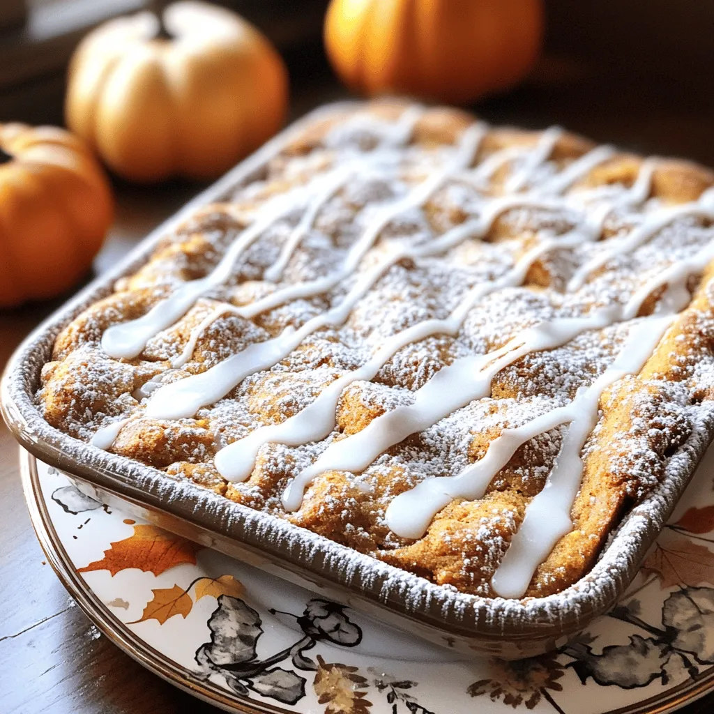 To make a delightful pumpkin spice coffee cake, gather these essential ingredients: - 2 cups all-purpose flour - 1 cup granulated sugar - 1/2 cup brown sugar, packed - 1/2 cup unsalted butter, softened - 1 cup canned pumpkin puree These ingredients create the cake's base. All-purpose flour gives it structure. The sugars add sweetness and moisture. The butter brings richness, while pumpkin puree adds flavor and keeps the cake moist. Next, you'll need these key baking ingredients: - 2 large eggs - 1/2 cup buttermilk - 1 tablespoon pumpkin spice mix - 1 teaspoon baking powder - 1 teaspoon baking soda - 1/2 teaspoon salt Eggs help bind the cake. Buttermilk adds tang and moisture. The pumpkin spice mix brings that warm, fall flavor. Baking powder and baking soda make the cake rise. Salt enhances all the flavors. Using these ingredients will ensure your pumpkin spice coffee cake is tasty and fluffy. For the complete recipe, check the [Full Recipe]. - Preheat the oven to 350°F (175°C). - Grease and flour a 9x13 inch baking dish. - In a large bowl, cream the sugars and butter together. - Beat until the mixture looks light and fluffy, about 3-4 minutes. - Next, add the canned pumpkin and mix well. - Add the eggs, one at a time. Mix well after each egg. - In a separate bowl, whisk together the flour, pumpkin spice mix, baking powder, baking soda, and salt. - Gradually add the dry mix to the pumpkin mix. Alternate with buttermilk. - Mix until just combined. Avoid overmixing; this helps keep it light. - If you like nuts, fold in the chopped walnuts gently. - Pour the batter into the greased baking dish. Spread it evenly with a spatula. - Bake in the oven for 30-35 minutes. Check doneness with a toothpick. - If it comes out clean or with a few moist crumbs, it's ready! - Let the cake cool in the pan for about 10 minutes. - Then, move it to a wire rack to cool completely. Once cooled, you can drizzle the glaze for a sweet finish. For the full recipe, check the detailed instructions. Enjoy your cozy slice of pumpkin spice coffee cake! To make a great pumpkin spice coffee cake, avoid overmixing the batter. Overmixing creates a dense cake instead of a light one. Mix just until you see no dry flour, and then stop. This keeps the cake fluffy and soft. Also, use room temperature ingredients. Cold butter or eggs can slow down mixing. When ingredients are at room temperature, they blend better. This helps the cake rise and gives it a nice texture. For the glaze, you want a smooth, pourable mix. Start with powdered sugar and add milk slowly. If the glaze is too thick, add a bit more milk. If it’s too thin, add more sugar. The right consistency drizzles easily over your cake. When drizzling the glaze, use a spoon or a squeeze bottle. Hold it high above the cake for a nice, even drizzle. This creates a beautiful look and makes each slice special. For serving, cut the cake into nice, even slices. Place each slice on a decorative plate. Dust the top with more powdered sugar for a pretty finish. You can also add seasonal decorations. Small pumpkins or colorful leaves beside each plate create a warm, festive feel. These touches make your coffee cake look even more inviting and delicious. For the full recipe, check the recipe section above. {{image_4}} You can easily make this coffee cake your own. Adding nuts or chocolate chips brings a fun twist. I love using walnuts for a rich crunch. If you prefer a sweeter bite, add semi-sweet chocolate chips. Just mix them in gently before pouring the batter into the pan. You can also swap out the pumpkin for other purées. Applesauce gives a nice fruity flavor. Sweet potato purée can add a unique twist too. Each option offers a new taste while keeping the cake moist. If you want a gluten-free cake, use a 1:1 gluten-free flour blend. This keeps the texture light and fluffy. Make sure your baking powder is also gluten-free. For dairy-free options, substitute unsalted butter with coconut oil or vegan butter. You can replace buttermilk with almond milk mixed with a bit of vinegar. This keeps the cake moist without dairy. These changes let everyone enjoy this tasty treat! To keep your pumpkin spice coffee cake fresh, wrap it well. Use plastic wrap or foil to cover the cake. Store it in an airtight container. This method helps keep moisture in and air out. You can also place the cake in a cake dome for added protection. In the fridge, your cake stays fresh for about 5 days. This allows you to enjoy a slice each morning with your coffee. Just remember to take it out of the fridge a bit before serving. This brings back its soft texture and rich flavors. To freeze your pumpkin spice coffee cake, cut it into slices. Wrap each slice tightly in plastic wrap. Then, place all the wrapped slices in a freezer bag. This way, you can enjoy a piece whenever you want without losing quality. For best results, freeze the cake for up to 3 months. When you want to enjoy a slice, take it out and unwrap it. Place the slice on a plate. Let it thaw in the fridge overnight or at room temperature for a few hours. This method keeps the cake moist and tasty. To keep your pumpkin spice coffee cake fresh, store it in an airtight container. This method keeps moisture in and prevents it from drying out. You can also use plastic wrap if you don’t have a container. Make sure the cake is cool before covering it. If you keep it in the fridge, it can last up to a week. Yes, you can make pumpkin spice coffee cake a day or two ahead. To prep, bake the cake and let it cool completely. Wrap it tightly in plastic wrap. This keeps it fresh and moist. You can glaze it right before serving for the best look and taste. Pair your pumpkin spice coffee cake with several delicious options. A hot cup of coffee or tea works great. You can also add a scoop of vanilla ice cream or whipped cream on the side. For a fun twist, serve it with a drizzle of caramel sauce. Enjoy experimenting with different pairings to find your favorite! This blog post gave you an easy recipe for pumpkin spice coffee cake. We covered essential ingredients like flour, sugar, and pumpkin puree. You learned how to mix the batter and bake it perfectly. There are also tips for texture, glazing, and presentation. I shared ways to customize the cake and how to store leftovers. Baking this cake brings joy and warmth to your kitchen. Enjoy making it for yourself and others!