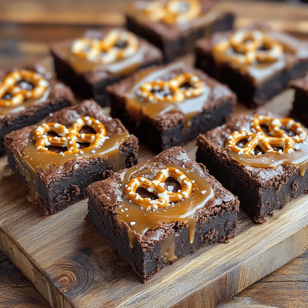 To make Salted Caramel Pretzel Brownies, you need the following ingredients: - 1 cup (2 sticks) unsalted butter - 2 cups granulated sugar - 4 large eggs - 1 teaspoon vanilla extract - 1 cup all-purpose flour - 1 cup unsweetened cocoa powder - 1 teaspoon baking powder - 1/2 teaspoon salt - 1 cup pretzels, crushed - 1 cup caramel sauce (store-bought or homemade) - Flaky sea salt for topping Each ingredient plays a key role in creating the perfect brownie. The unsalted butter adds richness, while granulated sugar sweetens the mix. Large eggs help bind everything together, and vanilla extract adds a lovely flavor. Using all-purpose flour and cocoa powder gives that classic brownie texture and taste. Baking powder helps the brownies rise, and salt enhances all the flavors. Crushed pretzels provide a salty crunch that balances the sweetness of the caramel sauce. Lastly, the flaky sea salt on top adds a delightful finish. This combination is truly what makes these brownies irresistible! - Preheat your oven to 350°F (175°C). - Prepare a 9x13-inch baking pan by greasing it and lining it with parchment paper, leaving some paper hanging over the edges. This helps with easy removal later. - Melt 1 cup of unsalted butter in a medium saucepan over low heat. - Once melted, take it off the heat and let it cool slightly. - In a large mixing bowl, combine the melted butter with 2 cups of granulated sugar. - Whisk them together until well blended. - Add 4 large eggs one at a time, mixing well after each addition. - Stir in 1 teaspoon of vanilla extract. - In a separate bowl, mix together 1 cup of all-purpose flour, 1 cup of unsweetened cocoa powder, 1 teaspoon of baking powder, and 1/2 teaspoon of salt. - Gradually add the dry mixture to the wet mixture, stirring gently. - Be careful not to overmix; stop as soon as a batter forms. - Fold in 1 cup of crushed pretzels into the batter. - Reserve a handful of pretzels for topping later. - Pour half of the brownie batter into the prepared pan and spread it evenly. - Drizzle half of the 1 cup of caramel sauce over the batter. - Add the remaining brownie batter on top and drizzle the rest of the caramel sauce. - Use a knife to swirl the batter slightly for a marbled effect. - Bake the brownies in the preheated oven for 25-30 minutes. - To check for doneness, insert a toothpick into the center. It should come out with a few moist crumbs. - Allow the brownies to cool in the pan for at least 30 minutes. - Use the parchment paper to lift them out and place them on a cutting board. - Cut into squares for serving. - For a great presentation, serve them on a rustic wooden board. Drizzle extra caramel sauce on top and sprinkle with flaky sea salt for extra flair. - Achieving the right texture: To get the best brownies, focus on the mix. You want a fudgy center that stays soft. Bake just until a toothpick shows a few moist crumbs. - Avoiding overmixing: Mix your ingredients just enough to blend. Overmixing makes your brownies tough. Stir until you see no dry flour, then stop. - Importance of quality ingredients: Use fresh eggs and high-quality cocoa powder. Good ingredients make a big difference in flavor. - Pairing ideas: These brownies taste great with a scoop of vanilla ice cream. The cold ice cream balances the rich chocolate. You can also serve them with fresh berries for a fruity twist. - Recommended toppings: Drizzle extra caramel on top for a sweet touch. A sprinkle of flaky sea salt enhances the flavors, making each bite better. {{image_4}} You can change the flavor of your salted caramel pretzel brownies in fun ways. Adding nuts like walnuts or pecans gives a nice crunch. Chopped nuts mix well with the soft brownie texture. You can also try toppings like chocolate chips or sprinkles for extra fun. Using different types of caramel can add unique tastes. You may use dark caramel for a richer flavor. Or, try a vanilla caramel for a sweet twist. Store-bought caramel works well, but homemade can make it special. If you need a gluten-free option, you can swap all-purpose flour with almond flour or oat flour. These alternatives work well, but they may change the texture slightly. You might need to bake the brownies a bit longer to ensure they are set. Keep an eye on your brownies as they bake. Check for doneness using a toothpick. If it comes out clean or with a few moist crumbs, they are ready! To make a vegan version of these brownies, you can replace butter with coconut oil or a vegan butter alternative. Use flax eggs or applesauce instead of regular eggs. This keeps the brownies moist and delicious. For the caramel, choose a vegan caramel sauce or make your own with coconut milk and brown sugar. With these swaps, you can enjoy soft and tasty brownies that fit your diet! To keep your brownies fresh, store them in an airtight container. Line the container with parchment paper for easy removal. Place a slice of bread inside to help keep the brownies soft. They stay good for about 4 to 5 days at room temperature. If you want to keep them longer, put them in the fridge. They can last up to a week in the fridge. Freezing brownies is a smart way to save extra treats. First, let the brownies cool completely. Cut them into squares. Wrap each square tightly in plastic wrap. Then, place the wrapped brownies in a freezer-safe bag. They can last up to 3 months in the freezer. When you are ready to enjoy them, take out a brownie. Let it thaw in the fridge or at room temperature. You can also warm it up in the microwave for a few seconds. This brings back that fresh-baked taste! To cut brownies well, use a sharp knife. Clean the knife between cuts. This helps keep edges neat. A ruler can help you make even squares. You could also chill the brownies for easier cutting. Yes, homemade caramel sauce works great in these brownies. Just make sure it’s thick. If it’s too runny, it will make the batter soggy. A good homemade sauce adds a personal touch. Check the brownies at 25 minutes. Insert a toothpick in the center. If it comes out with a few moist crumbs, they are done. If it’s wet, bake a few more minutes. You can use chocolate chips, but it changes the texture. If you use them, reduce the sugar. Chocolate chips add a nice melt but may make brownies sweeter. A 9x13-inch pan is best for brownies. This size allows for even baking. If you use a smaller pan, the brownies may take longer to bake. A larger pan will make thinner brownies. In this post, we explored how to make delicious brownies with a twist. You learned about key ingredients like pretzels and caramel. We covered each step, from mixing to baking. I shared tips for perfect texture and serving ideas. Now, you can get creative with variations too. Remember, practice makes perfect. Enjoy these brownies with friends or family for a sweet treat!