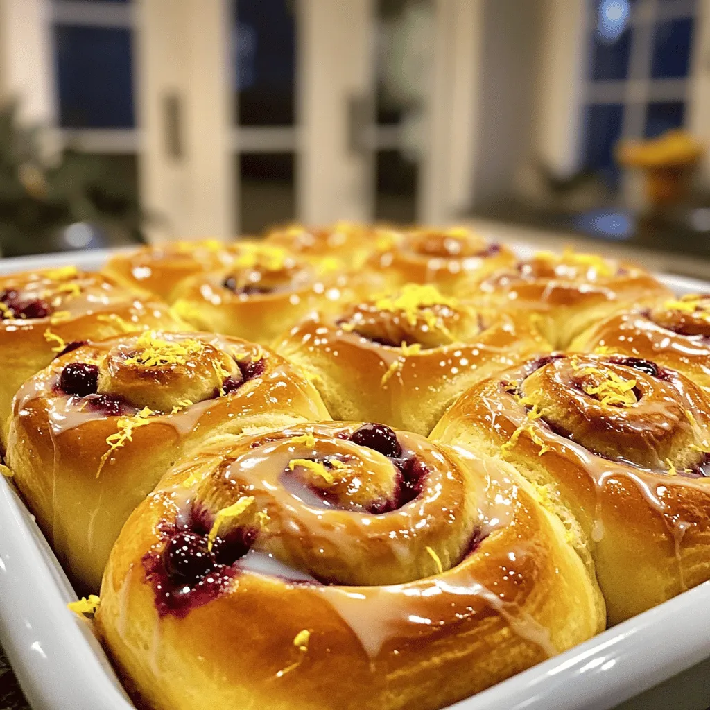 To make delicious huckleberry lemon sweet rolls, gather these ingredients: - 3 cups all-purpose flour, plus extra for dusting - 1/4 cup granulated sugar - 1 packet (2 1/4 teaspoons) instant yeast - 1/2 teaspoon salt - 1 cup whole milk, warmed to about 110°F (43°C) - 1/4 cup unsalted butter, melted and slightly cooled - 1 large egg, at room temperature - 1 cup huckleberries (fresh or frozen) - Zest of 1 lemon (approximately 1 tablespoon) - 2 tablespoons fresh lemon juice - 1/4 teaspoon ground cinnamon For the Lemon Glaze: - 1 cup powdered sugar - 2 tablespoons fresh lemon juice - 1 tablespoon milk You can swap some ingredients if needed. Here are a few ideas: - Use almond milk instead of whole milk for a dairy-free option. - Replace unsalted butter with coconut oil for a vegan twist. - If you can't find huckleberries, blueberries or raspberries work well too. - You can use lemon extract if you don't have fresh lemons. Fresh huckleberries are a treat. Here are tips to pick the best ones: - Look for firm berries that are plump and shiny. - Avoid any that are mushy or have dark spots. - Check for a sweet smell; this means they are ripe. - If you buy frozen huckleberries, ensure they are flash-frozen for the best taste. These tips will help you enjoy the best flavors in your huckleberry lemon sweet rolls. For a full recipe, follow this link to the [Full Recipe]. To make the dough, start with a large bowl. Add 2 cups of flour, sugar, yeast, and salt. Whisk them until they mix well. In another bowl, combine the warm milk, melted butter, and egg. Whisk until it looks smooth and a bit frothy. Gradually pour this mixture into the flour bowl. Stir with a wooden spoon until it starts to form a dough. Add the last cup of flour slowly until your dough feels slightly sticky. Now, turn the dough onto a floured surface. Knead it for about 5-7 minutes until it's smooth and elastic. If it sticks, add a little more flour. Shape the dough into a ball and place it in a greased bowl. Cover it with a kitchen towel. Let it rise in a warm spot for about an hour. It should double in size. Once the dough has risen, gently punch it down. Roll it out on a floured surface to make a rectangle about 12x18 inches. Spread the huckleberries evenly over the dough. Next, sprinkle lemon zest, lemon juice, and ground cinnamon on top. Make sure the toppings cover the surface. Now, roll the dough tightly from the long edge to form a log. Pinch the seam to seal it. Use a sharp knife or dental floss to cut the log into 12 equal pieces. Place the rolls in a greased baking dish, leaving some space between them. Cover loosely with a towel and let them rise for another 30 minutes. Preheat your oven to 375°F (190°C). Bake the rolls for 20-25 minutes. They should turn golden brown on top and feel cooked inside. While they bake, prepare the glaze. In a small bowl, whisk together powdered sugar, lemon juice, and milk until smooth. Once the rolls are done, let them cool in the dish for about 10 minutes. Drizzle the warm rolls with the lemon glaze. Enjoy your delicious huckleberry lemon sweet rolls! For the full recipe, check the ingredients list above. To get the perfect rise, you need warm dough and a warm place. Yeast loves warmth. I suggest warming your milk to about 110°F (43°C) before adding it to your mix. This helps activate the yeast. After mixing your dough, let it rise in a cozy spot. Cover it with a clean kitchen towel. Check it after an hour. It should double in size! Fluffy rolls come from kneading the dough well. Knead for about 5-7 minutes until smooth. This builds gluten, which traps air. It helps the rolls stay light and airy. If the dough feels sticky, add a bit more flour. But don’t add too much; you want the dough soft and slightly tacky. One common mistake is using cold ingredients. Always use room temperature eggs and warm milk. Another mistake is under-kneading the dough. This can lead to dense rolls. Make sure to roll it tightly when shaping. If it’s loose, the rolls won’t rise as well. Lastly, don’t skip the second rise. It’s key for fluffy sweet rolls. For the detailed recipe, check out the Full Recipe. {{image_4}} You can mix things up with different fillings. Try using blueberries or blackberries instead of huckleberries. Both fruits provide a sweet burst that pairs well with lemon. If you want a creamy twist, consider adding cream cheese to your filling. Simply spread a thin layer over the dough before adding the fruit. For a nutty flavor, mix in some chopped walnuts or pecans for added crunch. While the lemon glaze adds a bright touch, you can switch it up. Consider a vanilla glaze for a sweeter option. Simply add vanilla extract to your powdered sugar and milk mix. For a berry twist, mash some fresh berries into the glaze. This will create a lovely hue and enhance the fruity flavor of your rolls. A touch of almond extract can also give the glaze an interesting depth. You can easily change the flavor profile of these sweet rolls. For a hint of spice, add a pinch of nutmeg to the dough. If you want a richer taste, substitute whole milk with buttermilk or cream. You can also infuse the dough with herbs like rosemary or thyme for a savory kick. These small changes can make your rolls unique and special. Feel free to experiment and find your favorite combination. For the complete recipe, check out the Full Recipe. To keep your sweet rolls fresh, store them in an airtight container. Place a piece of parchment paper between layers to prevent sticking. They stay good for about 2-3 days at room temperature. You can also keep them in the fridge for up to a week. Just make sure to wrap them well. If you want to save some for later, freezing works great. Allow the sweet rolls to cool completely. Then, wrap each roll in plastic wrap tightly. Place them in a freezer bag or airtight container. They can last up to 3 months in the freezer. When you’re ready to enjoy them, just thaw in the fridge overnight. To reheat your sweet rolls, preheat your oven to 350°F (175°C). Place the rolls on a baking sheet and cover them with foil. Heat for about 10-15 minutes, or until warm. You can also microwave them for about 15-20 seconds each, but they won’t be as fluffy. Drizzle some fresh glaze on top for added flavor. Enjoy every bite! To store your sweet rolls, place them in an airtight container. They stay fresh for up to three days at room temperature. If you want them to last longer, refrigerate them. However, this may dry them out a bit. To maintain their fluffiness, wrap them tightly in plastic wrap before placing them in the fridge. Yes, you can use frozen huckleberries! They work great in this recipe. Just make sure to thaw and drain them first. This prevents too much moisture from making the dough soggy. Using frozen huckleberries also adds a nice burst of flavor. You can prepare the dough a day in advance. After kneading, let it rise as usual. Then, cover it and place it in the fridge overnight. When you're ready to bake, let the dough warm for about 30 minutes. Roll and fill them as instructed. Let them rise again before baking. This makes your morning much easier! Absolutely! Once baked and cooled, you can freeze them. Place them in a freezer-safe container with parchment paper between layers. They can last up to three months in the freezer. When you want to enjoy them, let them thaw in the fridge overnight. Then, reheat in the oven for a few minutes to regain their fluffiness. These sweet rolls pair perfectly with coffee or tea. You can also enjoy them with a dollop of whipped cream or a scoop of vanilla ice cream. Adding a side of fresh fruit makes for a lovely breakfast or dessert option. Yes! If you love lemon, add more zest or juice to the dough. You can also increase the lemon glaze for a tangy kick. Just remember to balance the flavors so it remains sweet and enjoyable. Huckleberries are low in calories and high in antioxidants. They provide vitamins C and K, making them a healthy choice. Adding them to your sweet rolls makes a delicious treat that includes nutrients. Enjoy a guilt-free indulgence! For the full recipe and more tips, check out the [Full Recipe]. In this blog post, we covered how to make delicious huckleberry lemon sweet rolls. We discussed the key ingredients, their substitutes, and how to pick fresh huckleberries. I shared step-by-step instructions for making the dough and filling the rolls. You learned tips for a perfect rise and avoiding common mistakes. We also explored variations, storage tips, and answered frequently asked questions. Now, you can confidently bake these sweet rolls and enjoy them. Happy baking!