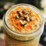 To make carrot cake overnight oats, you will need: - 1 cup rolled oats - 1 cup almond milk (or your preferred milk alternative) - 1 medium carrot, finely grated - 1/4 cup Greek yogurt (or a dairy-free alternative) - 2 tablespoons maple syrup (adjust for sweetness) - 1 teaspoon ground cinnamon - 1/2 teaspoon ground nutmeg - 1/4 teaspoon ground ginger - 1/4 cup walnuts or pecans, finely chopped - 1/4 cup raisins (optional) - Pinch of salt You can switch some ingredients if needed. For the milk, use any milk you like. Coconut milk adds a nice creaminess. If you want a vegan option, skip the Greek yogurt or use a plant-based version. For sweetness, honey works too. You can swap nuts for seeds like sunflower or pumpkin seeds if you have nut allergies. If you don’t like raisins, leave them out or add dried cranberries instead. Using fresh ingredients makes a big difference in flavor and texture. Fresh carrots add a sweet crunch. Fresh nuts give a nice nutty taste. When you use fresh spices, they pack more flavor. Always check your ingredients before cooking. This ensures your overnight oats taste great and look good too. Fresh ingredients also help you enjoy a healthy breakfast every day. Start by taking a medium bowl. Add 1 cup of rolled oats. Pour in 1 cup of almond milk. You can use any milk you like. Then, add 1/4 cup of Greek yogurt. Stir with a spoon until the oats soak up the liquid. This base is key for creamy oats. Next, it’s time to add flavor! Grate 1 medium carrot and toss it in. Then, add 2 tablespoons of maple syrup for sweetness. Sprinkle in 1 teaspoon of ground cinnamon, 1/2 teaspoon of nutmeg, and 1/4 teaspoon of ginger. Chop 1/4 cup of walnuts or pecans and mix them in. If you like, add 1/4 cup of raisins too. Finish with a pinch of salt. Stir well to mix everything evenly. Now, carefully move the mixture into airtight containers. Seal them tightly to keep the flavors fresh. Place the jars in the fridge. Let them sit overnight, or for at least 4 hours. This soak helps the oats soften and absorb all the yummy flavors. In the morning, stir again before enjoying! To get the best texture, soak the oats overnight. This step makes the oats soft and creamy. If you like a thicker mix, add less milk. For a creamier result, use more yogurt. Stir well before serving to blend all the flavors and textures. You can change the sweetness based on your taste. Start with two tablespoons of maple syrup. If you want it sweeter, add more syrup a little at a time. You can also use honey or a sugar substitute. Just remember to mix well for an even taste. Serve your oats in a clear jar or bowl to show off their colors. Top with extra chopped nuts or a sprinkle of cinnamon for flair. You can add a dollop of yogurt on top for more creaminess. Fresh carrot curls make a pretty garnish too! Enjoy your oats cold or warm them slightly if you prefer. {{image_4}} You can easily make carrot cake overnight oats vegan. Just swap Greek yogurt for a plant-based yogurt. Almond milk works well, but you can use soy, oat, or coconut milk too. Maple syrup is already vegan, so no changes there. This way, everyone can enjoy this tasty treat! If you need a nut-free version, skip the walnuts or pecans. You can add seeds like sunflower or pumpkin seeds for a crunch instead. For a gluten-free option, use certified gluten-free oats. This ensures you can enjoy your oats without worry while keeping them healthy and delicious. Feel free to play with flavors! You can add a splash of vanilla extract for extra warmth. Dried cranberries or apricots can replace raisins for a fruity twist. For a tropical touch, consider adding coconut flakes. Each new flavor will make your overnight oats exciting and unique! To keep your carrot cake overnight oats fresh, store them in airtight containers. This helps to lock in flavor and moisture. Make sure to seal the lids tightly. If you plan to make a batch for the week, use separate jars for each serving. This way, you grab one easily each morning. These oats stay good for up to five days in the fridge. After that, they may lose flavor and texture. Always check for any signs of spoilage before eating. If the oats smell off or look strange, it's best to toss them. When prepping these oats, consider making double the batch. This saves time on busy mornings. You can mix up the flavors by adding different nuts or fruits. Keep a few jars ready in your fridge. This way, you enjoy a healthy breakfast all week long! Yes, you can use quick oats. They will cook faster and absorb liquid quicker. The texture will be softer, but the flavor remains delightful. If you prefer a chewier bite, stick with rolled oats. They give a heartier feel and help keep the oats full. To cut calories, consider these tips: - Use less maple syrup. You can reduce it to one tablespoon. - Swap Greek yogurt for a low-fat version. - Choose unsweetened almond milk instead of regular milk. - Skip the nuts or use fewer. These small changes can help you enjoy this tasty treat without the extra calories. Absolutely! You can prepare multiple jars at once. Just follow the recipe, and divide it into jars. Store them in the fridge. They last up to five days. This makes breakfast easy and quick throughout the week. Just grab a jar, stir, and enjoy! To sum up, we explored the best ingredients, step-by-step instructions, and helpful tips for making delicious overnight oats. Fresh ingredients are key for flavor and texture. Remember to try different variations and adjust sweetness to your taste. Proper storage will ensure your oats stay fresh. With these insights, you'll create tasty and healthy meals each day. Enjoy your oat journey!