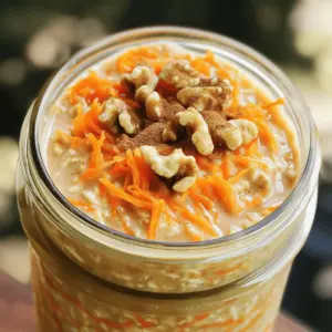 To make carrot cake overnight oats, you will need: - 1 cup rolled oats - 1 cup almond milk (or your preferred milk alternative) - 1 medium carrot, finely grated - 1/4 cup Greek yogurt (or a dairy-free alternative) - 2 tablespoons maple syrup (adjust for sweetness) - 1 teaspoon ground cinnamon - 1/2 teaspoon ground nutmeg - 1/4 teaspoon ground ginger - 1/4 cup walnuts or pecans, finely chopped - 1/4 cup raisins (optional) - Pinch of salt You can switch some ingredients if needed. For the milk, use any milk you like. Coconut milk adds a nice creaminess. If you want a vegan option, skip the Greek yogurt or use a plant-based version. For sweetness, honey works too. You can swap nuts for seeds like sunflower or pumpkin seeds if you have nut allergies. If you don’t like raisins, leave them out or add dried cranberries instead. Using fresh ingredients makes a big difference in flavor and texture. Fresh carrots add a sweet crunch. Fresh nuts give a nice nutty taste. When you use fresh spices, they pack more flavor. Always check your ingredients before cooking. This ensures your overnight oats taste great and look good too. Fresh ingredients also help you enjoy a healthy breakfast every day. Start by taking a medium bowl. Add 1 cup of rolled oats. Pour in 1 cup of almond milk. You can use any milk you like. Then, add 1/4 cup of Greek yogurt. Stir with a spoon until the oats soak up the liquid. This base is key for creamy oats. Next, it’s time to add flavor! Grate 1 medium carrot and toss it in. Then, add 2 tablespoons of maple syrup for sweetness. Sprinkle in 1 teaspoon of ground cinnamon, 1/2 teaspoon of nutmeg, and 1/4 teaspoon of ginger. Chop 1/4 cup of walnuts or pecans and mix them in. If you like, add 1/4 cup of raisins too. Finish with a pinch of salt. Stir well to mix everything evenly. Now, carefully move the mixture into airtight containers. Seal them tightly to keep the flavors fresh. Place the jars in the fridge. Let them sit overnight, or for at least 4 hours. This soak helps the oats soften and absorb all the yummy flavors. In the morning, stir again before enjoying! To get the best texture, soak the oats overnight. This step makes the oats soft and creamy. If you like a thicker mix, add less milk. For a creamier result, use more yogurt. Stir well before serving to blend all the flavors and textures. You can change the sweetness based on your taste. Start with two tablespoons of maple syrup. If you want it sweeter, add more syrup a little at a time. You can also use honey or a sugar substitute. Just remember to mix well for an even taste. Serve your oats in a clear jar or bowl to show off their colors. Top with extra chopped nuts or a sprinkle of cinnamon for flair. You can add a dollop of yogurt on top for more creaminess. Fresh carrot curls make a pretty garnish too! Enjoy your oats cold or warm them slightly if you prefer. {{image_4}} You can easily make carrot cake overnight oats vegan. Just swap Greek yogurt for a plant-based yogurt. Almond milk works well, but you can use soy, oat, or coconut milk too. Maple syrup is already vegan, so no changes there. This way, everyone can enjoy this tasty treat! If you need a nut-free version, skip the walnuts or pecans. You can add seeds like sunflower or pumpkin seeds for a crunch instead. For a gluten-free option, use certified gluten-free oats. This ensures you can enjoy your oats without worry while keeping them healthy and delicious. Feel free to play with flavors! You can add a splash of vanilla extract for extra warmth. Dried cranberries or apricots can replace raisins for a fruity twist. For a tropical touch, consider adding coconut flakes. Each new flavor will make your overnight oats exciting and unique! To keep your carrot cake overnight oats fresh, store them in airtight containers. This helps to lock in flavor and moisture. Make sure to seal the lids tightly. If you plan to make a batch for the week, use separate jars for each serving. This way, you grab one easily each morning. These oats stay good for up to five days in the fridge. After that, they may lose flavor and texture. Always check for any signs of spoilage before eating. If the oats smell off or look strange, it's best to toss them. When prepping these oats, consider making double the batch. This saves time on busy mornings. You can mix up the flavors by adding different nuts or fruits. Keep a few jars ready in your fridge. This way, you enjoy a healthy breakfast all week long! Yes, you can use quick oats. They will cook faster and absorb liquid quicker. The texture will be softer, but the flavor remains delightful. If you prefer a chewier bite, stick with rolled oats. They give a heartier feel and help keep the oats full. To cut calories, consider these tips: - Use less maple syrup. You can reduce it to one tablespoon. - Swap Greek yogurt for a low-fat version. - Choose unsweetened almond milk instead of regular milk. - Skip the nuts or use fewer. These small changes can help you enjoy this tasty treat without the extra calories. Absolutely! You can prepare multiple jars at once. Just follow the recipe, and divide it into jars. Store them in the fridge. They last up to five days. This makes breakfast easy and quick throughout the week. Just grab a jar, stir, and enjoy! To sum up, we explored the best ingredients, step-by-step instructions, and helpful tips for making delicious overnight oats. Fresh ingredients are key for flavor and texture. Remember to try different variations and adjust sweetness to your taste. Proper storage will ensure your oats stay fresh. With these insights, you'll create tasty and healthy meals each day. Enjoy your oat journey!