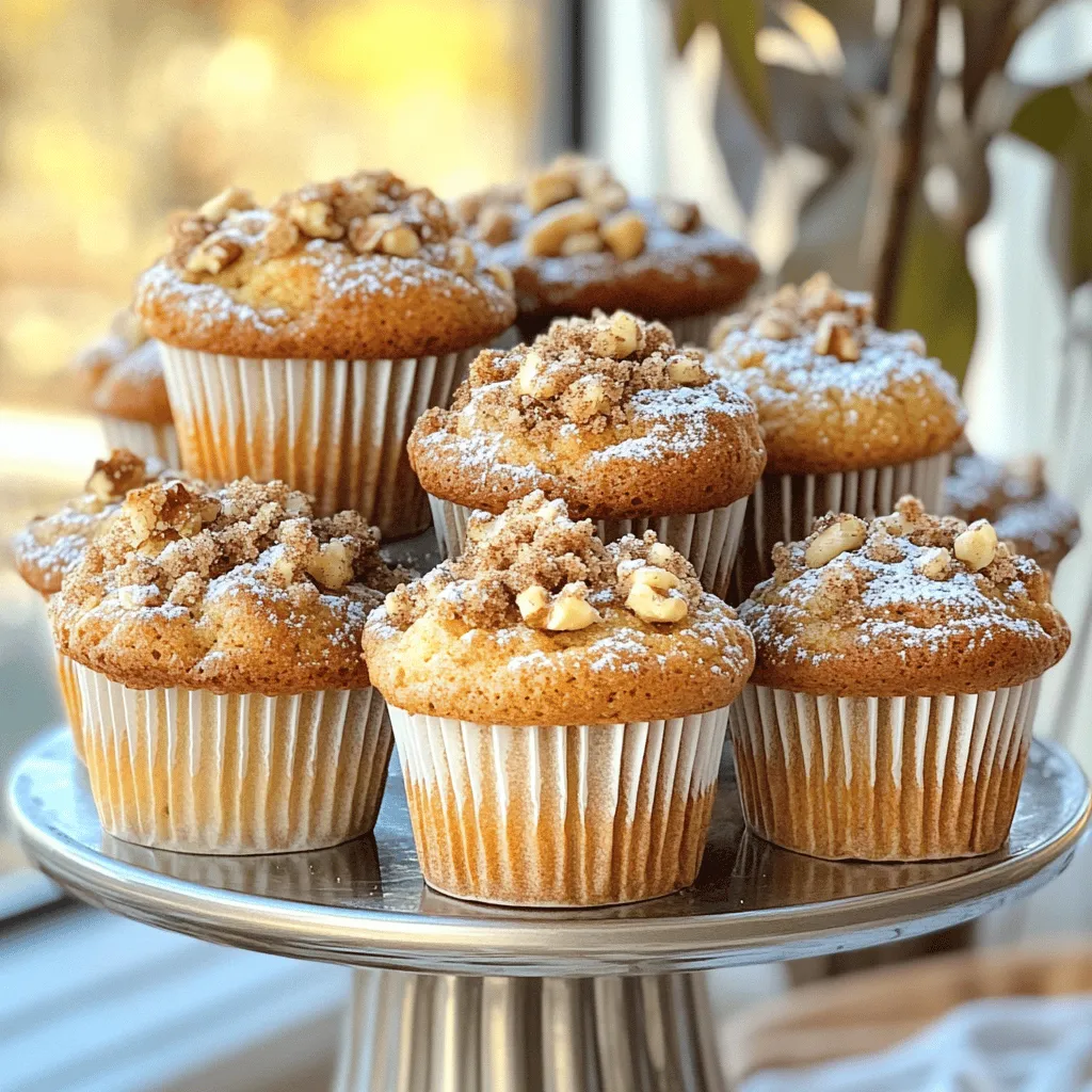 - 2 cups all-purpose flour - 1 cup granulated sugar - 2 teaspoons baking powder - 1 teaspoon baking soda - ½ teaspoon salt - ½ teaspoon ground cinnamon - ¼ cup unsalted butter, melted and slightly cooled - 1 large egg, at room temperature - 1 cup sour cream, at room temperature - 1 teaspoon vanilla extract - ½ cup brown sugar, packed - ¼ cup chopped walnuts or pecans (optional) - ¼ cup granulated sugar (for streusel topping) - 1 teaspoon ground cinnamon (for streusel topping) Using room temperature ingredients helps the muffins rise better. Cold eggs or sour cream can lead to dense muffins. If you need gluten-free options, try almond flour or a mix of gluten-free flours. For dairy-free muffins, use almond milk and coconut yogurt. These changes will keep the muffins light and tasty. Feel free to mix in chocolate chips for a sweet twist. Fresh fruit like blueberries or diced apples adds moisture and flavor. You can also sprinkle extra streusel on top for a crunchy finish. These add-ins make your coffee cake muffins even more delightful. Preheat your oven to 350°F (175°C). This step is key for baking. While the oven heats, prepare your muffin tin. You can use paper liners or lightly grease each cup with non-stick spray. This helps the muffins come out easy. In a large bowl, combine the dry ingredients. Whisk the all-purpose flour, granulated sugar, baking powder, baking soda, salt, and ground cinnamon. Mix them well to ensure even distribution. This step is important for perfect muffins. In another bowl, whisk together the wet ingredients. Mix the melted butter, egg, sour cream, and vanilla extract. Ensure the mixture is smooth and creamy. This will add richness to your muffins. Now, pour the wet mixture into the dry ingredients. Use a spatula or wooden spoon to stir. Mix gently until just combined. It’s okay if the batter has small lumps; don't overmix. This keeps the muffins soft and fluffy. To make the streusel, mix the packed brown sugar, granulated sugar, ground cinnamon, and chopped nuts in a small bowl. This crunchy topping adds great flavor. Distribute it evenly over the batter in each muffin cup. Fill each muffin cup halfway with batter. Spoon in about one tablespoon of the streusel. Then, add more batter until each cup is three-quarters full. Bake in the oven for 18-20 minutes. Check for doneness by inserting a toothpick in the center. If it comes out clean, your muffins are ready. Enjoy the delightful recipe of Coffee Cake Muffins. For more details, check the Full Recipe. To bake perfect coffee cake muffins, set your oven to 350°F (175°C). Place the muffin tin in the center of the oven. This helps the heat circulate evenly. If you put it too low or too high, the muffins may bake unevenly. Check them a few minutes before the timer goes off. If your muffins are too dry, they may have too much flour. Make sure to spoon the flour into the measuring cup, then level it off. If they are too dense, you may have mixed the batter too much. Stir just until the ingredients come together. A few lumps are okay! To boost flavor, add spices like nutmeg or allspice. A teaspoon of vanilla extract works well, too. For a twist, try a bit of almond extract. You can also fold in fruits like blueberries or chopped apples for a fresh taste. Each of these will make your muffins even more delightful. For the full recipe, check the detailed instructions above. {{image_4}} You can make coffee cake muffins in many flavors. One fun option is pumpkin spice. Just add pumpkin puree and spices like nutmeg and ginger. This adds warmth and a cozy feel. Another great mix is lemon zest and poppy seeds. The lemon gives a bright taste, while poppy seeds add crunch. Both make your muffins unique and tasty. If you want a healthier treat, try using whole wheat flour. Whole wheat gives more fiber and nutrients. You can also swap regular sugar for natural sweeteners like honey or maple syrup. These changes keep the muffins sweet while being better for you. Using seasonal fruits can change your muffins each time you bake. In summer, fresh blueberries or raspberries work well. In fall, diced apples or pears add sweetness. These fruits not only taste great but also make the muffins colorful. Check what’s in season to keep things fresh and fun. For the full recipe, refer to the Coffee Cake Muffins section. To keep coffee cake muffins fresh, you have two main choices. For short-term storage, keep them in an airtight container at room temperature for up to three days. For long-term storage, wrap each muffin tightly in plastic wrap and place them in a freezer bag. This method keeps them fresh for up to three months. Freezing muffins is easy. First, let them cool completely. Then, wrap each muffin in plastic wrap to lock in moisture. Place the wrapped muffins in a freezer-safe bag. When you want to enjoy them, just take out what you need. This way, they stay soft and tasty. To reheat muffins, use the microwave or oven. For the microwave, place a muffin on a plate. Heat it for about 15-20 seconds. Check if it’s warm enough. For the oven, preheat to 350°F (175°C). Wrap the muffin in foil and heat for about 10 minutes. This method keeps the muffin soft and delicious. Enjoy your warm treat! Coffee cake muffins have roots in the 19th century. They come from a blend of European coffee cakes and American baking. Different cultures have made their own versions. In Germany, for example, you find crumb cakes, while in Italy, there are rich tortes. Each region added local flair, making coffee cake muffins a global treat. Yes, you can! Use gluten-free flour blends. Options include almond flour or oat flour. These flours work well and keep the muffins soft. Just make sure to check the package for ratios and instructions. Check for a golden top. Lightly press the top with your finger; it should spring back. You can also use a toothpick. Insert it in the center; it should come out clean or with few crumbs. This means your muffins are ready! Absolutely! Yogurt is a great substitute. It adds creaminess and tang. Just use plain yogurt for the best results. The flavor may change slightly, but it will still be tasty. Coffee is a classic choice! A smooth brew complements the sweetness. If you prefer tea, try a light herbal tea. Chai or green tea also works well. These drinks balance the flavors of the muffins nicely. You can make a simple glaze with powdered sugar and milk. Mix 1 cup of powdered sugar with 2 tablespoons of milk. Drizzle it over the cooled muffins. For a richer option, cream cheese frosting works well too. Just blend cream cheese with butter and powdered sugar. This adds a delicious finish to your muffins. For the full recipe, check the section above! We covered the essentials for making delicious coffee cake muffins. You learned about key ingredients like flour, sugar, and optional fruits or nuts. I shared tips on mixing and baking for perfect results. Also, you discovered ways to enhance flavor and storage methods. Try different variations to keep things exciting. Whether you go for classic or healthier options, these muffins are a treat. Enjoy baking and savoring them with your favorite drinks!