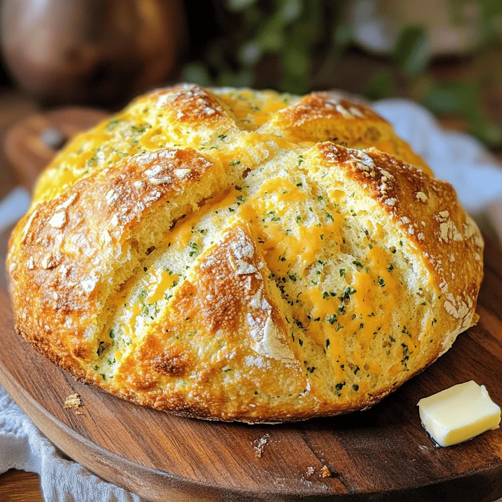 To make the best cheddar and herb soda bread, gather these simple items: - 4 cups all-purpose flour - 1 teaspoon baking soda - 1 teaspoon salt - 1 1/2 cups sharp cheddar cheese, freshly grated - 1/4 cup fresh herbs (like rosemary, thyme, or parsley), finely chopped - 1 3/4 cups buttermilk - 2 tablespoons unsalted butter, melted These ingredients come together to create a soft and cheesy loaf that is sure to impress. Using fresh herbs makes your bread taste bright and fresh. I often use: - Rosemary for a woodsy flavor - Thyme for a hint of earthiness - Parsley for freshness Feel free to mix and match! You can also add other herbs like chives or dill. For a twist, try adding spices like garlic powder or onion powder. Always use freshly grated cheese for the best flavor and texture. Pre-shredded cheese often has anti-caking agents that can affect how it melts. Fresh cheese melts smoothly and gives your bread a rich, creamy taste. Trust me; it makes a big difference! Start by getting your kitchen ready. Clear off the counters. Gather all your tools and ingredients. You will need a large mixing bowl, a spatula, a wooden spoon, and a baking sheet. Preheat your oven to 425°F (220°C). Line the baking sheet with parchment paper to keep the bread from sticking. In your large mixing bowl, add the flour, baking soda, and salt. Use a whisk or a fork to mix them well. This step helps the baking soda spread evenly. Next, add the grated cheddar cheese and the fresh herbs. Gently fold them into the flour mixture. Make sure the cheese and herbs are well mixed into the dry ingredients. Create a well in the center of the dry mix. Pour in the buttermilk and melted butter. Now, use your wooden spoon or your hands to mix everything together. Keep mixing until you see a soft, sticky dough forming. Transfer this dough to a lightly floured surface. Knead it gently for about a minute. Shape your dough into a round loaf about 1.5 inches thick. Place your loaf on the prepared baking sheet. Cut a deep cross into the top of the bread. This cut helps it cook evenly and looks nice. Bake your soda bread in the oven for 30-35 minutes. You will know it’s done when the top turns golden brown and sounds hollow when tapped. After baking, take it out and let it cool on a wire rack for at least 10 minutes. This cooling lets the bread set properly. One common mistake is overmixing the dough. This can lead to tough bread. Mix just enough to combine the ingredients. Another mistake is not measuring the flour correctly. Too much flour makes the bread dry. Use the spoon and level method for accurate measuring. Make sure your baking soda is fresh. Old baking soda won’t help the bread rise. Lastly, don’t skip the cooling step. Cutting too soon can make the bread gummy inside. To get a nice crust, preheat your oven well. A hot oven helps create steam that forms a crust. Place a baking dish with water on the bottom rack during baking. This adds moisture and aids crust formation. When shaping the loaf, keep it thick but not too round. A flatter shape allows for better browning. Score the top deeply. This helps the bread expand while baking, leading to a nice look and texture. Cheddar and Herb Soda Bread is great on its own or with butter. For a fun twist, serve it with a spread like herbed cream cheese. Pair it with soup for a hearty meal. A fresh salad is another nice match. You can also enjoy it with a glass of wine or cider. Add a sprinkle of more herbs on top for extra color and flavor. This makes it not just tasty but also pretty on the table. For more details, check the Full Recipe. {{image_4}} You can switch up the cheese in this bread. Try using gouda, feta, or mozzarella. Each cheese brings a unique flavor. For a sharper taste, use aged cheddar. If you want a creamier bread, opt for brie. Mixing cheeses can create a delicious blend. Just remember to keep the total amount of cheese the same. Fresh herbs can change the whole vibe of this bread. You can use basil, dill, or oregano for different tastes. Mix in sun-dried tomatoes or olives for added flavor. If you like a kick, add a bit of crushed red pepper. Experiment with your favorite herbs. The more you try, the more you'll find what you love. This recipe is great for both sweet and savory bread. For sweet soda bread, add a tablespoon of honey or brown sugar. You can also include raisins or dried cranberries. To keep it savory, stick with garlic and cheese. Think about what meal you want it for. These small changes can make a big difference in taste. Enjoy the freedom to adapt! To keep your Cheddar and Herb Soda Bread fresh, let it cool completely first. Once cool, wrap it tightly in plastic wrap. You can also use a resealable bag for extra protection. Store the bread at room temperature. Avoid placing it in the fridge, as this can make the bread dry. If you want to keep it for longer, consider freezing it. When you're ready to enjoy your bread again, preheat your oven to 350°F (175°C). Remove the bread from its wrap. Place it on a baking sheet. Heat it in the oven for about 10-15 minutes. This method helps regain its crusty exterior and soft inside. You can also microwave a slice for about 15-20 seconds for quick warmth. If stored properly, Cheddar and Herb Soda Bread lasts for about 2-3 days at room temperature. If you freeze it, it can last up to 3 months. Make sure to wrap it well to prevent freezer burn. When you thaw it, follow the reheating instructions for the best texture and flavor. Serve this bread warm. A pat of butter adds great flavor. You can also sprinkle extra herbs on top. Slice it into wedges for a nice look. Pair it with soups or salads for a tasty meal. This bread goes well with almost anything. Yes, you can freeze Cheddar and Herb Soda Bread. Wrap it tightly in plastic wrap. Then, place it in a freezer bag. It can stay fresh for up to three months. Thaw it in the fridge overnight before serving. Reheat slices in the oven for a warm treat. Use a gluten-free all-purpose flour mix. Make sure it has xanthan gum in it. Reduce the baking soda to 3/4 teaspoon. This helps the bread rise well. Follow the Full Recipe for mixing instructions. The taste will still be delicious and satisfying. Soda bread uses baking soda as a leavening agent. Traditional bread uses yeast for rising. Soda bread is quick to make, needing no rise time. It has a denser texture and a more rustic flavor. Both types of bread are tasty in their own way. You learned about making Cheddar and Herb Soda Bread. I covered essential ingredients, tips, and storage. Using fresh herbs and cheese adds great taste. Following each step will help you bake the perfect loaf. Remember to avoid common mistakes for the best crust. These simple techniques make baking fun and rewarding. Enjoy your tasty bread fresh or stored properly for later use. Now, get baking and share your delicious results!