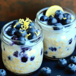 - 1 cup rolled oats - 2 cups almond milk (or any milk of your choice) - 1 cup fresh blueberries, plus extra for garnish - Zest of 1 lemon - 2 tablespoons honey or maple syrup (adjust sweetness to your preference) - 1 tablespoon chia seeds - 1/2 teaspoon vanilla extract - A pinch of salt - 1/4 cup Greek yogurt (optional, for added creaminess) You can switch out almond milk for any milk you like. Whole milk, oat milk, or soy milk work well. Instead of honey, use agave syrup or stevia for a vegan option. If you don’t have chia seeds, flax seeds can be a good substitute. For a creamier mix, skip the Greek yogurt if you don’t want it. You can also use a non-dairy yogurt. Each serving has about 300 calories. It contains: - Fat: 8g - Carbohydrates: 50g - Fiber: 8g - Protein: 10g This dish is rich in antioxidants from blueberries and provides a good start to your day. The oats give you energy, while the chia seeds add healthy fats. Start by mixing the rolled oats and almond milk in a medium bowl. You want to blend them well. This step is crucial. The oats need to soak up the milk. It helps them get soft and creamy. Next, stir in the lemon zest, honey or maple syrup, chia seeds, and vanilla extract. Add a pinch of salt, too. These ingredients boost the flavor and add some fun texture. Make sure everything is mixed evenly. You want every bite to taste great! Now it’s time to fold in the fresh blueberries. Be gentle! You don’t want to crush them. Set aside a few blueberries for later. If you like a creamier mix, add Greek yogurt now. This is optional but tasty. Once mixed, split the oats into two mason jars or airtight containers. Seal them and place them in the fridge. Let them soak overnight or for at least four hours. This soaking time is key. It allows the oats to absorb the milk and flavors. When you wake up, stir the oats again. If they are too thick, splash in some almond milk to make them just right. Before serving, top with the reserved blueberries and a sprinkle of lemon zest. Enjoy your delicious creation! You can control the sweetness in your overnight oats. Start with two tablespoons of honey or maple syrup. Taste the mixture. If you want it sweeter, add more syrup, a little at a time. Remember, blueberries also add a natural sweetness. You may not need much extra sweetener. For a creamier texture, mix in Greek yogurt. It gives the oats a rich taste. You can also use full-fat milk or coconut milk instead of almond milk. This adds creaminess too. If you don’t want yogurt, try adding more chia seeds. They absorb liquid and help thicken the oats. Serve your oats in clear mason jars or glasses. This shows off the pretty colors. Top with extra blueberries and a sprinkle of lemon zest for flair. You can also add nuts or seeds for crunch. Have fun with toppings! This lets you change the dish every time you make it. {{image_4}} You can switch up the fruit in your overnight oats. Try strawberries, raspberries, or blackberries. Each fruit adds a unique taste. For a tropical twist, use pineapple or mango. Mix and match for fun flavors! For a dairy-free and vegan version, stick to almond milk. You can also use coconut milk for a rich flavor. Skip the Greek yogurt or use a plant-based yogurt instead. Maple syrup is a great choice for sweetening without honey. Want to make your oats even better? Add superfoods! Chia seeds give a nice boost of fiber. You can also add flax seeds for extra omega-3s. For a protein punch, try a scoop of protein powder. These small changes pack a big nutritional punch! I recommend using mason jars or airtight containers. These keep the oats fresh. Glass jars let you see the pretty layers of oats and blueberries. It makes serving fun! Blueberry lemon overnight oats stay good for up to five days in the fridge. The oats soak up flavors over time. This makes them even tastier! If you notice any change in smell or texture, it’s best to toss them. You can enjoy these oats cold or warm. If you like them warm, heat in the microwave for about 30 seconds. Stir well before eating. Adding a splash of almond milk helps if they feel thick. Top with extra blueberries and a sprinkle of lemon zest for a fresh touch! You can use steel-cut oats, but they need more time to soak. Steel-cut oats are chewier and require longer cook time. I suggest soaking them overnight in the milk. This way, they soften and absorb the flavors. If you want a softer texture, cook them briefly before mixing with the other ingredients. To make blueberry lemon overnight oats gluten-free, use certified gluten-free oats. Many oats may come into contact with gluten during processing. Check the label to ensure they are safe. All other ingredients in this recipe are gluten-free, so you can enjoy this meal without worry. Yes, you can prepare these oats in advance! They taste even better after sitting overnight. Make a batch for the week and store them in sealed containers. They will last about 3-5 days in the fridge. Just stir and add toppings before serving. We explored the key ingredients, step-by-step instructions, and helpful tips for making delicious oats. I shared variations to suit different diets and preferences. Storage advice ensures your oats stay fresh longer. Keep experimenting with flavors and ingredients. This way, you’ll find your perfect bowl every time. Enjoy the process, and happy cooking!