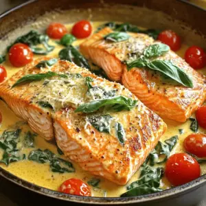 To make creamy Tuscan salmon, you need: - 4 salmon fillets - 2 tablespoons extra virgin olive oil - Sea salt and freshly cracked black pepper to taste - 3 cloves garlic, finely minced - 1 cup cherry tomatoes, halved - 1 cup fresh spinach leaves - ½ cup heavy whipping cream - ½ cup freshly grated Parmesan cheese - 1 teaspoon Italian seasoning blend - Juice of ½ a fresh lemon - Fresh basil leaves for garnish (optional) You can enhance your dish with: - Capers for a briny kick - Red pepper flakes for heat - Sun-dried tomatoes for sweet bursts of flavor - Fresh parsley for a vibrant finish For the best salmon, consider these tips: - Look for bright, shiny skin. This shows freshness. - Choose salmon with a firm texture. It should spring back when pressed. - Wild-caught salmon often has more flavor than farmed. - Ask your fishmonger about the source. Know where your food comes from! By selecting high-quality ingredients, you ensure your creamy Tuscan salmon will taste amazing and impress everyone at the table. Start with fresh salmon fillets. Rinse them under cold water. Pat them dry with paper towels. This helps the seasoning stick. Season both sides with sea salt and freshly cracked black pepper. Use just enough to enhance the taste without overpowering it. This simple step makes a big difference in flavor. Grab a large, non-stick skillet. Heat 2 tablespoons of extra virgin olive oil over medium heat. Wait until the oil shimmers. Carefully place the salmon fillets skin-side down in the skillet. Cook them undisturbed for 4-5 minutes. Look for a golden crust. Then, gently flip the fillets. Cook for another 4 minutes. The salmon should flake easily with a fork. Once done, remove the salmon and set it aside. In the same skillet, add 3 cloves of minced garlic. Sauté for about 30 seconds. Stir often to keep it from burning. Then, toss in 1 cup of halved cherry tomatoes. Stir-fry these for 2-3 minutes. They should soften and release their juices. Next, add 1 cup of fresh spinach leaves. Cook just until they wilt, about 1-2 minutes. Now, reduce the heat to low. Carefully pour in ½ cup of heavy whipping cream. Stir well to combine. Gradually add ½ cup of freshly grated Parmesan cheese. Sprinkle in 1 teaspoon of Italian seasoning. Mix until the cheese melts into a creamy sauce. Squeeze juice from ½ a lemon into the sauce. This adds a nice brightness. Gently place the cooked salmon fillets back in the skillet. Spoon the creamy sauce over each fillet. Let everything simmer for a minute to warm through. Serve the dish hot. You can garnish with fresh basil leaves for a pop of color. Enjoy your creamy Tuscan salmon with pride! To get perfectly flaked salmon, cook it for about 8-9 minutes total. Start by cooking skin-side down for 4-5 minutes. Let the salmon form a golden crust. Then, flip it for another 4 minutes. Check if it flakes easily with a fork. This timing gives you moist and tender salmon. To avoid overcooking, keep an eye on the time. Use medium heat, which cooks the salmon evenly. If you have a meat thermometer, aim for 145°F. If the salmon looks opaque and flakes easily, it’s done. Remember, the fish continues to cook after you remove it from the pan. Pair your creamy Tuscan salmon with sides like: - Steamed broccoli - Garlic mashed potatoes - Quinoa salad - Roasted asparagus - Lemon rice These sides balance the rich flavors of the salmon. They add color and nutrition to your plate, making a beautiful meal. {{image_4}} You can easily modify this recipe to fit your needs. For a lighter dish, try using Greek yogurt instead of heavy cream. It adds creaminess while cutting calories. If you're dairy-free, use coconut cream or a nut-based cream. These swaps keep the sauce rich and tasty. If you want a gluten-free version, ensure your seasoning blend is certified gluten-free. You can still enjoy all the flavors without worry. Adding vegetables boosts nutrition and flavor. You can toss in bell peppers, zucchini, or asparagus. Simply chop them and add them to the skillet with the garlic. Cook them until tender for about 4-5 minutes. You can also use kale instead of spinach for a heartier option. This small change makes the dish more colorful and nutritious. If you love heat, add red pepper flakes. Sprinkle them into the sauce as it simmers. Start with a pinch and taste as you go. This adjustment makes the dish exciting and full of flavor. You can also use fresh chopped chili peppers if you want even more kick. Just remember to balance the spice with the creamy sauce. Enjoy your fiery twist on creamy Tuscan salmon! To keep your creamy Tuscan salmon fresh, cool it down first. Let the dish sit at room temperature for no more than two hours. After cooling, transfer it to an airtight container. Make sure to seal it tightly. This method helps keep flavors intact. Store it in the fridge for up to three days. When reheating, do it slowly. Start by placing the salmon in a pan on low heat. Add a splash of cream or broth to keep it moist. Cover the pan to trap steam. Heat for about 5 minutes or until warm. Avoid the microwave if you can; it can dry out the fish. If you want to freeze creamy Tuscan salmon, it’s best to do so without the sauce. Wrap each salmon fillet tightly in plastic wrap. Place them in a freezer-safe bag. You can freeze the sauce separately in a small container. This way, the salmon stays fresh for up to three months. When ready to eat, thaw both in the fridge overnight. Then, reheat as mentioned above for a tasty meal. Yes, you can use frozen salmon fillets. Just make sure to thaw them first. Place the fillets in the fridge overnight or run them under cold water for quicker thawing. Pat them dry before cooking. This will help them sear nicely in the pan. If you want to skip heavy cream, try using half-and-half or coconut milk. Greek yogurt can work too, but add it at the end to avoid curdling. Each option gives a different flavor, so choose what you like best. To keep the sauce smooth, add a little broth or water. Start with one tablespoon, stir, and see if it reaches your desired consistency. Remember, you can always add more, but it’s hard to fix a sauce that’s too thin. Yes, this dish is great for meal prep! You can cook the salmon and sauce ahead of time. Store them in airtight containers. Just reheat gently before serving. The flavors will meld beautifully, making it even tastier. This blog post covered how to make a tasty salmon dish. We looked at ingredients, cooking steps, and ways to add flavor. I shared tips to avoid overcooking and suggested great sides. You can even try different variations based on your tastes. Remember to store leftovers properly so they taste fresh later. Enjoy this dish again and again!