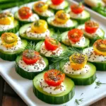 - 1 large cucumber - 8 oz cream cheese - 2 tablespoons sour cream - 1 teaspoon garlic powder - 1 teaspoon onion powder - 1 tablespoon fresh dill - 1 tablespoon everything bagel seasoning - Cherry tomatoes These ingredients create a fresh and tasty snack. The large cucumber gives a nice crunch. Cream cheese adds a rich, creamy taste. Sour cream makes it even smoother. The seasoning blends, like garlic and onion powder, add depth. Fresh dill brightens the flavor. Everything bagel seasoning brings the classic taste to life. Finally, cherry tomatoes add a pop of color and sweetness. They make the bites look good and taste great. Each ingredient plays a role in making these bites special. Enjoy making them and sharing with friends! - First, wash the cucumber under cold water. This removes dirt and helps keep it fresh. - Next, slice the cucumber into thick rounds. Aim for about 1-inch slices. This size holds the creamy mixture well. - In a medium bowl, combine 8 oz of softened cream cheese with 2 tablespoons of sour cream. Mix until it is smooth and creamy. - Then, add 1 teaspoon of garlic powder, 1 teaspoon of onion powder, and 1 tablespoon of finely chopped fresh dill. Stir everything gently until it blends well. - Take each cucumber slice and spread a generous dollop of the creamy mixture on top. Make sure to cover the surface well. - Next, sprinkle a pinch of everything bagel seasoning over each slice. This adds great flavor and texture. - Finally, place half a cherry tomato on top of each cucumber slice. This adds color and extra flavor to your bites. You can enjoy these bites right away or chill them for a bit. They taste fresh either way! Everything Bagel Cucumber Bites shine at parties and gatherings. They are easy to share and fun to eat. Serve them at brunch, picnics, or game days. Place them on a vibrant platter for a pop of color. Add fresh herbs like dill or parsley around the edges. This makes the dish look more inviting and fresh. You can even use small toothpicks for easy grabbing. Fresh ingredients make a big difference in taste. Using a firm cucumber will give you the best crunch. Fresh dill adds a bright flavor that pairs well with cream cheese. You can also try other herbs like chives or parsley for variety. If you want a twist, add smoked paprika or sriracha to the mix. This will create new flavor adventures with every bite. The thickness of your cucumber slices affects the bite. I recommend cutting them about 1-inch thick for the best texture. This size holds the creamy topping well and gives a satisfying crunch. You can also mix different cream cheese flavors. Try chive and onion or even a spicy jalapeño for a kick. Experimenting with flavors can change your bites from good to great! {{image_4}} You can easily make these bites dairy-free. Use a dairy-free cream cheese alternative. Brands like Tofutti or Kite Hill work well. For a gluten-free option, ensure your everything bagel seasoning is gluten-free. You can find many brands that cater to gluten-free diets. To jazz up the flavor, try adding fresh herbs like basil or chives. A pinch of paprika can add a nice kick too. You can also switch up garnishes. Try sliced olives or radishes for a fun twist. Each addition can change the bites' taste and look. These cucumber bites can shine as a canapé or appetizer. Just arrange them on a platter with toothpicks. They also work great as a mini platter. Pair them with dips like hummus or tzatziki. This adds variety and keeps your guests happy. To keep your Everything Bagel Cucumber Bites fresh, store them in an airtight container. This will prevent them from drying out. If you have leftovers, place them in the fridge right away. Use a container that is not too big, so they fit snugly. This helps maintain their shape and prevents sogginess. These bites will last about 2 to 3 days in the fridge. After that, they may start to lose their crunch. Look for signs of spoilage like a strong odor or a slimy texture. If the cucumber feels mushy, it’s time to toss it. I recommend serving these bites cold or at room temperature. They taste best fresh. If you need to reheat them, do it gently. Avoid using a microwave, as it can make the cucumber soggy. Instead, let them sit out for a bit before serving to bring them back to room temp. You can prepare these bites ahead of time to save effort. First, wash and slice the cucumber. Then, mix the cream cheese and sour cream with seasonings. Store the cucumber slices and creamy mixture separately in the fridge. When you are ready to serve, simply spread the creamy mix on the cucumber slices. This keeps the bites fresh and crisp. Yes, you can switch out the cucumber for several other vegetables. Zucchini works well and has a nice crunch. Bell peppers also make a great choice, offering sweetness and color. Carrots cut into thick rounds provide a fun twist. Just remember to adjust the thickness for a good bite. These bites pair well with many dishes and drinks. Try serving them with fresh veggie sticks or a light salad. A glass of sparkling water or iced tea complements the flavors nicely. For a fun touch, add a cheese platter or some crackers for variety. Everything Bagel Cucumber Bites are simple and tasty. We discussed the main ingredients, like cucumber and creamy mixtures, with fun seasonings. You learned how to prepare, assemble, and serve these bites, plus tips for taste and texture. Variations let you customize for any diet or style. Proper storage keeps leftovers fresh, too. Now you can enjoy these bites at your next gathering, impressing friends and family with ease. Try different flavors to make them your own. Enjoy your culinary journey!