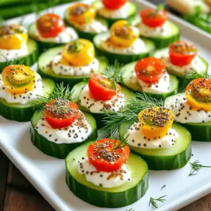 - 1 large cucumber - 8 oz cream cheese - 2 tablespoons sour cream - 1 teaspoon garlic powder - 1 teaspoon onion powder - 1 tablespoon fresh dill - 1 tablespoon everything bagel seasoning - Cherry tomatoes These ingredients create a fresh and tasty snack. The large cucumber gives a nice crunch. Cream cheese adds a rich, creamy taste. Sour cream makes it even smoother. The seasoning blends, like garlic and onion powder, add depth. Fresh dill brightens the flavor. Everything bagel seasoning brings the classic taste to life. Finally, cherry tomatoes add a pop of color and sweetness. They make the bites look good and taste great. Each ingredient plays a role in making these bites special. Enjoy making them and sharing with friends! - First, wash the cucumber under cold water. This removes dirt and helps keep it fresh. - Next, slice the cucumber into thick rounds. Aim for about 1-inch slices. This size holds the creamy mixture well. - In a medium bowl, combine 8 oz of softened cream cheese with 2 tablespoons of sour cream. Mix until it is smooth and creamy. - Then, add 1 teaspoon of garlic powder, 1 teaspoon of onion powder, and 1 tablespoon of finely chopped fresh dill. Stir everything gently until it blends well. - Take each cucumber slice and spread a generous dollop of the creamy mixture on top. Make sure to cover the surface well. - Next, sprinkle a pinch of everything bagel seasoning over each slice. This adds great flavor and texture. - Finally, place half a cherry tomato on top of each cucumber slice. This adds color and extra flavor to your bites. You can enjoy these bites right away or chill them for a bit. They taste fresh either way! Everything Bagel Cucumber Bites shine at parties and gatherings. They are easy to share and fun to eat. Serve them at brunch, picnics, or game days. Place them on a vibrant platter for a pop of color. Add fresh herbs like dill or parsley around the edges. This makes the dish look more inviting and fresh. You can even use small toothpicks for easy grabbing. Fresh ingredients make a big difference in taste. Using a firm cucumber will give you the best crunch. Fresh dill adds a bright flavor that pairs well with cream cheese. You can also try other herbs like chives or parsley for variety. If you want a twist, add smoked paprika or sriracha to the mix. This will create new flavor adventures with every bite. The thickness of your cucumber slices affects the bite. I recommend cutting them about 1-inch thick for the best texture. This size holds the creamy topping well and gives a satisfying crunch. You can also mix different cream cheese flavors. Try chive and onion or even a spicy jalapeño for a kick. Experimenting with flavors can change your bites from good to great! {{image_4}} You can easily make these bites dairy-free. Use a dairy-free cream cheese alternative. Brands like Tofutti or Kite Hill work well. For a gluten-free option, ensure your everything bagel seasoning is gluten-free. You can find many brands that cater to gluten-free diets. To jazz up the flavor, try adding fresh herbs like basil or chives. A pinch of paprika can add a nice kick too. You can also switch up garnishes. Try sliced olives or radishes for a fun twist. Each addition can change the bites' taste and look. These cucumber bites can shine as a canapé or appetizer. Just arrange them on a platter with toothpicks. They also work great as a mini platter. Pair them with dips like hummus or tzatziki. This adds variety and keeps your guests happy. To keep your Everything Bagel Cucumber Bites fresh, store them in an airtight container. This will prevent them from drying out. If you have leftovers, place them in the fridge right away. Use a container that is not too big, so they fit snugly. This helps maintain their shape and prevents sogginess. These bites will last about 2 to 3 days in the fridge. After that, they may start to lose their crunch. Look for signs of spoilage like a strong odor or a slimy texture. If the cucumber feels mushy, it’s time to toss it. I recommend serving these bites cold or at room temperature. They taste best fresh. If you need to reheat them, do it gently. Avoid using a microwave, as it can make the cucumber soggy. Instead, let them sit out for a bit before serving to bring them back to room temp. You can prepare these bites ahead of time to save effort. First, wash and slice the cucumber. Then, mix the cream cheese and sour cream with seasonings. Store the cucumber slices and creamy mixture separately in the fridge. When you are ready to serve, simply spread the creamy mix on the cucumber slices. This keeps the bites fresh and crisp. Yes, you can switch out the cucumber for several other vegetables. Zucchini works well and has a nice crunch. Bell peppers also make a great choice, offering sweetness and color. Carrots cut into thick rounds provide a fun twist. Just remember to adjust the thickness for a good bite. These bites pair well with many dishes and drinks. Try serving them with fresh veggie sticks or a light salad. A glass of sparkling water or iced tea complements the flavors nicely. For a fun touch, add a cheese platter or some crackers for variety. Everything Bagel Cucumber Bites are simple and tasty. We discussed the main ingredients, like cucumber and creamy mixtures, with fun seasonings. You learned how to prepare, assemble, and serve these bites, plus tips for taste and texture. Variations let you customize for any diet or style. Proper storage keeps leftovers fresh, too. Now you can enjoy these bites at your next gathering, impressing friends and family with ease. Try different flavors to make them your own. Enjoy your culinary journey!