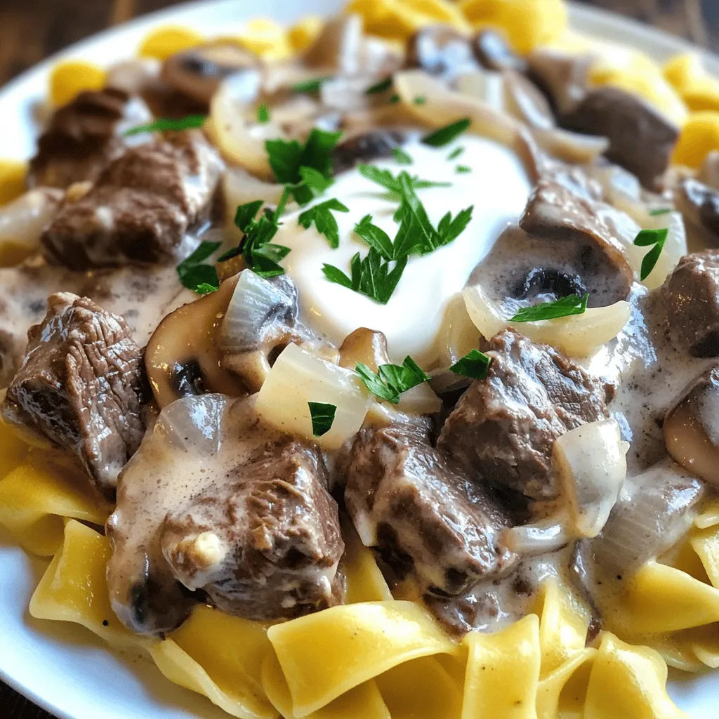 - Beef and Vegetables - 2 lbs beef chuck roast, cut into bite-sized pieces - 1 medium onion, finely diced - 3 cloves garlic, minced - 8 oz mushrooms, sliced (button or cremini) - Sauces and Seasonings - 4 cups beef broth - 2 tablespoons Worcestershire sauce - 1 tablespoon Dijon mustard - 1 teaspoon dried thyme - Salt and freshly cracked black pepper to taste - Noodles and Garnish - 1 cup sour cream - 2 tablespoons cornstarch (optional, for thickening) - 3 tablespoons olive oil - 3 cups egg noodles - Fresh parsley, chopped for garnish This list has everything you need for a tasty slow cooker beef stroganoff. Each item plays a key role in building flavor. The beef provides richness, while the mushrooms and onions add depth. The sauces and seasonings give it that classic stroganoff taste. Don't forget the noodles and parsley for serving! If you want the complete recipe, check out the Full Recipe for more details. Searing the beef is key to great flavor. I start by heating olive oil in a large skillet. Once hot, I add the beef in a single layer. Sear until each piece is brown on all sides. This step adds depth to your dish. If your skillet is too full, work in batches. This ensures each piece gets that nice crust. Next, I prepare the onion and garlic. After browning the beef, I add the diced onion and minced garlic to the same skillet. I stir and cook them until the onion is soft and clear. This takes about 3-4 minutes. The aroma fills the kitchen, making it hard to resist. Once the onion and garlic are ready, I add them to the slow cooker with the beef. Then, I toss in the sliced mushrooms. This mix brings a beautiful earthiness to the dish. It’s all about layering flavors here. Now, I make the sauce. In a bowl, I whisk together beef broth, Worcestershire sauce, Dijon mustard, dried thyme, and some salt and pepper. This mixture is packed with flavor. I pour it over the beef and vegetables in the slow cooker, making sure everything is coated well. For slow cooking, I cover the pot and set it to low for 7-8 hours. If I'm in a hurry, I set it to high for 4-5 hours. The goal is to cook until the beef is tender and full of flavor. About an hour before it's done, I check the beef. Fork-tender is what I’m looking for. If it pulls apart easily, it's ready. This is when the magic happens, and the flavors come together beautifully. For the full recipe, check out the complete guide. Best Cuts of Beef For beef stroganoff, I recommend using beef chuck roast. It is tender and flavorful. The fat in this cut helps keep the meat juicy during cooking. You can also use sirloin or tenderloin, but they may not be as rich in flavor. Importance of Browning Browning the beef is key. It adds depth and flavor to the dish. By searing the beef, you create a nice crust. This crust locks in juices and enhances the final taste. Always remember to work in batches if needed. You want each piece to brown well. Using Cornstarch If you like a thicker sauce, cornstarch works well. Mix it with cold water to make a slurry. Stir this into the stroganoff during the last 20 minutes of cooking. This will give you a creamy texture that coats the beef and noodles nicely. Alternative Thickeners You can also use flour as a thickener. Just whisk some flour with cold water until smooth. Add it to the slow cooker like cornstarch. You might even try arrowroot powder for a gluten-free option. Each will help achieve that rich sauce you desire. Serving Suggestions I love serving beef stroganoff over egg noodles. The noodles soak up the sauce well. You can also try serving it over rice or mashed potatoes. This gives you different textures and flavors to enjoy. Garnishing Tips Garnish your dish with fresh parsley. It adds color and a fresh taste. You can also sprinkle some grated Parmesan on top. This adds a nice salty touch that complements the creamy sauce. Serve it all in shallow bowls for a rustic look. {{image_4}} You can change up some ingredients in your Slow Cooker Beef Stroganoff. - Mushroom Types: Button mushrooms are great, but cremini or shiitake add deeper flavor. Feel free to mix them for a fun twist! - Different Cuts of Meat: While beef chuck is perfect, you can try sirloin or even ground beef. Each cut brings its own taste and texture. If you have dietary needs, you can adapt this recipe easily. - Gluten-Free Options: Use gluten-free noodles and check your broth for gluten. This way, you enjoy the same rich flavor without the gluten. - Vegan Alternatives: For a vegan version, swap the beef for mushrooms and use vegetable broth. Replace sour cream with cashew cream or silken tofu for creaminess. How you serve your beef stroganoff can change the meal experience. - Pairing with Different Sides: While egg noodles are classic, mashed potatoes or rice also work well. Each side enhances the dish’s flavor. - Serving Styles: You can serve it in a bowl or on a plate. For a fun touch, add a sprinkle of parsley or a dash of paprika on top. Feel free to explore these variations to make the dish your own! For the full recipe, check out the details above. Refrigeration Guidelines After your beef stroganoff cools, place it in an airtight container. It will stay fresh in the fridge for 3 to 4 days. Make sure to let it cool first. Hot food can raise the fridge's temperature, which is not safe. Freezing Tips If you want to save some for later, beef stroganoff freezes well. Use a freezer-safe container or bag. It can last for about 2 to 3 months in the freezer. When you’re ready to eat, let it thaw in the fridge overnight. Best Practices for Microwaving When reheating in the microwave, use a microwave-safe dish. Cover it with a lid or microwave-safe wrap. Heat on medium power in 1-minute bursts. Stir in between to heat evenly. Reheating on the Stove For stove reheating, place your stroganoff in a saucepan. Heat over low to medium heat. Stir often to prevent sticking. Add a splash of beef broth or water if it seems too thick. How Long Can You Keep it? In the fridge, your beef stroganoff is good for 3 to 4 days. If frozen, it can last up to 3 months. For the best taste, eat it within these time frames. Always check for any off smells or changes in color before eating. You can serve beef stroganoff with many sides. Here are some great options: - Egg noodles - Mashed potatoes - Rice - Crusty bread - Steamed vegetables These sides soak up the sauce well. They add texture and flavor. Noodles are the most popular choice. Yes, you can make this dish ahead of time. You can prepare the beef and sauce. Store them in the fridge for up to two days. Just reheat before serving. You can also freeze the stroganoff. It stays good for about three months. Thaw it in the fridge overnight before cooking. You can use Greek yogurt or cream cheese. Both options give a rich and creamy taste. Mix them in just before serving. You can also use cashew cream for a dairy-free option. Yes, you can cook beef stroganoff on the stovetop. Start by searing the beef in a pot. Then, add the onions, garlic, and mushrooms. Follow the rest of the steps from the slow cooker recipe. Cook until the beef is tender, about 1.5 to 2 hours. This method gives you a quicker meal. For the full recipe, check the section above. In this blog post, we explored making a delicious slow cooker beef stroganoff. We started with the key ingredients like beef, veggies, sauces, and noodles. Then, I provided step-by-step instructions on preparing and cooking the beef. Helpful tips then followed, showing you how to add flavor and thicken your sauce. We also discussed different variations and storage methods to keep your dish fresh. Endless options exist no matter your taste. Enjoy experimenting and make this dish your own!