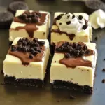 - 24 Oreo cookies, finely crushed - 4 tablespoons unsalted butter, melted - 16 oz cream cheese, softened to room temperature - 1 cup powdered sugar - 1 teaspoon pure vanilla extract - 1 cup whipped cream (store-bought or homemade, preferably chilled) - 8-10 Oreo cookies, coarsely chopped (for topping) For these no bake Oreo cheesecake bars, you need a few key ingredients. The Oreo cookies form the base and add flavor. Cream cheese gives the filling its creamy texture. Whipped cream makes it light and fluffy. Each ingredient plays a big role in making this dessert taste great. - Mixing bowls - Electric mixer - Baking dish To make these bars, you will need some tools. Mixing bowls help you combine ingredients. An electric mixer is key for beating the cream cheese smooth. A baking dish holds everything together while it chills. Having these tools ready makes cooking easier. - Additional Oreo cookies - Chocolate sauce - Whipped cream You can add toppings to make your bars extra special. More Oreo cookies on top add crunch. A drizzle of chocolate sauce can make it look fancy. Extra whipped cream adds a nice touch. These toppings let you customize your dessert to your taste. - First, take 24 Oreo cookies and crush them finely. - Next, melt 4 tablespoons of unsalted butter. - Combine the crushed Oreos and melted butter in a bowl. - Stir until the mixture looks like wet sand. - Transfer this mix into a lined 9x9-inch baking dish. - Press the mixture firmly into the bottom of the dish. - In a large bowl, beat 16 oz of softened cream cheese until smooth. - This takes about 2-3 minutes. - Gradually add 1 cup of powdered sugar and 1 teaspoon of vanilla extract. - Mix on low speed until everything is smooth and creamy. - Carefully fold in 1 cup of chilled whipped cream into the cream cheese mix. - Use a spatula to combine gently, keeping it light and airy. - Pour this filling over the prepared Oreo crust. - Spread the filling evenly across the crust. - Sprinkle 8-10 coarsely chopped Oreo cookies on top. - Gently press them into the filling to stick well. - Chill the bars in the fridge for at least 4 hours to set. - Once set, slice into bars and serve chilled for the best taste. To make the best filling, start with soft cream cheese. Beat it with an electric mixer for 2-3 minutes. This helps break up lumps. If you see lumps, keep mixing until smooth. When you add the powdered sugar, do it slowly. Mix on low speed to avoid a sugar cloud. When folding in whipped cream, use a spatula. Start with a small amount of cream cheese mix, then gently fold in the rest. This keeps the filling light and fluffy. Avoid stirring too hard, or you might deflate it. Packing the crust tightly is key. If it's loose, it can crumble when you cut the bars. Use the back of a measuring cup to press it down well. Aim for an even layer across the bottom of your dish. If you want to switch things up, try using graham crackers or digestive biscuits for the crust. They bring a different flavor and texture, but still work great with the cheesecake filling. For the best taste, serve the bars chilled. They hold their shape better this way, and the flavors shine. Make it special by presenting the bars on a nice platter. Drizzle chocolate sauce over them for a fancy touch. You can also add dollops of whipped cream and sprinkle mini Oreos on top. This will impress your guests and make the treat look beautiful! {{image_4}} You can make these cheesecake bars even better by adding new flavors. Try adding peanut butter or chocolate for a rich twist. Mix in about half a cup of creamy peanut butter with the cream cheese for a nutty flavor. For chocolate lovers, melt some chocolate and fold it into the cream cheese filling. You can also add fresh fruit. Raspberries or strawberries add a fun burst of flavor. Just chop them up and fold them in before you pour the filling into the crust. If you need vegan options, you can substitute the cream cheese. Look for vegan cream cheese at your store. For the whipped cream, use coconut cream or a vegan whipped topping. This way, you can enjoy these bars without dairy. If you need gluten-free options, swap the regular Oreo cookies for gluten-free ones. Many brands offer tasty gluten-free cookies that work well in this recipe. Maybe you're hosting a big party? You can easily double the recipe. Just use a larger baking dish, like a 9x13 inch pan. This way, you’ll have enough bars for everyone to enjoy. If you want fewer bars, you can scale down the recipe. Try cutting the ingredients in half. This makes about six bars, perfect for a small gathering or a quick treat at home. To keep your No Bake Oreo Cheesecake Bars fresh, store them in the fridge. Place them in an airtight container. This helps prevent them from drying out or absorbing other smells. If you do not have a container, cover the dish tightly with plastic wrap. Make sure it touches the surface to keep air out. You can freeze the cheesecake bars for later enjoyment. Cut them into squares before freezing. Wrap each piece in plastic wrap, then place them in a freezer bag. This helps keep them fresh. When ready to eat, move them to the fridge to thaw overnight. For the best texture, eat them cold, not at room temperature. These cheesecake bars can last in the fridge for up to five days. Always check for signs of spoilage. If you see any discoloration or an off smell, it’s best to throw them away. Enjoy these delicious bars while they are fresh for the best taste! Yes, you can make these cheesecake bars ahead of time. I recommend chilling them for at least 4 hours. This helps the bars set properly. If you plan to serve them later, cover them with plastic wrap. This keeps them fresh and prevents drying out. You can even make them a day before your event. Just remember to keep them in the fridge until you are ready to serve. Absolutely! If you have allergies or preferences, there are several options. For cream cheese, you can use a dairy-free version. Look for brands that fit your needs. If you want a lighter filling, Greek yogurt can work too. For the Oreo cookies, gluten-free Oreos are available. This way, everyone can enjoy these bars. If your filling turns out runny, don’t worry. This can happen if the cream cheese is too warm. To fix this, chill the filling for about 30 minutes. Then, whip some more whipped cream and fold it in gently. This can help thicken the mixture. If it's still runny, let it chill longer once assembled. The cold will help it set better. In this blog post, I shared how to make delicious cheesecake bars using Oreo cookies. You learned about the main ingredients, like cream cheese and whipped cream. You also discovered step-by-step instructions, including tips for a smooth filling and perfect crust. Remember, you can adjust flavors and make dietary swaps, too. These bars are easy to store and freeze. Enjoy making this tasty treat at your next gathering!