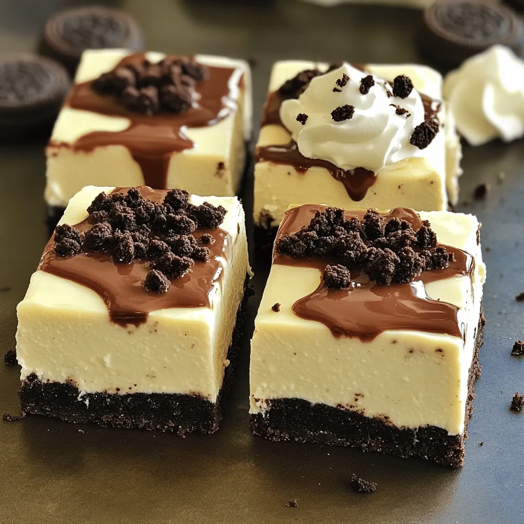 - 24 Oreo cookies, finely crushed - 4 tablespoons unsalted butter, melted - 16 oz cream cheese, softened to room temperature - 1 cup powdered sugar - 1 teaspoon pure vanilla extract - 1 cup whipped cream (store-bought or homemade, preferably chilled) - 8-10 Oreo cookies, coarsely chopped (for topping) For these no bake Oreo cheesecake bars, you need a few key ingredients. The Oreo cookies form the base and add flavor. Cream cheese gives the filling its creamy texture. Whipped cream makes it light and fluffy. Each ingredient plays a big role in making this dessert taste great. - Mixing bowls - Electric mixer - Baking dish To make these bars, you will need some tools. Mixing bowls help you combine ingredients. An electric mixer is key for beating the cream cheese smooth. A baking dish holds everything together while it chills. Having these tools ready makes cooking easier. - Additional Oreo cookies - Chocolate sauce - Whipped cream You can add toppings to make your bars extra special. More Oreo cookies on top add crunch. A drizzle of chocolate sauce can make it look fancy. Extra whipped cream adds a nice touch. These toppings let you customize your dessert to your taste. - First, take 24 Oreo cookies and crush them finely. - Next, melt 4 tablespoons of unsalted butter. - Combine the crushed Oreos and melted butter in a bowl. - Stir until the mixture looks like wet sand. - Transfer this mix into a lined 9x9-inch baking dish. - Press the mixture firmly into the bottom of the dish. - In a large bowl, beat 16 oz of softened cream cheese until smooth. - This takes about 2-3 minutes. - Gradually add 1 cup of powdered sugar and 1 teaspoon of vanilla extract. - Mix on low speed until everything is smooth and creamy. - Carefully fold in 1 cup of chilled whipped cream into the cream cheese mix. - Use a spatula to combine gently, keeping it light and airy. - Pour this filling over the prepared Oreo crust. - Spread the filling evenly across the crust. - Sprinkle 8-10 coarsely chopped Oreo cookies on top. - Gently press them into the filling to stick well. - Chill the bars in the fridge for at least 4 hours to set. - Once set, slice into bars and serve chilled for the best taste. To make the best filling, start with soft cream cheese. Beat it with an electric mixer for 2-3 minutes. This helps break up lumps. If you see lumps, keep mixing until smooth. When you add the powdered sugar, do it slowly. Mix on low speed to avoid a sugar cloud. When folding in whipped cream, use a spatula. Start with a small amount of cream cheese mix, then gently fold in the rest. This keeps the filling light and fluffy. Avoid stirring too hard, or you might deflate it. Packing the crust tightly is key. If it's loose, it can crumble when you cut the bars. Use the back of a measuring cup to press it down well. Aim for an even layer across the bottom of your dish. If you want to switch things up, try using graham crackers or digestive biscuits for the crust. They bring a different flavor and texture, but still work great with the cheesecake filling. For the best taste, serve the bars chilled. They hold their shape better this way, and the flavors shine. Make it special by presenting the bars on a nice platter. Drizzle chocolate sauce over them for a fancy touch. You can also add dollops of whipped cream and sprinkle mini Oreos on top. This will impress your guests and make the treat look beautiful! {{image_4}} You can make these cheesecake bars even better by adding new flavors. Try adding peanut butter or chocolate for a rich twist. Mix in about half a cup of creamy peanut butter with the cream cheese for a nutty flavor. For chocolate lovers, melt some chocolate and fold it into the cream cheese filling. You can also add fresh fruit. Raspberries or strawberries add a fun burst of flavor. Just chop them up and fold them in before you pour the filling into the crust. If you need vegan options, you can substitute the cream cheese. Look for vegan cream cheese at your store. For the whipped cream, use coconut cream or a vegan whipped topping. This way, you can enjoy these bars without dairy. If you need gluten-free options, swap the regular Oreo cookies for gluten-free ones. Many brands offer tasty gluten-free cookies that work well in this recipe. Maybe you're hosting a big party? You can easily double the recipe. Just use a larger baking dish, like a 9x13 inch pan. This way, you’ll have enough bars for everyone to enjoy. If you want fewer bars, you can scale down the recipe. Try cutting the ingredients in half. This makes about six bars, perfect for a small gathering or a quick treat at home. To keep your No Bake Oreo Cheesecake Bars fresh, store them in the fridge. Place them in an airtight container. This helps prevent them from drying out or absorbing other smells. If you do not have a container, cover the dish tightly with plastic wrap. Make sure it touches the surface to keep air out. You can freeze the cheesecake bars for later enjoyment. Cut them into squares before freezing. Wrap each piece in plastic wrap, then place them in a freezer bag. This helps keep them fresh. When ready to eat, move them to the fridge to thaw overnight. For the best texture, eat them cold, not at room temperature. These cheesecake bars can last in the fridge for up to five days. Always check for signs of spoilage. If you see any discoloration or an off smell, it’s best to throw them away. Enjoy these delicious bars while they are fresh for the best taste! Yes, you can make these cheesecake bars ahead of time. I recommend chilling them for at least 4 hours. This helps the bars set properly. If you plan to serve them later, cover them with plastic wrap. This keeps them fresh and prevents drying out. You can even make them a day before your event. Just remember to keep them in the fridge until you are ready to serve. Absolutely! If you have allergies or preferences, there are several options. For cream cheese, you can use a dairy-free version. Look for brands that fit your needs. If you want a lighter filling, Greek yogurt can work too. For the Oreo cookies, gluten-free Oreos are available. This way, everyone can enjoy these bars. If your filling turns out runny, don’t worry. This can happen if the cream cheese is too warm. To fix this, chill the filling for about 30 minutes. Then, whip some more whipped cream and fold it in gently. This can help thicken the mixture. If it's still runny, let it chill longer once assembled. The cold will help it set better. In this blog post, I shared how to make delicious cheesecake bars using Oreo cookies. You learned about the main ingredients, like cream cheese and whipped cream. You also discovered step-by-step instructions, including tips for a smooth filling and perfect crust. Remember, you can adjust flavors and make dietary swaps, too. These bars are easy to store and freeze. Enjoy making this tasty treat at your next gathering!