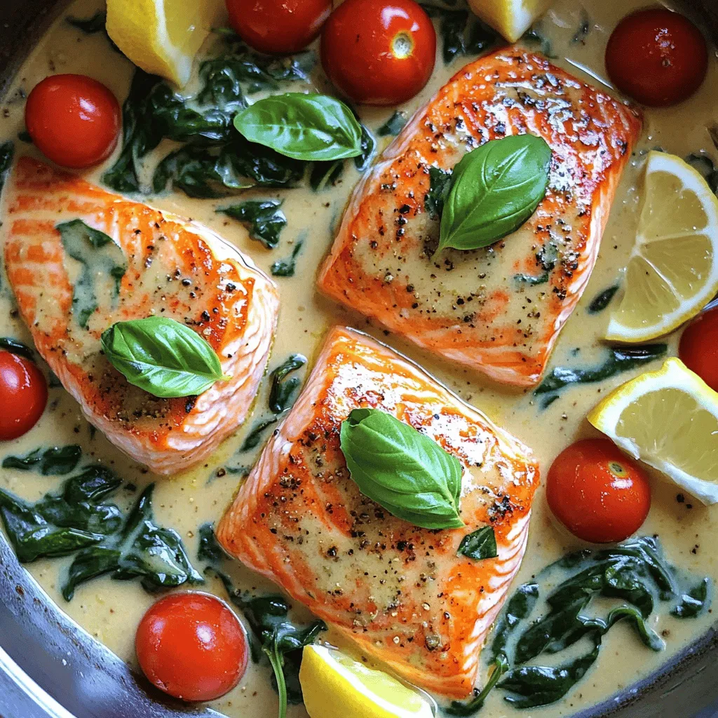 - 4 fresh salmon fillets (about 6 oz each) - 2 tablespoons extra virgin olive oil - 3 cloves garlic, finely minced - 1 cup cherry tomatoes, halved - 1 cup fresh spinach leaves - 1 cup heavy whipping cream - ½ cup freshly grated Parmesan cheese - 1 teaspoon Italian seasoning blend - Salt and freshly cracked black pepper to taste The main ingredients create a burst of flavor. Fresh salmon fillets shine in this dish. I love using olive oil to pan-sear the salmon. It adds a rich taste and helps achieve a perfect crust. Garlic brings warmth and depth. Cherry tomatoes add sweetness and a pop of color. Spinach gives a fresh touch, making the dish vibrant. Heavy cream and Parmesan cheese create a rich, creamy sauce. The Italian seasoning blend ties everything together with classic flavors. - Fresh basil leaves - Lemon wedges For garnish, I recommend fresh basil leaves. They add an aromatic touch and a hint of color. Lemon wedges enhance the dish with zesty brightness. A squeeze of lemon right before eating lifts the flavors. These garnishes make your creamy Tuscan salmon look and taste even better. Start by patting the salmon fillets dry with paper towels. This step helps create a nice crust. Season both sides with salt and freshly cracked black pepper. This simple seasoning enhances the salmon's natural flavor. Next, heat 2 tablespoons of olive oil in a large skillet over medium-high heat. Once the oil shimmers, place the salmon fillets in the pan, skin-side down. Cook the fillets for about 4-5 minutes until they are golden brown. Gently flip each fillet and cook for another 3-4 minutes. You want the fish to flake easily with a fork. After cooking, transfer the salmon to a plate and set it aside. In the same skillet, lower the heat slightly. Add 3 cloves of minced garlic and sauté for about 30 seconds. Stir it often to avoid burning. Once the garlic smells great, add 1 cup of halved cherry tomatoes. Sauté these for 2-3 minutes until they soften and release their juices. This step adds a fresh and vibrant flavor. Now, pour in 1 cup of heavy whipping cream. Use a wooden spoon to scrape any tasty bits from the bottom of the skillet. This will enrich the sauce. Gradually add ½ cup of freshly grated Parmesan cheese, stirring continuously until it melts. The sauce will become rich and creamy. Fold in 1 cup of fresh spinach leaves and 1 teaspoon of Italian seasoning. Cook for 1-2 minutes until the spinach wilts. If the sauce gets too thick, add a splash of water or vegetable broth to loosen it. Now, gently return the cooked salmon fillets to the skillet. Spoon the creamy sauce over the salmon to coat it well. Let everything warm together for an extra minute. This step melds all the lovely flavors. For serving, plate the salmon fillets and drizzle any remaining sauce over the top. Garnish with fresh basil leaves for a fragrant touch. Serve with lemon wedges for a zesty burst. To get the best salmon, you need to know a few things. First, the cooking time depends on the thickness of the fillet. For fillets about 1 inch thick, cook for 4-5 minutes on the skin side. Then, flip and cook for 3-4 minutes. If your fillets are thicker, add a minute or two. To achieve a perfect sear, start with a hot skillet. Use extra virgin olive oil. Make sure the oil shimmers before adding the salmon. This helps create a crispy skin. Avoid moving the salmon too much while it cooks. Let it sit to develop a nice brown color. Creamy sauce can be tricky. To prevent it from curdling, always cook on low heat after adding the cream. Gradually stir in the heavy whipping cream. This keeps the sauce smooth and velvety. If your sauce turns too thick, don’t worry. You can adjust the consistency by adding a splash of water or vegetable broth. Stir it in gently until you reach the desired creaminess. A smooth sauce elevates the entire dish. {{image_4}} You can switch up the protein in this recipe. Try chicken or shrimp instead of salmon. Each option brings a new taste and texture. Chicken cooks well with the creamy sauce. Shrimp adds a sweet touch to the dish. If you need a dairy-free option, you have choices too. Use coconut cream instead of heavy cream. Nutritional yeast can replace Parmesan cheese. This way, you still get a creamy sauce without dairy. To make this recipe even more exciting, think about adding herbs or spices. Fresh dill or parsley can brighten the dish. A pinch of red pepper flakes adds heat. These small changes can create a whole new flavor. You can also add different vegetables. Zucchini or bell peppers work well in the creamy sauce. They add color and crunch. Just sauté them with garlic and tomatoes for a tasty twist. To keep your Creamy Tuscan Salmon fresh, follow these steps: - Fridge: Place leftovers in an airtight container. Store them in the fridge for up to 3 days. This helps keep the salmon moist and tasty. - Freezing: You can freeze the salmon too! Wrap each fillet tightly in plastic wrap, then place it in a freezer bag. This way, it can last up to 2 months. Remember, the creamy sauce may change texture when thawed. When it's time to enjoy your leftovers, reheating is key: - Use the microwave for quick reheating. Place the salmon on a microwave-safe plate. Cover it with a damp paper towel. Heat in short bursts of 30 seconds until warm. - For the best results, reheat in a skillet. Add a splash of water or broth to keep it moist. Warm it over low heat until heated through, keeping the sauce creamy and delicious. You can tell salmon is cooked when it turns from translucent to opaque. The flesh should flake easily with a fork. A good rule is to cook it to an internal temperature of 145°F (63°C). If you don’t have a thermometer, just check the color and texture. Yes, you can prep some parts ahead. You can season the salmon and chop the garlic and tomatoes early. It’s best to cook the salmon fresh for the best taste. If you make the creamy sauce in advance, store it in the fridge. Just reheat it gently before serving. This dish pairs well with many sides. Here are a few ideas: - Garlic bread for soaking up the sauce - Sautéed spinach for extra greens - A light salad with a lemon vinaigrette - Roasted vegetables for added flavor These sides will enhance your meal and make it even more enjoyable! This guide helped you explore creamy Tuscan salmon. We covered ingredients, cooking steps, and tips for perfecting the dish. You learned about optional garnishes and important storage methods. Remember, personalization is key—feel free to swap ingredients to suit your taste. I hope you feel excited to try this recipe. Good luck and enjoy your cooking journey!
