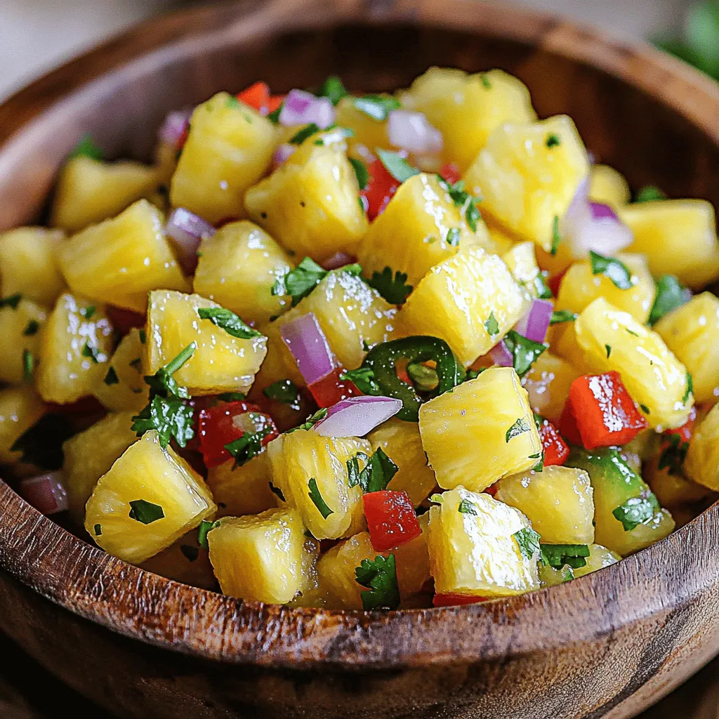 Making Easy Pineapple Salsa starts with fresh ingredients. Here’s what you’ll need: - Ripe pineapple, diced - Red bell pepper, chopped - Red onion, chopped - Jalapeño, minced - Fresh cilantro, chopped - Fresh lime juice - Salt - Honey (optional) Each ingredient plays a key role. The ripe pineapple adds sweetness and juiciness. The red bell pepper brings crunch and color. Red onion adds a mild bite, while jalapeño gives a little heat. Fresh cilantro adds brightness and freshness. Lime juice ties everything together with zesty flavor. A pinch of salt enhances all these tastes. If you like a touch of sweetness, honey is a great option. This combination creates a vibrant salsa that excites the taste buds. You can find the full recipe below to guide you through the steps. To make Easy Pineapple Salsa, follow these simple steps. It’s quick and fun! 1. Combine the diced pineapple, red bell pepper, and red onion. Start with a large bowl. Add the pineapple first. Next, toss in the chopped bell pepper and onion. Stir gently to mix. 2. Add minced jalapeño and mix. Carefully sprinkle in the minced jalapeño. You can adjust the heat to fit your taste. Mix well to spread the heat. 3. Fold in fresh cilantro. Take your chopped cilantro and gently fold it into the mix. This adds a fresh flavor that brightens the salsa. 4. Squeeze lime juice over the mixture. Roll the limes on the counter first to release more juice. Cut them in half and squeeze the juice over the salsa. This adds zing! 5. Season with salt and optional honey. Add a pinch of salt to enhance the flavors. If you like it sweet, drizzle in some honey. Mix everything well. 6. Allow the salsa to sit for at least 20 minutes before serving. This resting time helps the flavors blend. You will taste the difference! Now you have a vibrant and tasty salsa ready to enjoy. Check the Full Recipe for any extra details you may need. You can change the spice level by adding jalapeño. More jalapeño means more heat! If you prefer a milder salsa, use less or skip it. I love adding fresh herbs for extra flavor. Mint gives a nice twist, while cilantro adds brightness. You can mix and match to find your favorite. If you want your salsa sweeter, drizzle in honey or agave. This balance of sweet and tangy makes the salsa shine. Just add a little at a time until it’s perfect for you. I find this salsa best with grilled fish. The fresh flavors complement the smoky taste perfectly. You can also serve it with tortillas or tacos for a fun twist. For a creative presentation, use a colorful bowl. Garnish with a sprig of cilantro or a lime slice. This makes your dish look as good as it tastes! Check out the Full Recipe for all the details and enjoy your culinary adventure! {{image_4}} You can make your pineapple salsa even better with tropical fruits. Try adding diced mango for a sweet twist. Mango pairs well with pineapple's tartness. You can also include avocado. Its creamy texture balances the salsa nicely. Another great addition is diced tomatoes. They add a pop of color and freshness. This makes the salsa not only tasty but also visually appealing. Feel free to mix and match these fruits for a fun blend. To enhance the flavor, consider using flavored vinegar. A splash of balsamic or apple cider vinegar can add depth. You can also try infused oils like garlic or chili oil. These give your salsa an extra kick. Experimenting with different citrus juices can change the taste too. Instead of lime juice, try lemon or orange juice. Each citrus fruit brings a unique flavor. This means you can customize your salsa to fit your mood or dish. For the full recipe, check out the details above. Enjoy creating your own version of this fresh and flavorful delight! To keep your Easy Pineapple Salsa fresh, store it in an airtight container. This keeps air out and helps maintain its bright flavors. Make sure the lid fits tightly. Placing a piece of plastic wrap under the lid can add extra protection. Refrigerate the salsa right after making it. The cool temperature slows down spoilage and keeps the ingredients crisp. Always scoop out what you need, and avoid double-dipping. This keeps the salsa clean and fresh for longer. When stored properly, Easy Pineapple Salsa stays fresh for up to three days. After that, the taste and texture may change. Watch for signs of spoilage. If you see any discoloration or a watery layer on top, it’s best to toss it. Smell is also a good indicator. If the salsa has an off or sour smell, it’s time to say goodbye. Always trust your senses when it comes to food safety. Enjoy your salsa while it’s at its best! You can store Easy Pineapple Salsa in an airtight container in the fridge. This salsa stays fresh for up to three days. After that, the flavors may fade. Always check for signs of spoilage, like changes in color or smell. Yes, you can make this salsa ahead of time! It’s best to prepare it about one to two hours before serving. This gives the flavors time to blend beautifully. If you make it too far ahead, the pineapple may become mushy. I love serving pineapple salsa with grilled fish. It adds a bright, fresh kick. You can also pair it with crispy tortilla chips or use it as a taco topping. For a fun twist, serve it in a colorful bowl and garnish with cilantro or lime slices. For the full recipe, check out the details above! We covered how to make Easy Pineapple Salsa from start to finish. You learned about the fresh ingredients, step-by-step prep, and customization tips. I shared serving ideas and how to store leftovers. This salsa is bright and tasty, great with grilled meats or chips. Experiment with different elements to make it your own. Whether you enjoy it fresh or stored, this salsa will impress. Enjoy this fun dish and make it your go-to for gatherings!