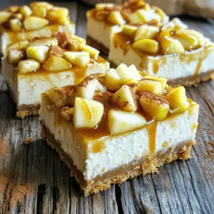To make these tasty bars, you need these main ingredients: - 1 ½ cups graham cracker crumbs - ½ cup unsalted butter, melted - 1/3 cup granulated sugar - 2 (8 oz) packages cream cheese, softened - 1 cup packed brown sugar - 1 teaspoon pure vanilla extract - 3 large eggs - 2 cups diced apples (Granny Smith or Honeycrisp) - 1 teaspoon ground cinnamon - ½ cup caramel sauce These ingredients work together to create a creamy cheesecake with a sweet apple twist. You can adjust the bars to fit your taste. Here are some ideas: - Add nuts like pecans or walnuts for crunch. - Use different spices like nutmeg for warmth. - Try different types of caramel, like salted caramel. - Swap apples for pears for a unique flavor. Feel free to mix and match these options to make your own version. Selecting the right apples is key. Here are my tips: - Look for firm apples, as they hold their shape well. - Granny Smith apples give a nice tartness to the bars. - Honeycrisp apples add a sweet, juicy flavor. - Avoid soft apples like Red Delicious, as they can turn mushy. When you pick good apples, your bars will taste even better! To start, preheat your oven to 350°F (175°C). Grab a 9x13 inch baking dish. Line it with parchment paper. Leave some paper hanging over the edges. This helps lift the bars later. In a medium bowl, mix together: - 1 ½ cups graham cracker crumbs - ½ cup unsalted butter, melted - 1/3 cup granulated sugar Stir until it looks like wet sand. Press this mixture firmly into the bottom of your dish. Bake the crust for 10 minutes. Look for it to turn a light golden brown. After baking, let it cool while you make the filling. In a large bowl, beat 2 (8 oz) packages of softened cream cheese with an electric mixer. Mix until it's smooth and creamy. Slowly add in 1 cup of packed brown sugar. Beat until it is fluffy and well blended. Next, mix in 1 teaspoon of pure vanilla extract. Add 3 large eggs one at a time. Mix just until blended after each egg. This helps prevent cracks in your cheesecake. Gently fold in: - 2 cups diced apples (use Granny Smith or Honeycrisp for a tart flavor) - 1 teaspoon ground cinnamon Make sure the apples are mixed evenly throughout the filling. Carefully pour the cheesecake filling over the cooled crust. Use a spatula to spread it evenly. Next, drizzle ½ cup of caramel sauce over the cheesecake. Take a knife or toothpick and swirl the caramel into the batter. This adds a lovely marbled effect. Bake the bars for 30-35 minutes. Look for the edges to be set and the center to jiggle slightly. It will firm up as it cools. After baking, let the cheesecake cool in the pan for about 1 hour at room temperature. Then, move it to the fridge. Chill for at least 4 hours, or overnight if you can wait. Once chilled, lift the cheesecake out using the parchment overhang. Cut it into squares or bars. For a fancy touch, drizzle extra caramel sauce on top before serving. Garnish with a sprinkle of cinnamon or thin apple slices for a beautiful finish. Enjoy your delicious treat! To make a smooth cheesecake, start with room temperature cream cheese. Cold cream cheese can create lumps. Beat the cream cheese alone first. This helps it soften quickly. Add the sugars slowly and mix until fluffy. When adding eggs, mix in one at a time. Avoid overmixing; this keeps the texture smooth. One common mistake is overbaking. Watch your bars closely. They should jiggle slightly in the center when done. This jiggle means they will set as they cool. Also, avoid opening the oven door too soon. This can cause cracks. Make sure to cool the bars slowly to prevent splitting. For a beautiful finish, drizzle extra caramel sauce over the bars just before serving. This adds shine and sweetness. You can also sprinkle a bit of cinnamon on top for flavor. Thin apple slices make a lovely garnish. These touches elevate the look of your dessert and delight your guests. {{image_4}} You can use many apples for these bars. Granny Smith apples give a nice tart taste. Honeycrisp apples add sweetness and crunch. Fuji apples are also great for a sweet flavor. Try mixing different apples for a fun twist. This mix can bring layers of taste to your dessert. If you want a gluten-free option, use almond flour instead of graham cracker crumbs. Combine 1 ½ cups of almond flour with ½ cup of melted butter and 1/3 cup of sugar. Press this mix into your baking dish like you would with graham crackers. It holds together well and tastes great! Spice can change the mood of your cheesecake bars. Adding 1 teaspoon of nutmeg or ginger can warm up the flavor. You can also mix in pumpkin spice for a fall vibe. For a holiday twist, try adding a splash of eggnog flavor. These spices make each bite a little more special. After making the caramel apple cheesecake bars, you need to store them right. Let the bars cool completely in the fridge for at least four hours. Once chilled, cover them tightly with plastic wrap or place them in an airtight container. This keeps them fresh and prevents them from drying out. When stored correctly, they can last up to five days in the refrigerator. If you want to enjoy these bars later, freezing is a great option. Cut the cheesecake into squares before freezing. Wrap each square tightly in plastic wrap, then place them in a freezer-safe bag or container. This method helps avoid freezer burn. You can freeze them for up to three months. To enjoy, simply thaw in the refrigerator overnight before serving. Reheating cheesecake bars can be tricky. I recommend serving them cold or at room temperature for the best taste. If you prefer them warm, use the oven. Preheat it to 250°F (120°C). Place the bars on a baking sheet and heat for about 10 minutes. Keep an eye on them to avoid overcooking. Enjoy your delicious treat! Yes, you can use store-bought caramel sauce. It saves time and tastes great. Look for a sauce that is rich and smooth. You can drizzle it over the bars before serving. If you're feeling adventurous, you can make your own too! These bars stay fresh for about five days. Store them in an airtight container in the fridge. They might even taste better after a day, as the flavors blend. Absolutely! You can make these bars up to two days ahead. Just make sure to chill them well. This gives the cheesecake time to set properly. It’s a smart way to save time for a party or gathering. If you need a substitute for cream cheese, use mascarpone cheese. It has a similar texture and taste. You can also use Greek yogurt for a lighter option. Just keep in mind that the flavor will change slightly. In this blog post, we explored how to make caramel apple cheesecake bars. We covered the essential and optional ingredients, tips for picking the best apples, and step-by-step instructions for making the bars. I shared tips for smooth cheesecake and avoiding baking mistakes. You also learned about variations, storage, and common questions. These bars are great for sharing or enjoying on your own. Now, take your baking skills to the next level with this tasty treat!