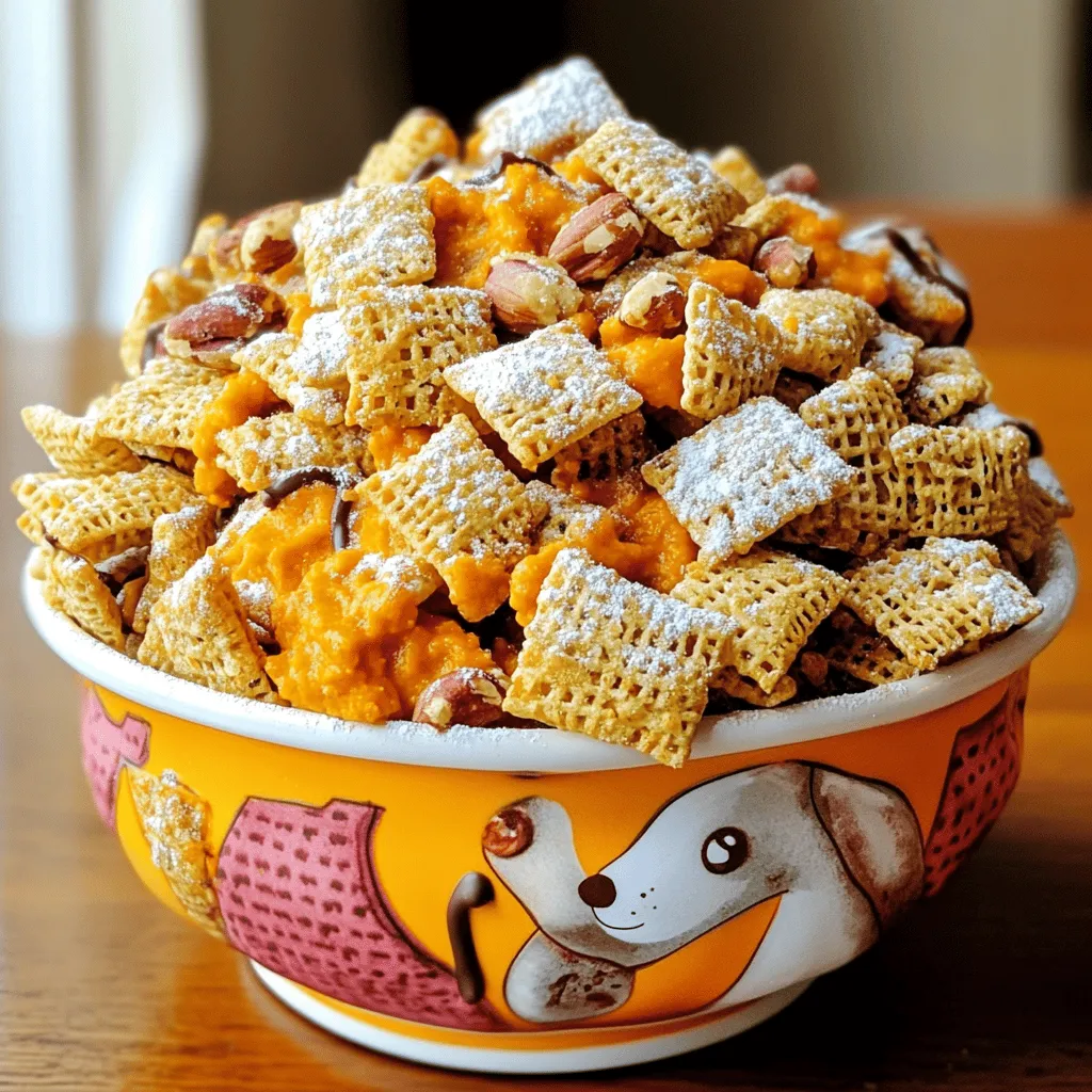 - 4 cups Chex cereal (choose either rice or corn) - 1 cup creamy peanut butter - 1 cup canned pumpkin puree - 1 teaspoon vanilla extract - 1/2 teaspoon pumpkin pie spice - 1 cup powdered sugar - 1/2 cup chocolate chips (optional, for a richer flavor) - 1/4 cup chopped nuts (such as walnuts or pecans, optional) You can swap Chex cereal for any other cereal you like. Rice Krispies or corn flakes work well too. If you want a different flavor, use almond butter instead of peanut butter. You can also skip the chocolate chips if you want a lighter treat. For a nut-free option, leave out the nuts or use sunflower seeds. When choosing pumpkin puree, look for a rich, deep orange color. This shows it is fresh and has great flavor. For peanut butter, choose a brand with few ingredients. It should be smooth and creamy without added sugars or oils. When picking nuts, check for freshness by smelling them. They should smell nutty, not stale. Always choose ingredients that you enjoy, as they make the treat truly special. Start by gathering all your ingredients. You will need: - 4 cups Chex cereal (rice or corn) - 1 cup creamy peanut butter - 1 cup canned pumpkin puree - 1 teaspoon vanilla extract - 1/2 teaspoon pumpkin pie spice - 1 cup powdered sugar - 1/2 cup chocolate chips (optional) - 1/4 cup chopped nuts (optional) In a large bowl, mix the peanut butter, pumpkin puree, vanilla, and pumpkin pie spice. Use a spatula or whisk. Stir until smooth. Next, measure the Chex cereal in another large bowl. Be gentle to keep the pieces whole. Now, slowly pour the peanut butter mixture over the Chex. Stir gently. Make sure each piece gets coated but do not break the cereal. Once the cereal is coated, transfer it to a large resealable bag. Add the powdered sugar. Seal the bag and shake it well. This step covers every piece with sugary goodness. If you want a richer flavor, melt the chocolate chips. Place them in a microwave-safe bowl. Heat in 30-second intervals, stirring in between until smooth. Drizzle the melted chocolate over the cereal. If you like nuts, fold them in now. Spread the puppy chow on a parchment-lined baking sheet. This helps it cool and set. Let it sit for about 15 to 20 minutes. Once it firms up, you can serve it in a fun bowl. If you want to give it as a gift, package it in treat bags. For a special touch, sprinkle more powdered sugar on top before serving. Enjoy your delicious Peanut Butter Pumpkin Puppy Chow! To make Peanut Butter Pumpkin Puppy Chow just right, follow these tips: - Use fresh pumpkin puree. This gives a rich flavor. - Mix the peanut butter and pumpkin until smooth. This helps with even coating. - Stir the cereal gently. This keeps the pieces whole. - Coat every piece well with the peanut butter mix. You want full flavor in each bite. Here are common mistakes to watch out for: - Don’t rush the mixing. If you don’t mix well, some pieces won’t be coated. - Avoid using too much powdered sugar at once. It can clump and not coat evenly. - Don’t skip cooling time. This step helps the chow firm up and stay crunchy. Make your Peanut Butter Pumpkin Puppy Chow look fun and tasty: - Serve it in a colorful dog-themed bowl. This adds a playful touch. - Use treat bags for gifts. They make great party favors! - Sprinkle extra powdered sugar on top before serving. This adds a snowy look. - For a festive vibe, add small dog toys around the bowl. It makes a cute display! {{image_4}} You can switch up the flavor of your Peanut Butter Pumpkin Puppy Chow. Try adding different nut butters, like almond or cashew. Each nut butter brings a unique taste. You can also use flavored extracts such as maple or hazelnut. They add a fun twist without much effort. Mix-ins can make your puppy chow special. Consider adding mini marshmallows for a chewy texture. You can also toss in dried fruits like cranberries or banana chips. Nuts add crunch, so try walnuts or pecans. Just be sure your dog can eat them safely. Chocolate chips are optional but they give a rich taste. You can make your puppy chow fit the season. In fall, add a pinch of cinnamon or nutmeg for warmth. During winter, mix in peppermint extract or crushed candy canes. For spring, try fresh fruit bits like diced strawberries. In summer, use lemon zest for a refreshing zing. These twists keep your treats exciting all year round! To keep your puppy chow fresh, store it in an airtight container. This helps keep the treats crunchy and tasty. If you used chocolate chips, ensure they are fully cooled before sealing. You can also use resealable plastic bags for easy storage. Just squeeze out the air before sealing. When stored properly, peanut butter pumpkin puppy chow lasts about one week at room temperature. If you want to keep it longer, consider freezing it. Always check for any signs of spoilage before serving. If it smells off or looks different, it’s best to toss it out. You can freeze puppy chow if you want to save some for later. Place it in a freezer-safe bag or container. Make sure to remove excess air to prevent freezer burn. It can last for up to three months in the freezer. To enjoy, thaw it in the fridge overnight before serving. Yes, you can use crunchy peanut butter. It adds texture to your puppy chow. The bites will have a fun crunch that dogs may enjoy. However, be sure your dog likes the texture first. Some dogs might prefer smooth peanut butter. Yes, this recipe is safe for dogs in moderation. The key ingredients are dog-friendly, like pumpkin and peanut butter. Avoid using chocolate if you want to keep it safe. Chocolate can harm dogs. Always check with your vet if unsure about new treats. To make this treat healthier, use less sugar. You can skip the chocolate chips, too. Instead of Chex, try whole grain cereal. Adding a few mashed bananas can give extra flavor and nutrients. Remember, treats should only be a small part of your dog's diet. To make Peanut Butter Pumpkin Puppy Chow, start with the right ingredients. I shared ingredient substitutions and tips for choosing fresh items. Next, I walked you through step-by-step instructions, from prep to serving ideas. Remember to avoid common mistakes and use my tips for your perfect treat. You can also explore flavors and add-ins for fun twists. Lastly, keep your Puppy Chow fresh with my storage tips. Enjoy sharing this tasty, safe treat with your furry friend!