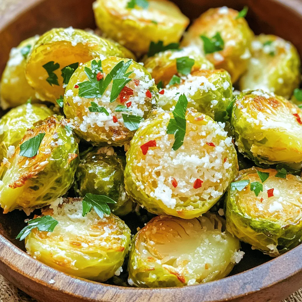 - 1 pound Brussels sprouts, trimmed and halved - 3 tablespoons extra virgin olive oil - 4 cloves of garlic, finely minced - 1/2 cup freshly grated Parmesan cheese - 1 teaspoon onion powder - 1 teaspoon garlic powder - 1/2 teaspoon red pepper flakes (optional for added heat) - Salt and freshly ground black pepper to taste - Fresh parsley, finely chopped (for garnish) When making Air Fryer Garlic Parmesan Brussels Sprouts, precise measurements matter. Here’s a quick guide to help you. - Brussels Sprouts: Use about 1 pound, which is roughly 20-25 sprouts. - Olive Oil: Three tablespoons will do. This helps the sprouts crisp up nicely. - Garlic: Four cloves should add robust flavor. Mince them well for the best taste. - Parmesan Cheese: Half a cup of freshly grated cheese gives a rich, savory finish. - Onion and Garlic Powder: Each should be one teaspoon for a flavor boost. - Red Pepper Flakes: Use half a teaspoon if you like heat. Adjust to your taste. - Salt and Pepper: Season to your liking, but start small and add more if needed. Fresh Brussels sprouts are the best choice for this recipe. They offer better texture and flavor. Look for bright green sprouts that feel firm. Trim and halve them for even cooking. Frozen Brussels sprouts work, but they may not crisp up as well. If you use frozen, thaw them first and pat them dry. This helps remove excess moisture. Choosing fresh gives you the best result, but either option can be tasty! First, set your air fryer to 375°F (190°C). Preheating helps the Brussels sprouts cook evenly. This step only takes a few minutes. Once it’s hot, you’re ready to start cooking. Take 1 pound of Brussels sprouts and trim the ends. Then, cut them in half. This makes them cook faster and helps with flavor. In a big bowl, mix the halved sprouts with 3 tablespoons of extra virgin olive oil. Add 4 cloves of minced garlic, 1 teaspoon of onion powder, and 1 teaspoon of garlic powder. If you like some heat, toss in 1/2 teaspoon of red pepper flakes. Don’t forget to add salt and freshly ground black pepper. Toss everything well to coat each sprout. Next, sprinkle in 1/2 cup of grated Parmesan cheese. Gently toss the sprouts again. This helps the cheese stick and adds a crispy layer when cooked. Once coated, arrange the Brussels sprouts in the air fryer basket. Make sure they are in a single layer. If your air fryer is small, you might need to cook them in batches. This step ensures they turn out crispy and golden brown. Set your air fryer to 375°F (190°C). This temperature works best for Brussels sprouts. It helps them cook evenly and become crispy. Preheating ensures they fry perfectly. Cook the Brussels sprouts for 15 to 20 minutes. Shake the basket halfway through. This step promotes even browning and crispiness. If your sprouts are large, they may need the full 20 minutes. Smaller sprouts may be ready sooner. Look for a golden brown color. The sprouts should be crispy on the outside. A fork should easily pierce them. If they are soft but not mushy, they are done. Enjoy the smell; it should be amazing! {{image_4}} To get that perfect crunch, start by trimming and halving your Brussels sprouts. Make sure they are all similar in size. This helps them cook evenly. Preheating your air fryer to 375°F (190°C) is key. It ensures they cook fast and get crispy. Don't overcrowd the basket. If your air fryer is small, fry in batches. This allows hot air to circulate around each sprout, making them delightfully crispy. For a flavor boost, use fresh garlic instead of garlic powder. The fresh garlic gives a stronger taste. Adding red pepper flakes can give a nice kick. If you prefer a milder flavor, skip the flakes. Don't forget the Parmesan cheese. It melts and forms a tasty crust on the sprouts. A squeeze of lemon juice before serving adds brightness and freshness. You can also try adding herbs like thyme or rosemary for extra flavor. One common mistake is skipping the oil. Oil helps the sprouts crisp up and adds flavor. Another mistake is not shaking the basket halfway through cooking. This step ensures even browning. Avoid using frozen Brussels sprouts, as they often turn mushy. Fresh sprouts yield the best texture. Lastly, don’t overcrowd the air fryer. Give each sprout space to breathe for that perfect crunch. To add some heat, try the spicy garlic Parmesan version. Just mix in 1/2 teaspoon of red pepper flakes. This will give your Brussels sprouts a nice kick. The heat pairs well with the rich cheese and garlic flavors. Adjust the amount of red pepper to your taste. You can even add a pinch more for extra spice! If you're looking for a vegan option, you can swap the Parmesan cheese. Nutritional yeast works great as a cheese substitute. It provides a similar umami flavor without using dairy. Just sprinkle a generous amount over the Brussels sprouts. This keeps the dish tasty while fitting your diet. You can also mix in other veggies for added flavor and nutrients. Carrots, bell peppers, or zucchini work well. Simply chop them into similar sizes as the Brussels sprouts. Toss them in with the same seasonings. This way, you can create a colorful and vibrant dish. Plus, it makes your meal even more nutritious! To keep your Air Fryer Garlic Parmesan Brussels Sprouts fresh, store them in an airtight container. Make sure they cool down to room temperature first. This prevents condensation, which can make them soggy. You can store them in the fridge for up to three days. If you want to keep them longer, consider freezing. Reheating these sprouts is easy. Preheat your air fryer to 350°F (175°C). Place the Brussels sprouts in the basket in a single layer. Heat them for about 5 to 7 minutes. This method helps restore their crispiness. Avoid using the microwave, as it can make them soft. If you want to freeze the Brussels sprouts, first let them cool completely. Then, place them in a freezer-safe bag. Remove as much air as you can before sealing. They can last up to three months in the freezer. When you’re ready to enjoy them, just reheat in the air fryer as mentioned above. In this post, we covered all you need to prepare tasty Brussels sprouts. We looked at essential ingredients and measurements, along with fresh versus frozen options. I shared simple steps to cook them perfectly in the air fryer, including times and temperatures. You now know tips to get maximum crispiness, flavor variations, and how to store and reheat. Remember, with practice, you can make delicious Brussels sprouts every time. Enjoy trying new flavors and techniques to make this dish your own!