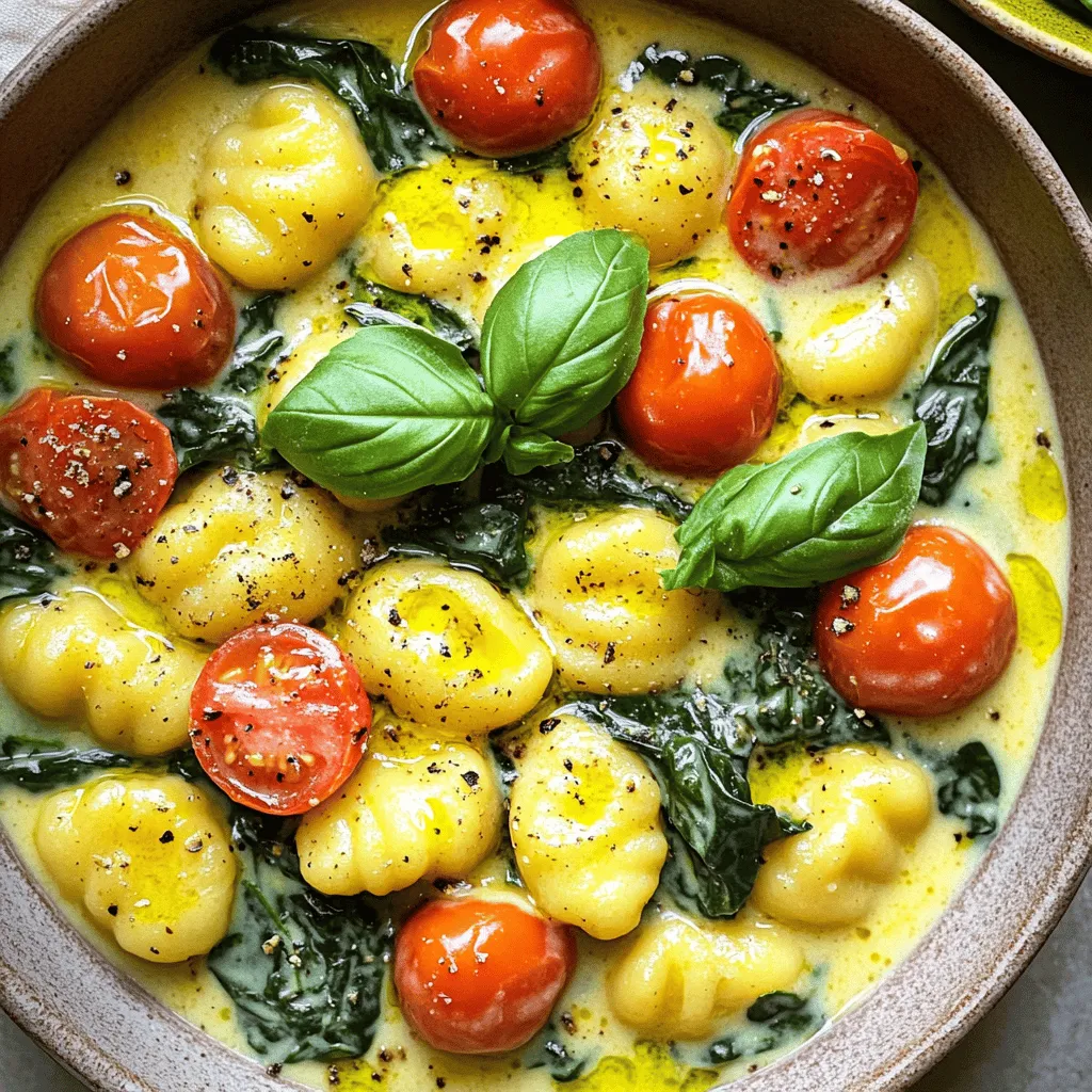 To make this dish, you will need: - 1 package (16 oz) gnocchi (fresh or frozen) - 2 tablespoons olive oil - 3 cloves garlic, finely minced - 1 cup cherry tomatoes, halved - 2 cups fresh spinach, packed - 1 cup vegetable broth - 1 cup heavy cream (or substitute with a dairy-free alternative) - 1 teaspoon Italian seasoning - ½ cup grated parmesan cheese (or nutritional yeast for a vegan option) - Salt and pepper to taste - Fresh basil leaves, for garnish You can easily adapt this recipe. For a vegan dish, use nutritional yeast instead of parmesan cheese. You can also swap heavy cream for a dairy-free cream or coconut milk. If you need gluten-free options, look for gluten-free gnocchi. - Gnocchi: Choose fresh gnocchi if you can. It's softer and has better flavor. If you pick frozen gnocchi, check the package for quality. - Olive oil: Use extra virgin olive oil for the best taste. It adds richness and depth. - Tomatoes: Select ripe cherry tomatoes. They should feel firm and smell sweet. - Spinach: Fresh spinach should be dark green and crisp. Avoid any yellow or wilted leaves. - Parmesan cheese: If you can, buy block cheese and grate it fresh. It tastes better than pre-grated options. These tips will help you create a tasty and creamy dish. Enjoy the process and your meal! Start by gathering all your ingredients. You will need 1 package of gnocchi, olive oil, garlic, cherry tomatoes, spinach, vegetable broth, heavy cream, Italian seasoning, parmesan cheese, salt, and pepper. Prepare your garlic by mincing it finely. Halve the cherry tomatoes. Measure out your vegetable broth and cream. Heat 2 tablespoons of olive oil in a pot over medium heat. Once the oil shimmers, add the minced garlic. Sauté for about 1 minute. Be careful not to brown the garlic. Next, add the halved cherry tomatoes. Cook them for 3 to 4 minutes until they soften and release juices. Now, add your gnocchi to the pot. Pour in the vegetable broth, Italian seasoning, and a pinch of salt and pepper. Stir everything well. Increase the heat to bring the mix to a gentle simmer. Cover the pot and let it cook for 5 to 7 minutes. This will make the gnocchi tender and soak up some broth. After that, lower the heat to a simmer. Gradually stir in the heavy cream and grated parmesan cheese. Mix until you have a smooth, creamy sauce. Gently fold in the fresh spinach. Cook for an additional 2 minutes until the spinach wilts. Stir occasionally to combine all flavors. Taste your dish and adjust the seasoning. Add more salt and pepper if you like. Once done, remove the pot from the heat. Let the dish sit for a minute. This will help it thicken slightly. Serve the creamy gnocchi hot in shallow bowls. Drizzle with olive oil and garnish with fresh basil leaves for a lovely finish. To make this dish perfectly creamy, use heavy cream. If you want a lighter option, try a dairy-free cream. Stir the cream in slowly for a smooth sauce. Grating fresh parmesan adds rich flavor and creaminess. For a vegan version, use nutritional yeast instead of cheese. This will still give your dish a nice depth. One common mistake is overcooking the gnocchi. Keep an eye on them while they simmer. Check them after 5 minutes. If they become too soft, the dish may turn mushy. Another mistake is not seasoning well. Taste your dish before serving. Adjust salt and pepper to enhance the flavors. Lastly, avoid cooking the garlic too long. If it burns, the taste can become bitter. Here are some tools to make cooking easier: - Large pot or deep skillet - Wooden spoon for stirring - Measuring cups for liquids - Grater for cheese - Sharp knife for chopping tomatoes and garlic Using these tools will help you cook smoothly. They make prep and cooking faster and more fun. Enjoy your time in the kitchen! {{image_4}} You can easily add protein to your creamy gnocchi. Chicken, shrimp, and sausage are great choices. For chicken, cook bite-sized pieces until golden. Add them after sautéing the garlic. For shrimp, add them during the last few minutes of cooking. They cook quickly and keep their flavor. If you prefer sausage, slice it and brown it in the pot first, then follow the rest of the steps. Each protein brings a unique taste, making the dish your own. You can make this dish vegetarian or vegan with simple swaps. For a vegetarian option, use heavy cream and parmesan cheese. If you want it vegan, swap heavy cream for a dairy-free cream and use nutritional yeast instead of parmesan. These ingredients still give a creamy texture and rich flavor. Add more veggies like mushrooms or bell peppers to enhance the taste. They can make the dish more colorful and nutritious. Using seasonal ingredients can elevate your gnocchi. In spring, add fresh asparagus or peas for a pop of color and taste. Summer tomatoes are juicy and sweet, perfect for this dish. In fall, consider adding pumpkin or butternut squash for a warm flavor. Winter greens like kale or chard can also bring a hearty touch. Feel free to mix and match based on what you find fresh and available. Each season offers its own twist to keep the dish exciting. To store your creamy Tuscan gnocchi, let it cool down first. Use an airtight container to keep the flavors fresh. Place the leftovers in the fridge. They will last for about 3 days. If you want to enjoy it later, consider freezing some. When you reheat gnocchi, do it gently. Use a pan on low heat. Add a splash of vegetable broth or cream to keep it creamy. Stir it often. This helps to avoid drying out. You can also use the microwave. Heat in short bursts and stir in between. If you want to freeze gnocchi, pack it well. Use freezer bags or containers. Make sure to remove as much air as possible. It can stay frozen for up to 3 months. When you're ready to eat, thaw it in the fridge overnight. Then reheat as mentioned above. Yes, you can use different types of gnocchi. Fresh or frozen gnocchi works well. You can also try gluten-free gnocchi if you prefer. Just follow the cooking time on the package. This will help you get the best texture. To make this dish dairy-free, swap heavy cream for a plant-based cream. Options like coconut cream or almond milk work great. For cheese, use nutritional yeast instead of parmesan. This keeps the dish creamy and flavorful without dairy. Creamy Tuscan gnocchi pairs well with many sides. A fresh green salad is a great choice. You can also serve crusty bread to soak up the sauce. For a heartier meal, add grilled chicken or shrimp. This blog post covered key ingredients, step-by-step cooking, and helpful tips. I shared substitutions for dietary needs, ensuring anyone can enjoy this dish. You learned how to achieve perfect creaminess while avoiding common mistakes. I offered variations to cater to different proteins and preferences, plus storage tips for leftovers. In closing, adapting this recipe is easy. With some simple swaps, you can customize it to your tastes. Enjoy your cooking adventures and share your tasty results!