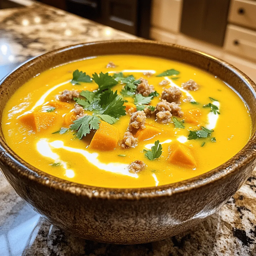 - Sweet potatoes - Chicken sausage - Aromatics (onion, garlic) - Vegetable broth - Coconut milk - Spices (cumin, paprika, red pepper flakes) - Olive oil - Garnish (cilantro or parsley) For this creamy sweet potato and sausage soup, you will need: - Sweet Potatoes: Use 2 large sweet potatoes, peeled and diced into 1-inch cubes. Look for firm ones with smooth skin. - Chicken Sausage: One pound of chicken sausage works well. Crumble it into bite-sized pieces. Choose a brand that is low in fat for a healthier option. - Aromatics: One medium onion, finely chopped, and three cloves of garlic, minced, will add depth to your soup. Fresh garlic and onion offer the best flavor. - Vegetable Broth: Four cups of low-sodium vegetable broth create a nice base. Homemade broth will add more flavor. - Coconut Milk: A 14 oz can of full-fat coconut milk gives creaminess. This adds a rich texture and flavor. - Spices: You will need one teaspoon each of ground cumin and smoked paprika, and half a teaspoon of red pepper flakes. Adjust the red pepper for heat as you like. - Olive Oil: Use two tablespoons of extra virgin olive oil for sautéing. This adds healthy fat and flavor. - Garnish: Fresh cilantro or parsley, finely chopped, adds a bright finish. Use as much as you want for color. - Sweet Potatoes: Choose bright orange, firm potatoes. Avoid ones with soft spots. - Chicken Sausage: Look for options with fewer additives and no nitrates. - Aromatics: Always pick fresh. They enhance the taste of your dish. - Coconut Milk: Make sure the can is not dented. Check for a creamy texture. - Sausage: You can use turkey sausage or vegan sausage for alternatives. - Broth: If you want a meatier flavor, use chicken broth. - Coconut Milk: Substitute with almond milk or cashew cream for a lighter option. - Spices: Feel free to experiment with your favorite spices like thyme or basil. This recipe makes a cozy meal that you can enjoy any day of the week. For the full recipe, visit the complete guide. To make this tasty soup, you need some basic tools and a plan. First, gather your tools: - A large, heavy-bottomed pot - A wooden spoon - An immersion blender or regular blender - A chopping board and knife Start by prepping your ingredients. Peel and dice the sweet potatoes. Chop the onion and mince the garlic. This makes cooking easier and more fun. 1. Sautéing aromatics: Heat the olive oil in your pot over medium heat. Add the chopped onion. Cook for about 5 minutes until it softens. Then add the minced garlic, cumin, smoked paprika, and red pepper flakes. Stir for 1-2 minutes so the spices smell great. 2. Cooking the sausage: Now, add the crumbled chicken sausage. Use your wooden spoon to break it up into smaller bits. Cook for about 5-7 minutes until the sausage turns brown and is cooked through. 3. Simmering the sweet potatoes: Toss in the diced sweet potatoes. Pour in the vegetable broth. Bring this mix to a gentle boil. Reduce the heat and let it simmer for 15-20 minutes. You want the sweet potatoes to be tender enough to poke with a fork. 4. Blending the soup: Once the sweet potatoes are soft, use an immersion blender to puree the soup until smooth. If you want some chunks, blend just half. If you’re using a regular blender, blend in batches and let steam escape to avoid splatter. 5. Adding coconut milk: If you blended in batches, return the soup to the pot. Stir in the coconut milk and heat it gently on low for about 5 minutes. 6. Final seasoning and serving: Taste your soup. Add salt and black pepper as needed. Adjust the spice level with red pepper flakes to fit your taste. Ladle the soup into bowls and garnish with fresh cilantro or parsley. This adds color and flavor! Now you have a warm bowl of creamy sweet potato and sausage soup. Enjoy! For the full recipe, check the earlier section. To get the right soup texture, focus on your blending method. If you want a smooth soup, an immersion blender works great. It lets you blend right in the pot. For a chunkier texture, blend only half the soup. A traditional blender can also do the job, but remember to let steam out. This keeps the soup from splattering. Spices add depth to your soup. I recommend ground cumin and smoked paprika for warmth. Red pepper flakes give a nice kick. For fresh taste, use herbs like cilantro or parsley. Fresh herbs enhance flavor better than dried ones, but dried herbs can work too. Just use less; they are stronger. {{image_4}} You can make this soup fit your needs. To create a gluten-free option, use gluten-free sausage and check the broth label. For dairy-free soup, coconut milk is already a great choice. You can swap it for almond milk or oat milk if you prefer. If you want a vegetarian version, skip the sausage. Instead, add chickpeas or lentils for protein. You can also use vegetable broth to keep it tasty and hearty. You can mix it up with different veggies. Carrots and bell peppers add color and sweetness. Kale or spinach gives it a fresh touch and boosts nutrition. If you want to change the flavor profile, try adding fresh herbs like thyme or rosemary. A splash of lime or lemon juice can brighten the taste. You can also experiment with spices like curry powder or turmeric for a unique twist. For complete cooking instructions, check the [Full Recipe]. To keep your Creamy Sweet Potato and Sausage Soup fresh, use the right containers. Glass or BPA-free plastic containers work best. Make sure they have tight lids to avoid spills and keep the soup safe. - Let the soup cool down to room temperature before storing. - Fill the containers, leaving some space for expansion. - Label the containers with the date to track freshness. Store the soup in the fridge for up to five days. If you want to keep it longer, freezing is a great option. When it's time to enjoy your soup again, reheating properly will keep the flavor intact. The best method is to warm it on the stove over low heat. Stir often to prevent sticking and burning. - For quick heating, use the microwave. Place the soup in a microwave-safe bowl and cover it loosely. Heat in short bursts, stirring in between. To easily freeze the soup, let it cool completely. Then, pour it into freezer bags or containers. Remember to remove as much air as possible before sealing. Your soup will stay fresh for about three months in the freezer. For the best taste, thaw it in the fridge overnight before reheating. For the full recipe, check out the detailed steps to make this comforting soup. How long does Creamy Sweet Potato and Sausage Soup last in the fridge? This soup can last about 4 to 5 days in the fridge. Store it in an airtight container to keep it fresh. I always recommend letting it cool down before sealing. Can I use other types of sausage? Yes, you can use other types of sausage. Try turkey, pork, or even spicy sausage if you like heat. Each type will change the flavor a bit, but it will still taste great. What sides go well with this soup? I love pairing this soup with crusty bread or a fresh side salad. You can also add croutons on top for extra crunch. Can I make this soup vegan? You can make it vegan! Replace the chicken sausage with plant-based sausage. Use vegetable broth and coconut milk as usual. The taste will still be rich and creamy. Is it suitable for meal prep? Absolutely! This soup is perfect for meal prep. You can make a big batch and store it in portions. It reheats well, making it easy for lunches or quick dinners. For the full recipe, check out the [Full Recipe]. This blog provided a full guide to making creamy sweet potato and sausage soup. We covered ingredients, step-by-step cooking, and tips for perfecting the texture and flavor. I shared storage methods and variations to fit your needs. With these insights, you can create a delicious dish. Explore the ingredients and feel free to make it your own. Enjoy making this soup that warms both body and soul!