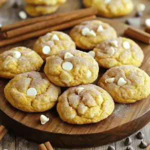 - 4 cups all-purpose flour, sifted - 1 teaspoon baking soda - 1 teaspoon cream of tartar - 1 teaspoon ground cinnamon - 1/2 teaspoon ground nutmeg - 1/2 teaspoon ground ginger - 1/4 teaspoon salt The dry ingredients create a solid base for our cookies. All-purpose flour gives structure and chew. Baking soda and cream of tartar help the cookies rise. The spices add warmth and flavor, making them perfect for fall. - 1 cup unsalted butter, softened to room temperature - 1 cup granulated sugar - 1 cup packed brown sugar, preferably light or dark - 1 cup pumpkin puree (canned or homemade) - 2 large eggs The wet ingredients bring moisture and sweetness. Softened butter is key for a fluffy texture. The sugar mix caramelizes during baking. Pumpkin puree makes the cookies moist and adds a touch of earthiness. Eggs bind everything together and help with the rise. - 1 cup white chocolate chips - 1/4 cup granulated sugar (for rolling the cookies) - 1 tablespoon ground cinnamon (for rolling the cookies) White chocolate chips give a creamy sweetness that balances the spices. The cinnamon-sugar coating adds a delightful crunch and extra flavor. Each bite will be a cozy blend of sweet and spiced sensations. For the complete guide, check out the [Full Recipe]. Enjoy baking these White Chocolate Pumpkin Snickerdoodles! 1. Start by preheating your oven to 350°F (175°C). This is key for even baking. 2. While the oven warms up, line two baking sheets with parchment paper. This helps cookies not stick. 3. In a large bowl, cream together 1 cup of softened butter, 1 cup of granulated sugar, and 1 cup of brown sugar. Use a hand mixer or stand mixer. Mix until fluffy and light, about 3-4 minutes. 1. Next, carefully add 1 cup of pumpkin puree and 2 large eggs to the butter-sugar mix. Beat until smooth. 2. In another bowl, whisk together 4 cups of sifted all-purpose flour, 1 teaspoon of baking soda, 1 teaspoon of cream of tartar, and spices: 1 teaspoon of ground cinnamon, 1/2 teaspoon of nutmeg, 1/2 teaspoon of ginger, and 1/4 teaspoon of salt. 3. Gradually mix the dry ingredients into the wet mix. Stir gently with a spatula. Be careful not to overmix. You want a soft and smooth dough. 4. Fold in 1 cup of white chocolate chips, ensuring they spread evenly without overworking the dough. 1. In a small bowl, mix 1/4 cup of granulated sugar and 1 tablespoon of ground cinnamon for rolling. 2. Use a cookie scoop or tablespoon to portion the dough. Roll each piece into a smooth ball. 3. Coat each ball in the cinnamon-sugar mix, covering it well. 4. Place the dough balls on the prepared sheets, leaving about 2 inches between them. 5. Bake the cookies for 10-12 minutes. Look for lightly golden edges and soft centers. They will firm up while cooling. 6. Once baked, let the cookies cool on the sheets for 5 minutes. After that, move them to a wire rack to cool completely. For the complete recipe, visit [Full Recipe]. To make great cookies, avoid overmixing the dough. Overmixing can make your cookies tough. Mix until just combined. This keeps the dough soft and fluffy. Next, ensure you use the right oven temperature. Preheat your oven to 350°F (175°C). A hot oven helps the cookies rise and bake evenly. If your oven runs hot or cold, check with an oven thermometer. To boost flavor, you can adjust the spices. If you love cinnamon, add a bit more. Some people like a kick; try adding a pinch of cayenne pepper for warmth. If you want alternatives for white chocolate chips, use dark or milk chocolate chips. You can also try butterscotch chips for a unique taste. This change can create a whole new cookie experience. For a lovely display, use a decorative platter. Arrange the cookies in a circle or stack them high. You can garnish with fresh cinnamon sticks for a cozy look. Sprinkle extra white chocolate chips on top to make them pop. A light dusting of powdered sugar can add a nice touch, too. These simple ideas can help your cookies shine at any gathering. For the full recipe, refer to the complete instructions above. {{image_4}} You can change the chocolate in these cookies. Try dark or milk chocolate instead of white chocolate. Each type brings a new taste profile. Dark chocolate adds richness. Milk chocolate offers sweetness. Adding nuts or seeds can also enhance texture. Pecans or walnuts give a nice crunch. Sunflower seeds add a fun twist. Experiment with your favorites to find the best mix. If you need a gluten-free option, use almond flour or a gluten-free blend. These work well in cookies. You can still enjoy these treats without gluten. For vegan cookies, swap butter with coconut oil or vegan butter. Use flax eggs instead of regular eggs. These changes keep the cookies tasty and plant-based. If you want to cut sugar, try using applesauce or stevia. These swaps can help reduce calories. The cookies will still taste great with these options. For a fun twist, add dried cranberries or chopped pecans. They bring a festive flair to your cookies. These ingredients work well for Thanksgiving and Christmas. You can also adapt these cookies for other holidays. Add peppermint for a winter treat. Use lemon zest for a bright summer cookie. The options are endless, so have fun! For the full recipe, check out the detailed instructions above. To keep your White Chocolate Pumpkin Snickerdoodles fresh, store them at room temperature. Place the cookies in an airtight container. This helps to seal in moisture and keeps them soft. Make sure to layer parchment paper between the cookies to prevent sticking. If you want to save cookies for later, freezing is a great option. You can freeze both the dough and baked cookies. For dough, scoop and roll the balls, then freeze them on a baking sheet. Once frozen, transfer them to a zip-top bag. For baked cookies, let them cool completely, then place them in a freezer-safe container. To thaw, leave the cookies out at room temperature for about 30 minutes. For dough, bake straight from the freezer, adding a minute or two to the bake time. When stored correctly, these cookies stay fresh for about a week at room temperature. Look for signs of spoilage, such as hard texture or off smells. If they feel dry or crumbly, it’s time to toss them. For the best taste, enjoy them fresh, but they can last longer with proper storage. For the full recipe and more details, check out the Full Recipe. How do I make White Chocolate Pumpkin Snickerdoodles from scratch? To make these cookies, start by mixing butter and sugars until fluffy. Then, add pumpkin puree and eggs. In a separate bowl, combine flour, baking soda, cream of tartar, and spices. Mix the dry and wet ingredients gently. Fold in white chocolate chips and roll the dough in cinnamon-sugar before baking. For the full recipe, refer to the detailed steps above. Why are my cookies spreading too much during baking? Cookies may spread if your butter is too warm or if you use too much sugar. Make sure to measure your ingredients accurately. Chilling the dough for 30 minutes can help prevent excess spreading. Also, ensure the oven is set to the correct temperature. Can I replace pumpkin puree with applesauce? You can use applesauce instead of pumpkin puree. This swap will change the flavor and texture slightly. Applesauce adds moisture but lacks the warm spice notes from pumpkin. If you prefer, you can also use sweet potato puree for a similar taste. What can I use instead of white chocolate chips? If you don’t have white chocolate chips, you can use dark chocolate or milk chocolate chips. You can also try butterscotch chips for a different flavor. Just remember that these swaps will change the overall taste of the cookies. What is the best way to know when cookies are done? To check if your cookies are done, look for golden edges and soft centers. The edges should set, while the centers may still seem soft. They will firm up as they cool. If they look too wet, give them a minute more in the oven. How can I make my cookies soft and chewy? To achieve soft and chewy cookies, avoid overmixing the dough. Use brown sugar for moisture and flavor. Also, try underbaking them slightly. Removing them from the oven when they are still soft ensures they stay chewy as they cool. In this post, I covered how to bake delicious White Chocolate Pumpkin Snickerdoodles. We explored key ingredients like flour, pumpkin puree, and spices. I shared step-by-step instructions for mixing and baking, along with tips for perfecting your cookies. You can try variations to suit your taste and learn smart storage methods to keep them fresh. Now, you’re ready to impress friends and family with these amazing cookies. Enjoy the process and make it your own!