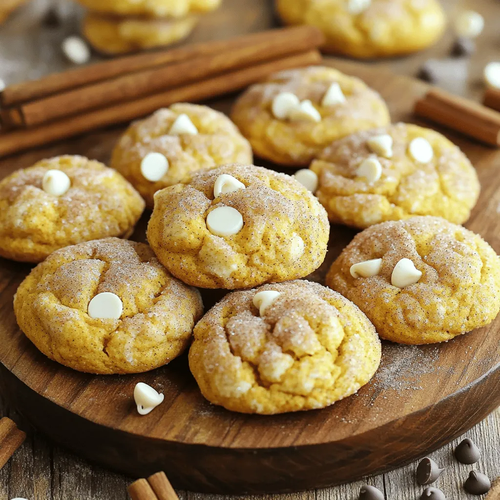 - 4 cups all-purpose flour, sifted - 1 teaspoon baking soda - 1 teaspoon cream of tartar - 1 teaspoon ground cinnamon - 1/2 teaspoon ground nutmeg - 1/2 teaspoon ground ginger - 1/4 teaspoon salt The dry ingredients create a solid base for our cookies. All-purpose flour gives structure and chew. Baking soda and cream of tartar help the cookies rise. The spices add warmth and flavor, making them perfect for fall. - 1 cup unsalted butter, softened to room temperature - 1 cup granulated sugar - 1 cup packed brown sugar, preferably light or dark - 1 cup pumpkin puree (canned or homemade) - 2 large eggs The wet ingredients bring moisture and sweetness. Softened butter is key for a fluffy texture. The sugar mix caramelizes during baking. Pumpkin puree makes the cookies moist and adds a touch of earthiness. Eggs bind everything together and help with the rise. - 1 cup white chocolate chips - 1/4 cup granulated sugar (for rolling the cookies) - 1 tablespoon ground cinnamon (for rolling the cookies) White chocolate chips give a creamy sweetness that balances the spices. The cinnamon-sugar coating adds a delightful crunch and extra flavor. Each bite will be a cozy blend of sweet and spiced sensations. For the complete guide, check out the [Full Recipe]. Enjoy baking these White Chocolate Pumpkin Snickerdoodles! 1. Start by preheating your oven to 350°F (175°C). This is key for even baking. 2. While the oven warms up, line two baking sheets with parchment paper. This helps cookies not stick. 3. In a large bowl, cream together 1 cup of softened butter, 1 cup of granulated sugar, and 1 cup of brown sugar. Use a hand mixer or stand mixer. Mix until fluffy and light, about 3-4 minutes. 1. Next, carefully add 1 cup of pumpkin puree and 2 large eggs to the butter-sugar mix. Beat until smooth. 2. In another bowl, whisk together 4 cups of sifted all-purpose flour, 1 teaspoon of baking soda, 1 teaspoon of cream of tartar, and spices: 1 teaspoon of ground cinnamon, 1/2 teaspoon of nutmeg, 1/2 teaspoon of ginger, and 1/4 teaspoon of salt. 3. Gradually mix the dry ingredients into the wet mix. Stir gently with a spatula. Be careful not to overmix. You want a soft and smooth dough. 4. Fold in 1 cup of white chocolate chips, ensuring they spread evenly without overworking the dough. 1. In a small bowl, mix 1/4 cup of granulated sugar and 1 tablespoon of ground cinnamon for rolling. 2. Use a cookie scoop or tablespoon to portion the dough. Roll each piece into a smooth ball. 3. Coat each ball in the cinnamon-sugar mix, covering it well. 4. Place the dough balls on the prepared sheets, leaving about 2 inches between them. 5. Bake the cookies for 10-12 minutes. Look for lightly golden edges and soft centers. They will firm up while cooling. 6. Once baked, let the cookies cool on the sheets for 5 minutes. After that, move them to a wire rack to cool completely. For the complete recipe, visit [Full Recipe]. To make great cookies, avoid overmixing the dough. Overmixing can make your cookies tough. Mix until just combined. This keeps the dough soft and fluffy. Next, ensure you use the right oven temperature. Preheat your oven to 350°F (175°C). A hot oven helps the cookies rise and bake evenly. If your oven runs hot or cold, check with an oven thermometer. To boost flavor, you can adjust the spices. If you love cinnamon, add a bit more. Some people like a kick; try adding a pinch of cayenne pepper for warmth. If you want alternatives for white chocolate chips, use dark or milk chocolate chips. You can also try butterscotch chips for a unique taste. This change can create a whole new cookie experience. For a lovely display, use a decorative platter. Arrange the cookies in a circle or stack them high. You can garnish with fresh cinnamon sticks for a cozy look. Sprinkle extra white chocolate chips on top to make them pop. A light dusting of powdered sugar can add a nice touch, too. These simple ideas can help your cookies shine at any gathering. For the full recipe, refer to the complete instructions above. {{image_4}} You can change the chocolate in these cookies. Try dark or milk chocolate instead of white chocolate. Each type brings a new taste profile. Dark chocolate adds richness. Milk chocolate offers sweetness. Adding nuts or seeds can also enhance texture. Pecans or walnuts give a nice crunch. Sunflower seeds add a fun twist. Experiment with your favorites to find the best mix. If you need a gluten-free option, use almond flour or a gluten-free blend. These work well in cookies. You can still enjoy these treats without gluten. For vegan cookies, swap butter with coconut oil or vegan butter. Use flax eggs instead of regular eggs. These changes keep the cookies tasty and plant-based. If you want to cut sugar, try using applesauce or stevia. These swaps can help reduce calories. The cookies will still taste great with these options. For a fun twist, add dried cranberries or chopped pecans. They bring a festive flair to your cookies. These ingredients work well for Thanksgiving and Christmas. You can also adapt these cookies for other holidays. Add peppermint for a winter treat. Use lemon zest for a bright summer cookie. The options are endless, so have fun! For the full recipe, check out the detailed instructions above. To keep your White Chocolate Pumpkin Snickerdoodles fresh, store them at room temperature. Place the cookies in an airtight container. This helps to seal in moisture and keeps them soft. Make sure to layer parchment paper between the cookies to prevent sticking. If you want to save cookies for later, freezing is a great option. You can freeze both the dough and baked cookies. For dough, scoop and roll the balls, then freeze them on a baking sheet. Once frozen, transfer them to a zip-top bag. For baked cookies, let them cool completely, then place them in a freezer-safe container. To thaw, leave the cookies out at room temperature for about 30 minutes. For dough, bake straight from the freezer, adding a minute or two to the bake time. When stored correctly, these cookies stay fresh for about a week at room temperature. Look for signs of spoilage, such as hard texture or off smells. If they feel dry or crumbly, it’s time to toss them. For the best taste, enjoy them fresh, but they can last longer with proper storage. For the full recipe and more details, check out the Full Recipe. How do I make White Chocolate Pumpkin Snickerdoodles from scratch? To make these cookies, start by mixing butter and sugars until fluffy. Then, add pumpkin puree and eggs. In a separate bowl, combine flour, baking soda, cream of tartar, and spices. Mix the dry and wet ingredients gently. Fold in white chocolate chips and roll the dough in cinnamon-sugar before baking. For the full recipe, refer to the detailed steps above. Why are my cookies spreading too much during baking? Cookies may spread if your butter is too warm or if you use too much sugar. Make sure to measure your ingredients accurately. Chilling the dough for 30 minutes can help prevent excess spreading. Also, ensure the oven is set to the correct temperature. Can I replace pumpkin puree with applesauce? You can use applesauce instead of pumpkin puree. This swap will change the flavor and texture slightly. Applesauce adds moisture but lacks the warm spice notes from pumpkin. If you prefer, you can also use sweet potato puree for a similar taste. What can I use instead of white chocolate chips? If you don’t have white chocolate chips, you can use dark chocolate or milk chocolate chips. You can also try butterscotch chips for a different flavor. Just remember that these swaps will change the overall taste of the cookies. What is the best way to know when cookies are done? To check if your cookies are done, look for golden edges and soft centers. The edges should set, while the centers may still seem soft. They will firm up as they cool. If they look too wet, give them a minute more in the oven. How can I make my cookies soft and chewy? To achieve soft and chewy cookies, avoid overmixing the dough. Use brown sugar for moisture and flavor. Also, try underbaking them slightly. Removing them from the oven when they are still soft ensures they stay chewy as they cool. In this post, I covered how to bake delicious White Chocolate Pumpkin Snickerdoodles. We explored key ingredients like flour, pumpkin puree, and spices. I shared step-by-step instructions for mixing and baking, along with tips for perfecting your cookies. You can try variations to suit your taste and learn smart storage methods to keep them fresh. Now, you’re ready to impress friends and family with these amazing cookies. Enjoy the process and make it your own!
