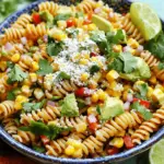 To make this delightful Mexican Street Corn Pasta Salad, you will need: - 8 oz fusilli pasta - 1 cup corn kernels (fresh or frozen) - 1 red bell pepper, diced - 1/2 red onion, finely chopped - 1/2 cup cotija cheese, crumbled - 1 avocado, peeled and diced - 1/4 cup fresh cilantro, chopped - 2 tablespoons lime juice - 3 tablespoons olive oil - 1 teaspoon chili powder - 1/2 teaspoon cumin - Salt and pepper to taste These ingredients create a colorful, tasty salad. The fusilli pasta serves as a great base. Fresh corn adds sweetness and crunch. Bell pepper gives crispness and a burst of color. Cotija cheese adds creaminess, while avocado makes it rich. If you like some heat, consider adding: - 1 jalapeño, finely diced This ingredient brings a spicy flavor. Adjust the amount based on your preference. You can also add more chili powder for extra heat. Using fresh ingredients will enhance your salad. Fresh corn tastes better than frozen. If you can, choose ripe avocados for creaminess. Look for vibrant bell peppers and fresh cilantro. Quality ingredients lead to a more delicious dish. Start by bringing a large pot of salted water to a boil. Add 8 oz of fusilli pasta to the pot. Cook it according to the package instructions, usually 8 to 10 minutes, until it is al dente. Once the pasta is done, drain it in a colander. Rinse it briefly under cold water to stop the cooking process. Set the pasta aside to cool completely. You can choose either fresh or frozen corn for this salad. If you use fresh corn, take the kernels off the cob. Heat a skillet over medium heat. Add the corn and sauté for about 5 minutes. Stir occasionally until the corn gets a bit charred and caramelized. If you opt for frozen corn, place it in a bowl and run hot water over it to thaw. Drain the corn well before using it in the salad. In a small bowl, combine the dressing ingredients. Use 2 tablespoons of freshly squeezed lime juice, 3 tablespoons of extra-virgin olive oil, 1 teaspoon of chili powder, and 1/2 teaspoon of ground cumin. Add salt and pepper to taste. Whisk these together until they blend well. Taste the dressing and adjust it if needed. You might want to add more lime juice or chili powder to get the flavor just right. To boost the taste of your salad, focus on the corn. If using fresh corn, char it in a skillet. This adds a smoky flavor. Use lime juice in the dressing for a tangy kick. The cotija cheese adds creaminess, while the avocado gives a nice texture. Mix in jalapeño for heat if you like spice. These elements make each bite exciting. Chilling the salad is key for great flavor. Once you mix all the ingredients, cover it well. Use plastic wrap or a lid. Let it sit in the fridge for at least 30 minutes. This allows the flavors to blend. If you chill longer, stir it again before serving. This keeps everything fresh and tasty. When serving, choose a bright bowl. This highlights the colorful veggies. Sprinkle extra cotija cheese on top for a beautiful finish. Add fresh cilantro for a pop of green. Serve lime wedges on the side. Guests can squeeze fresh lime juice over their salad. This adds a burst of flavor. Enjoy your vibrant dish! {{image_4}} You can easily make this salad vegetarian or vegan. To keep it vegetarian, simply skip the cotija cheese or substitute it with a similar cheese like feta. For a vegan option, try using a plant-based cheese or leave it out entirely. You can also add more veggies like zucchini or cucumber for extra crunch. Want to make the salad heartier? Add protein! Grilled chicken or shrimp works great. Just chop them into bite-size pieces and mix them in. For a plant-based option, use black beans or chickpeas. They add protein and a nice texture. Get creative with your ingredients! Swap fusilli pasta for quinoa or farro for a different texture. Instead of corn, you can use peas or even diced mango for a sweet twist. Mix in different herbs like parsley or green onions for fresh flavors. To store your Mexican street corn pasta salad, place it in an airtight container. This keeps the salad fresh and safe. Make sure to cool it fully before sealing. If you have leftovers, try to eat them within three days. This salad tastes best cold. If you want to warm it up, heat it gently on the stove. Add a splash of olive oil to keep it moist. Avoid microwaving, as it can make the pasta mushy. Serve with fresh lime juice to enhance the flavors. When stored properly, the salad stays good for about three days in the fridge. After that, the ingredients may lose their taste and texture. Always check for any signs of spoilage before enjoying your leftovers. Yes, you can make this salad ahead of time. This salad tastes great after it sits for a while. I recommend making it about 30 minutes before serving. This allows the flavors to mix well. If you prepare it the day before, keep it in the fridge. Just add the avocado right before serving to keep it fresh. If you can’t find cotija cheese, try feta cheese. Feta has a similar crumbly texture. You can also use queso blanco or ricotta salata. These cheeses add a nice salty flavor too. If you want a dairy-free option, try using nutritional yeast for a cheesy taste. To make this salad gluten-free, swap the fusilli pasta for gluten-free pasta. There are many options available now. Look for pasta made from rice, corn, or lentils. Make sure all other ingredients are also gluten-free. Check labels on dressings and any canned items you use. This salad pairs well with grilled meats or fish. You can also serve it with black beans or a fruit salad. Try adding tortilla chips for crunch. For a complete meal, serve it with Mexican-style grilled corn or guacamole. This makes a great spread for any gathering. This post covered how to make Mexican Street Corn Pasta Salad. We explored key ingredients, cooking pasta, preparing corn, and mixing flavors. We also offered tips to enhance taste, serve well, and store leftovers. In final thoughts, remember to experiment with variations. Try new ingredients or add proteins. Your salad can be as creative as you want. Enjoy this tasty dish for your next gathering!