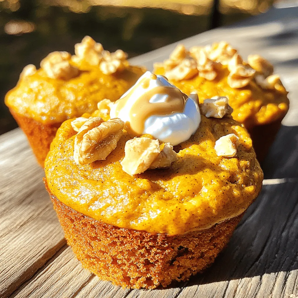 To make gluten-free pumpkin protein muffins, you'll need the following simple ingredients: - 1 cup gluten-free oat flour - 1 cup canned pumpkin puree - 1/2 cup protein powder (choose vanilla or unflavored) - 1/2 cup almond milk (or your preferred milk) - 1/3 cup honey or pure maple syrup - 1/4 cup melted coconut oil - 2 large eggs - 1 teaspoon baking powder - 1/2 teaspoon baking soda - 1 teaspoon ground cinnamon - 1/2 teaspoon ground nutmeg - 1/4 teaspoon salt - Optional: 1/2 cup chopped walnuts or dairy-free chocolate chips These ingredients come together to create a tasty and nutritious muffin that packs a protein punch. The oat flour gives a nice texture, while the pumpkin puree adds moisture and flavor. You can choose your favorite protein powder to customize the taste. Almond milk keeps it dairy-free, and the coconut oil adds richness. You can also add walnuts or chocolate chips for extra flavor and crunch. Each ingredient plays a vital role in making these muffins both healthy and delicious. - Preheat the oven to 350°F (175°C). - Prepare the muffin tin with liners or coat it with coconut oil. - In a bowl, combine gluten-free oat flour, protein powder, baking powder, baking soda, ground cinnamon, ground nutmeg, and salt. - Whisk these dry ingredients well to mix them evenly. - In another bowl, blend together canned pumpkin puree, almond milk, honey or maple syrup, melted coconut oil, and eggs. - Stir until the mixture is smooth and well combined. - Carefully pour the wet ingredients into the dry mix. - Gently stir using a spatula until just combined. Do not overmix! This keeps the muffins soft. - Use a spoon or ice cream scoop to divide the batter into the muffin cups. - Fill each cup about two-thirds full to allow space for the muffins to rise. - Place the muffin tin in the oven. - Bake for 18-22 minutes. Check if they are done by inserting a toothpick into the center. It should come out clean or with a few moist crumbs. Not overmixing the batter is key. When you combine wet and dry ingredients, stir until just mixed. This helps keep your muffins light and fluffy. Overmixing can make them dense. You want a nice, airy texture for each bite! These muffins taste great warm. I love serving them with a dollop of Greek yogurt. You can also drizzle almond butter on top for extra creaminess. This adds protein and flavor. Enjoy them with a warm drink for a cozy treat! To keep your muffins moist, use canned pumpkin puree. It adds natural moisture and flavor. Coconut oil also helps make them rich and soft. If you want extra flavor, add chopped nuts or dairy-free chocolate chips. They not only taste good but also add texture! {{image_4}} To make these muffins vegan, you can swap the eggs with flaxseed meal or chia seeds. Use 1 tablespoon of flaxseed meal mixed with 2.5 tablespoons of water for each egg. Let this mix sit for a few minutes to thicken. For milk, use almond milk or any plant-based milk you prefer. Replace honey or maple syrup with agave syrup for a vegan sweetener. These changes keep the muffins moist and tasty. If you want a low-carb version, reduce the sugar by using a sugar substitute like erythritol or stevia. You can also use almond flour or coconut flour instead of oat flour. These alternatives lower the carbs and still give you great texture. Just remember, coconut flour absorbs more moisture, so you may need to adjust the liquid in your recipe. To take your muffins to the next level, add fun flavors. Chopped nuts, like walnuts or pecans, add crunch. You can also mix in dairy-free chocolate chips for a sweet treat. For spices, try adding a bit of ginger or cloves for depth. You can also mix in dried fruits like cranberries or raisins for a fruity twist. These add-ins will make each bite even more delightful! To keep your gluten-free pumpkin protein muffins fresh, store them in an airtight container. If you have extra muffins, freeze them for later. Wrap each muffin in plastic wrap or foil before placing them in a freezer bag. This helps keep them moist and tasty. In the fridge, these muffins last about 5-7 days. They stay fresh for up to 3 months in the freezer. Always check for signs of spoilage, like mold or an off smell, before eating. To reheat, you can use the microwave or the oven. For the microwave, place a muffin on a plate and heat for 15-20 seconds. If you prefer the oven, preheat to 350°F (175°C) and warm the muffins for about 5-10 minutes. This keeps them soft and fluffy. Enjoy your muffins warm! Yes, these muffins are gluten-free. I use gluten-free oat flour as the base. Oat flour comes from ground oats that are naturally gluten-free. However, make sure your oat flour is certified gluten-free. Some brands may process oats in facilities that handle gluten. This can lead to cross-contamination. Always check the label to be safe. You can use other flours, but results may vary. Almond flour works well for a nutty taste. Coconut flour is another option, but it absorbs more liquid. If you switch to coconut flour, use less and add extra liquid. Other gluten-free blends can work too. Just ensure the blend has a good structure to hold the muffins. To boost protein, you can add Greek yogurt or cottage cheese to the mix. These ingredients add creaminess and extra protein. You can also toss in some seeds, like chia or hemp seeds. They pack a protein punch without changing the flavor much. Another option is using more protein powder, but be careful not to dry the batter. If you need a different sweetener, use agave syrup or brown sugar. You can also use stevia for a low-calorie option. Just remember that each sweetener has a different sweetness level. Adjust the amount based on your taste. If you prefer no sweetener, try adding mashed bananas for natural sweetness. Yes, mini muffins are easy to make! Just fill the cups about halfway. Bake them for about 12-15 minutes instead of the full time. Keep an eye on them so they don’t overbake. Mini muffins are great for snacks or lunch boxes. They are fun for kids and so easy to grab! These muffins are packed with great flavors and healthy ingredients. We mixed gluten-free oat flour, pumpkin puree, and protein powder to create a tasty treat. I showed you step-by-step how to bake them and offered tips to perfect the texture. Whether you want a vegan option or low-carb twist, you can easily adapt this recipe. Store them well for freshness, and enjoy them warm. These muffins are a fun and healthy way to enjoy a snack!