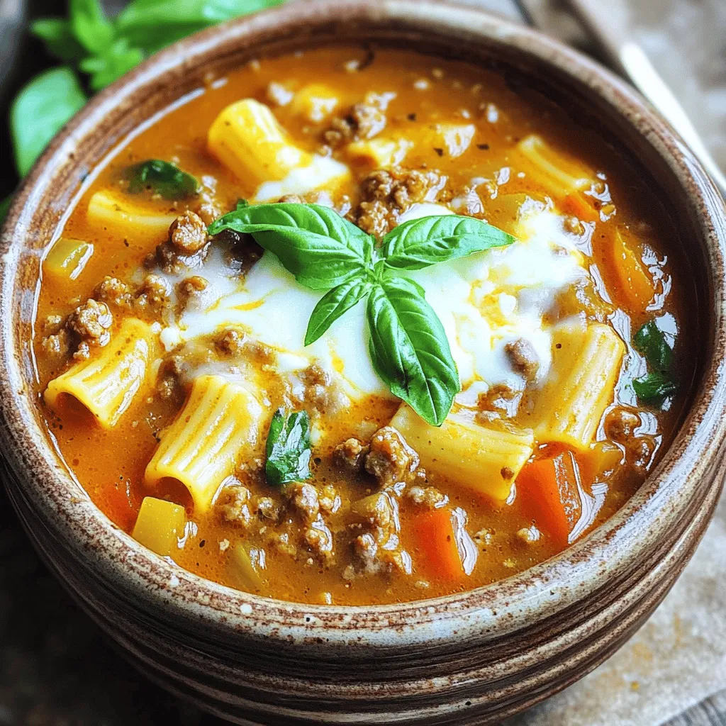 To make this Crockpot Lasagna Soup, you need the following ingredients: - 1 pound ground beef or Italian sausage - 1 medium onion, diced - 3 cloves garlic, minced - 1 bell pepper, chopped - 1 can (28 oz) crushed tomatoes - 4 cups beef broth - 1 teaspoon Italian seasoning - 1/2 teaspoon red pepper flakes (optional) - 8 oz pasta (rigatoni or shells) - 2 cups fresh spinach - 1 cup ricotta cheese - 1 cup shredded mozzarella cheese - 1/2 cup grated Parmesan cheese - Salt and pepper to taste - Fresh basil for garnish You can change a few ingredients if needed. For meat, try ground turkey or chicken. For a veggie twist, skip the meat altogether. Use lentils or mushrooms instead. If you want a lighter soup, try low-fat cheese or replace ricotta with cottage cheese. Use vegetable broth instead of beef broth for a vegetarian option. Fresh ingredients really make this soup shine. Fresh spinach adds a pop of color and nutrients. Fresh garlic and onion provide a strong flavor base. When you use fresh herbs, like basil, the taste is bright and vibrant. Quality ingredients help create a comforting dish that everyone will love. Plus, they help you feel good about what you eat. Start by cooking the ground meat in a skillet. Use either ground beef or Italian sausage. Heat it over medium. Cook until it's browned and no longer pink. Break up the meat with a spatula as it cooks. Once it's done, drain any excess fat. Then, add the meat into your crockpot. Next, add the veggies to your crockpot. Toss in the diced onion, minced garlic, and chopped bell pepper. Mix them well with the meat. This gives the soup great flavor. Now, pour in the crushed tomatoes and beef broth. Add the Italian seasoning and red pepper flakes if you like spice. Sprinkle in some salt and pepper too. Stir everything together to combine. Cover your crockpot and set it to cook. You can choose low for 6-8 hours or high for 3-4 hours. This slow cooking makes the flavors blend well. About 30 minutes before serving, add your pasta. If the soup gets too thick, add a bit of extra broth or water. When the pasta is soft, stir in the fresh spinach, ricotta, and half the mozzarella. After 10 more minutes, it’s ready to serve. Ladle it into bowls and top with the rest of the mozzarella, Parmesan, and fresh basil if you like. Enjoy this simple and hearty dish! To get the best texture and flavor in your soup, follow these simple tips: - Brown the Meat: Always brown your ground beef or sausage before adding it to the crockpot. This adds depth to your soup. - Use Quality Broth: Choose low-sodium beef broth for a richer taste. You control the salt this way. - Add Pasta at the Right Time: Add pasta about 30 minutes before serving. This helps it stay firm and not mushy. - Stir Gently: When mixing in the cheeses and spinach, stir gently to keep the texture nice and creamy. Here are some common mistakes to steer clear of: - Skipping the Browning Step: Not browning the meat can make your soup taste bland. - Overcooking the Pasta: Adding pasta too early can lead to a soggy mess. Stick to the timing! - Ignoring Seasoning: Always taste your soup before serving. Adjust the salt and pepper to your liking. You can easily make this soup your own! Here are a few ways: - Change the Meat: Use ground turkey or chicken for a lighter option. - Add More Veggies: Toss in zucchini, mushrooms, or carrots for extra flavor and nutrients. - Spice It Up: If you like heat, add more red pepper flakes or a dash of hot sauce. - Try Different Cheeses: Swap mozzarella for provolone or gouda for a unique twist. For the full recipe, refer to the [Full Recipe]. {{image_4}} You can easily make this soup vegetarian. Replace the meat with lentils or mushrooms. Use vegetable broth instead of beef broth. For a vegan option, swap ricotta and mozzarella with plant-based cheese. Nutritional yeast adds a cheesy flavor too. This way, you keep all the rich taste while making it plant-based. The pasta you choose can change the soup’s texture. While rigatoni or shells work great, try any pasta you love. Small shapes like ditalini absorb the soup well. If you want more fun, use spiral pasta. Just be sure to add it in the last 30 minutes of cooking. Want to enhance the flavor? Add sliced olives or sun-dried tomatoes for a unique twist. Fresh herbs like thyme or parsley can brighten the taste. For a kick, toss in jalapeños or chili powder. You can also add veggies like zucchini or carrots for more nutrition. With these options, you can create a soup that fits your taste perfectly. For the full recipe, check out the detailed instructions above. After you enjoy your Crockpot Lasagna Soup, store leftovers in the fridge. Use airtight containers for the best results. Let the soup cool to room temperature before sealing. This helps keep it fresh longer. It can last about 3 to 4 days in the fridge. To reheat, pour the soup into a pot over medium heat. Stir often to heat evenly. You can also microwave it. Place a serving in a bowl and cover it loosely. Heat in short bursts, checking frequently to avoid overcooking. Add a splash of broth if it gets too thick. Want to save some for later? Freeze the soup in portions. Use freezer bags or containers, leaving some space for expansion. Label each bag with the date. It can stay good for up to 3 months in the freezer. When ready to eat, thaw in the fridge overnight and reheat as mentioned above. This keeps your meal easy and delicious! For the full recipe, check out the detailed instructions above. To thicken the soup, you can add more pasta. The pasta absorbs liquid and helps make it heartier. Another option is to mash some of the cooked beans or vegetables. This adds body without changing the flavor. If you want a creamier texture, stir in a little more ricotta cheese before serving. Yes, you can use frozen vegetables! They save time and still taste great. Just toss them in the crockpot with the other ingredients. Frozen veggies cook down well and blend nicely into the soup. They are also a good way to add more nutrients to your meal. To make this dish gluten-free, use gluten-free pasta. There are many options available, like rice or chickpea pasta. You can also check the labels on your broth and canned tomatoes. Some brands add gluten. By ensuring all your ingredients are gluten-free, you can enjoy this soup worry-free. This soup pairs well with a fresh salad or crusty bread. A simple green salad adds crunch and freshness. You can also try garlic bread for extra flavor. If you want a lighter side, consider steamed veggies. Each of these sides complements the rich flavors of the soup. You can store leftovers in the fridge for 3-4 days. Make sure to keep them in an airtight container. If you want to freeze it, do so within this time. It can last up to 3 months in the freezer. Just remember to thaw it overnight before reheating. We explored how to create a delicious soup from fresh, quality ingredients. I shared step-by-step instructions for cooking ground meat, adding veggies, and slow-cooking for rich flavor. You learned tips for perfect texture and how to avoid common mistakes. I also discussed variations, including vegetarian options and best practices for storing leftovers. Cooking is about finding joy in each step. Try these methods, and make your soup unique. You’ll enjoy every bite!