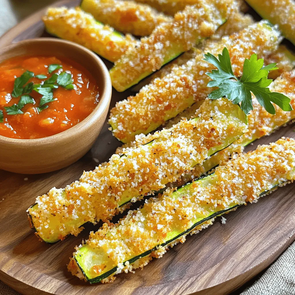 - 2 large zucchinis - 1 cup all-purpose flour - 2 large eggs, beaten - 1 cup panko breadcrumbs - ½ cup finely grated Parmesan cheese - 1 teaspoon garlic powder - 1 teaspoon Italian seasoning - Salt and freshly ground black pepper - Olive oil spray To make crispy Parmesan crusted zucchini fries, gather these ingredients. Start with the zucchinis. They should be large and fresh. Cut them into fry-shaped strips. This shape helps them cook evenly. You'll need flour for the first coating. It helps the egg stick. The eggs should be beaten until mixed well. This is the second step in the coating process. For a crunchy texture, use panko breadcrumbs. They give the fries a delightful crunch. Parmesan cheese adds rich flavor. Grate it finely for the best results. Garlic powder boosts the taste. Italian seasoning brings herbs into the mix. Don’t forget salt and pepper for more flavor. Finally, use olive oil spray. This helps achieve that golden, crispy finish. It’s essential for the best texture without extra calories. For dipping, marinara sauce works great. You can also try ranch or a creamy dip. Present the fries on a large platter. Add a sprinkle of parsley for color. This makes the dish look even better. Enjoy your crispy zucchini fries with family and friends! First, set your oven to 425°F (220°C). This is the perfect temperature for crispy zucchini fries. While the oven heats, line a baking sheet with parchment paper. This helps with easy cleanup and keeps the fries from sticking. Next, prepare three shallow bowls to make breading simple: - First bowl: fill it with 1 cup of all-purpose flour. - Second bowl: add 2 beaten large eggs. Make sure they are well-mixed. - Third bowl: mix together 1 cup of panko breadcrumbs, ½ cup of finely grated Parmesan cheese, 1 teaspoon of garlic powder, 1 teaspoon of Italian seasoning, and salt and pepper to taste. Stir well to blend the spices. Now it’s time to coat the zucchini fries. Take each fry and dip it into the flour first. Cover it well, then shake off any extra flour. Next, dip the fry into the beaten eggs. Let any excess egg drip back into the bowl. Finally, roll the fry in the panko-Parmesan mix. Press gently so the breadcrumbs stick well. Place the coated zucchini fries in a single layer on the lined baking sheet. Make sure they don’t touch each other. This helps them cook evenly. Lightly spray the tops of the fries with olive oil. This will make them golden and crispy. Bake them for 20-25 minutes. Flip the fries halfway through to ensure they get crispy on all sides. After baking, take the fries out of the oven when they are golden brown. Let them cool for a few minutes on the baking sheet. This short cooling time helps them firm up a bit before you serve them. Enjoy your tasty crispy parmesan crusted zucchini fries! To make your zucchini fries super crispy, use panko breadcrumbs. They are light and airy, unlike regular breadcrumbs. This makes for a crunchier texture. When coating, dip each fry fully in flour first. Shake off the extra flour. Next, coat it in the egg, letting the excess drip off. Finally, roll it in the panko-Parmesan mix. Press down gently to help it stick. Customizing flavors is easy. You can add your favorite spices to the breadcrumb mix. Try smoked paprika for a smoky taste. A pinch of cayenne pepper gives a nice kick. If you love herbs, add dried oregano or thyme. Adjust salt and pepper to fit your taste buds. One mistake is overcrowding the baking sheet. If fries touch, they won’t cook evenly. Leave space between each fry for hot air to circulate. Another mistake is inadequate coating. Make sure to coat each fry fully in flour, egg, and breadcrumbs. This ensures every bite is delicious and crispy. {{image_4}} You can turn up the heat by adding cayenne pepper or chili powder to the breadcrumb mix. Start with half a teaspoon and adjust to your taste. This will give your zucchini fries a nice kick. Mix the spices well into the breadcrumbs to ensure an even flavor. You will love the extra zest! Fresh herbs can make your fries even tastier. Try adding chopped basil, parsley, or oregano to the breadcrumb mix. Use about one tablespoon of fresh herbs. This adds a bright and fresh flavor to each bite. It also makes your dish look colorful and appealing. If you need a gluten-free option, swap the all-purpose flour for almond flour or rice flour. For the breadcrumbs, use gluten-free panko or crushed gluten-free crackers. This way, everyone can enjoy these delicious fries. Always check the labels to ensure your ingredients are gluten-free. After making crispy zucchini fries, let them cool completely. Then, place them in an airtight container. Store them in the fridge. They taste best if eaten within 2-3 days. This helps keep their flavor fresh. Avoid stacking them to prevent sogginess. To keep your fries crispy, use the oven. Preheat it to 375°F (190°C). Spread the fries on a baking sheet. Heat for about 10-15 minutes. You can also use an air fryer for extra crispiness. Set it to 350°F (175°C) and heat for about 5-8 minutes. Yes, you can freeze zucchini fries! First, bake them as per the recipe. Allow them to cool completely. Then, place them in a single layer on a baking sheet. Freeze for a few hours. Once frozen, transfer them to a freezer bag. They will stay fresh for up to 3 months. When ready to eat, bake directly from frozen. Yes, you can use many vegetables. Eggplant, carrots, or sweet potatoes work well. Just cut them into fry shapes. Each vegetable has a unique taste. Adjust cooking time based on thickness. To make zucchini fries in an air fryer, follow these steps: - Preheat your air fryer to 400°F (200°C). - Prepare the zucchini fries as usual. - Arrange them in a single layer in the air fryer basket. - Cook for 10-15 minutes. - Shake the basket halfway through for even cooking. This method gives you great crunch with less oil. Many sauces go well with these fries. Here are some favorites: - Marinara sauce for a classic touch. - Ranch dressing for a creamy dip. - Garlic aioli for a gourmet twist. - Spicy ketchup if you like heat. Experiment with flavors to find your favorite. Yes, you can prepare zucchini fries ahead of time. Bread the fries and store them in the fridge for a few hours. For longer storage, freeze them before baking. Just remember to add a few extra minutes to the baking time if cooking from frozen. These zucchini fries are simple, tasty, and perfect for snacks or sides. We covered the main ingredients, seasoning, and serving ideas. The step-by-step guide ensures easy prep and baking. Plus, tips help improve crispiness and flavor. You can even customize with variations for spice or gluten-free options. Remember to store extras properly to keep them fresh. Enjoy making and sharing these delightful fries with friends and family!