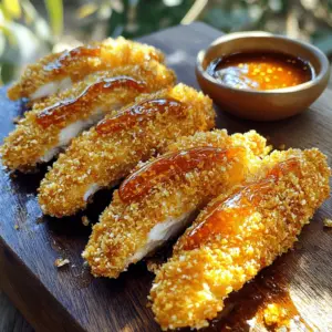 - 1 pound chicken tenders - 1/2 cup all-purpose flour - 1/2 cup panko breadcrumbs - 1/3 cup honey - 1/4 cup Sriracha sauce - 1/2 teaspoon paprika - 1/2 teaspoon garlic powder - 1/2 teaspoon salt - 1/2 teaspoon black pepper - 2 large eggs - 2 tablespoons soy sauce - 1 tablespoon lime juice - Cooking oil (for frying) When making Sriracha honey chicken tenders, you need a few basic items. First, gather your main ingredients. You will need one pound of chicken tenders. They are easy to cook and very tasty. Use half a cup of all-purpose flour for coating. The flour helps the breading stick well. Grab half a cup of panko breadcrumbs for extra crunch. They make the tenders crispy and golden. Next, you will need honey and Sriracha sauce. You will use one-third cup of honey for sweetness. The quarter cup of Sriracha sauce adds a spicy kick. This blend of sweet and spicy creates a great flavor. For seasoning, you need a few simple items. Use half a teaspoon of paprika for a smoky taste. Garlic powder adds depth with another half teaspoon. You will also need half a teaspoon each of salt and black pepper. These seasonings bring out the chicken's natural flavor. Finally, use two large eggs to help the breading stick. You need two additional ingredients for the sauce. Use two tablespoons of soy sauce for a salty boost. One tablespoon of lime juice brightens the sauce with some tang. Lastly, you need cooking oil for frying. This helps achieve that perfect crispy texture. With these ingredients, you are set to create bold and flavorful Sriracha honey chicken tenders! - In a medium bowl, mix the all-purpose flour, paprika, garlic powder, salt, and black pepper. This creates your seasoned flour. - Take each chicken tender and dip it into the seasoned flour. Make sure it is covered evenly. - Next, dip the floured tender into the whisked eggs. Let any extra egg drip off. - Finally, coat the tender with panko breadcrumbs. Press gently so the crumbs stick well. Set the coated tenders aside on a plate or rack. - In a small saucepan, combine the honey, Sriracha sauce, soy sauce, and lime juice. Mix well. - Heat the sauce over medium heat for about 2-3 minutes. This helps blend the flavors. - Once warm, remove the saucepan from heat. Set the finished sauce aside for later. - Pour cooking oil into a large skillet. You want about 1/4 inch of oil. Heat it over medium-high heat. - To check if the oil is ready, drop a small piece of bread into it. If it sizzles, you are good to go. - Carefully add the chicken tenders to the hot oil. Fry in batches to avoid overcrowding. - Cook each tender for about 3-4 minutes on each side. Look for a golden brown color. - Use a meat thermometer to check doneness. The internal temperature should reach 165°F. - Importance of panko breadcrumbs: Panko breadcrumbs create a light and crunchy coating. They absorb less oil, making your chicken tenders crispy without being greasy. - Proper oil temperature for frying: Heat the oil to medium-high. You can test it by dropping a small piece of bread in. If it sizzles, the oil is ready. This step is key for a perfect fry. - Avoiding overcrowding in the skillet: Fry in small batches. If you overcrowd the pan, the temp drops. This leads to soggy tenders instead of crispy ones. - Adjusting sweetness and spice levels: You can tweak the honey and Sriracha. For a sweeter taste, add more honey. If you crave heat, increase the Sriracha. - Using alternative sauces: You can swap Sriracha for another hot sauce. Try chipotle sauce for a smoky kick or garlic sauce for a different flavor. - Serving suggestions for the sauce: Drizzle the sauce over the tenders or serve it on the side. You can even use it as a dip for veggies or fries. - Recommended side dishes: These chicken tenders pair well with coleslaw or rice. You can also serve them with sweet potato fries for a tasty mix. - Pairing with dipping sauces: Try ranch or blue cheese dressing alongside the Sriracha honey sauce. This adds more flavor and fun to your meal. - Creative presentation ideas: Arrange the tenders on a platter with colorful veggies. Use small bowls for sauces. This makes your dish look inviting and festive. {{image_4}} You can make Sriracha honey chicken tenders in a healthier way. Try baking instead of frying. Baking uses less oil, making it a lighter option. You can also use whole wheat flour or gluten-free flour for a different twist. This adds fiber and nutrients. Consider adding vegetables, like bell peppers or zucchini, to the dish for extra flavor and health benefits. Get creative with your flavors! Use different hot sauces to change the heat level. You could try a smoky chipotle sauce or a tangy buffalo sauce. Add herbs and spices to the coating, like oregano or cayenne pepper, for a unique taste. You can even make a teriyaki or BBQ version by swapping the Sriracha and honey with your favorite BBQ sauce or teriyaki glaze. If you follow a vegan diet, use plant-based chicken tenders. They work great with the same coating and sauce. For low-carb options, consider using cauliflower instead of chicken. This creates a tasty and crunchy snack. Remember to check for allergens too! If someone is allergic to eggs, use a flaxseed or chia seed mix as a binding agent. These swaps keep everyone happy and safe. To keep your chicken tenders fresh, store them right. Place the leftovers in an airtight container. You can also use plastic wrap to cover them tightly. Make sure they cool down first to prevent moisture. Store them in the fridge for up to three days. You can reheat chicken tenders in two ways: the oven or the microwave. For the oven, preheat it to 375°F. Place the tenders on a baking sheet and heat for about 10-15 minutes. This keeps them crispy. If using a microwave, place them on a plate and cover with a damp paper towel. Heat for about 1-2 minutes. This method may make them softer, so it's best for quick meals. Freezing is a great way to save chicken tenders for later. First, let them cool completely. Then, wrap each tender in plastic wrap. Place them in a freezer bag, removing as much air as you can. This helps prevent freezer burn. They can last up to three months in the freezer. To thaw, place them in the fridge overnight. Reheat as mentioned above to enjoy them again! To keep your chicken tenders crispy, focus on the coating and frying. First, the panko breadcrumbs add crunch. They’re lighter than regular breadcrumbs. Second, make sure your oil is hot enough. Test it with a piece of bread. If it sizzles, you’re ready. Fry the tenders in small batches. This way, they cook evenly and don’t steam. Yes, you can prepare the sauce ahead. Just mix the honey, Sriracha, soy sauce, and lime juice in a saucepan. Heat it until warm, then let it cool. Store it in a sealed jar in the fridge. It will last up to a week. Just remember to reheat it before serving. You can try many dips with Sriracha honey chicken tenders. Here are some great options: - Ranch dressing - Blue cheese dressing - Creamy garlic sauce - Sweet chili sauce These dips will add extra flavor and depth to your meal. Enjoy experimenting! This blog post shared key steps to prepare Sriracha honey chicken tenders. You learned about essential ingredients, step-by-step cooking instructions, and tips for the crispest texture. We also explored tasty variations and storage methods to keep your leftovers fresh. Embrace your creativity in the kitchen. Enjoy customizing the sauce and trying healthier alternatives. With these tips, you can create delicious meals that impress friends and family. Happy cooking!